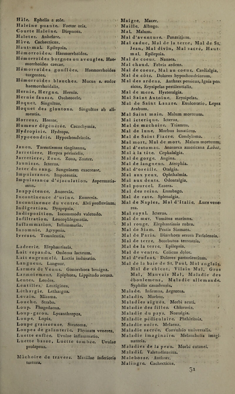 Hale. Ephelis a sole. > > Hale ine puante. Foetor oris. Courte Haleine. Dispnoea. H a 1 e t e r. Anhelare. k Have. Cachecticus. Haut*mal. Epilepsia. Hemorroides. Haeinorrho'ides. Elemorroi’des borgnes ou aveugles, Hae- morrhoides caecae. Hemorroides go n flees, Haemorrlioides turgentes. Hemorroides blanches. Mucus s. sudor haemorrhoidalis. Hernie, Hergne. Hernia. Hernie fausse. Oscheocele. Hoquet. Singultus. Hoquet des gloutons. Singultus ab ali- mentis. Horreur. Horror. Humeur degen eree. Cacochymia. Hydro pisie. Hydrops. Hypocondrie. Hypochondria sis. Jan on. Tarentismus tingitanus. Jarretiere. Herpes periscelis. Jarretiere, Zone. Zona, Zoster. Jaunisse. Icterus. Jeter du sang. Sanguinem cxscreare. I in p u i s s a n c e. Impotentia. Impuissance d’ejaculation. Aspermatis- mus.. In appetence. Anorexia. Incontinence d’urine. Enuresis. Incontinence du ventre. Alvi profluvium. Indigestion. Dyspepsia. Indisposition. Incommoda valetudo. Infiltration. Leucophlegmatia. Inflammation. Inflammatio. Insomnie. Agrypnia* Ivresse. Temulentia. Ladrerie. Elephantiasis. La it repan du. Oedema Iacteum. Lait engrumele. Lactis induratio. Langueur. Languor. Larmes de Venus. Gonorrhoea benigna. Larmoiement. Epiphora, Lippitudo serosa. L entes. Lendes. Lentilles. Lentigines. Lethargic. Lethargus. Leva in. Miasma. Louche. Strabo. Loup. Fhagedacna. Loup - gar ou. Lycanthropos. Loupe. Lupia. Loupe graisseuse. Steatoma.  Loupes d e g a 1 a n t e r i e. Phyinata venerea. Luette enflee. Uvulae inflammatio. Luette basse, Luette torabee. Uvulae prolapsus. •' • . hi a ch o ire de t ravers. Maxillae inferioris tortura. Maigre. Macer. . * . - -•* Maille. Albugo. v Mai. Malum. Mai d’aventure. Panaritium. Mai ca duc, Mai de la terr e, Mai de St.' Jean, Mai divin, Mai sapre, Haut- mal. Epilepsia. Mai de coeur. Nausea. Mal chaud. Febris ardens. Mal de co eur, Mal au coeur. Cardialgia. Mal de cote. Dolores hypochondriorum. Mal des ardens. Anthrax persicus, Ignis per* sicus, Erysipelas pestilentialis. Mal de mere. Hysteralgia. Mal Saint Antoine. Erysipelas. Mal de Saint Lazare. Exulceratio, Lepra Arabum. ' Mal Sa i n t main. Malum mortuum. Mal icterique. Icterus. Mal de ma choir e. Trismus. Mal de lune. Morbus lunaticus. Mal de Saint Fiacre. Condyloma. Mal mort, Mal de mort. Malum mortuum; Mal d’estomac. Anasarca americana Labat, Mal .a la tete. Cephalalgia. Mal de gorge. Angina. Mal d e langueur. Atrophia. Mal d’oreiile. Otalgia. Mal auxyeux. Ophthalmia. Mal aux dents. Odontalgia. Mal pour cel. Essera. Mal des reins. Lumbago. ' Mal de rate. Splenalgia. Mal de Naples, Mal d’ltalie. Lues vene* rea. Mal royal. Icterus. Mal de mer. Vomitus marinus. Mal rouge. Elephantiasis rubra. Mal de Siam. Pestis Siamaea. Mal de Paris. Diarrhoea serosa Parisiensis. Mal de terre. Scorbutus terrestris. Mal de la terre. Epilepsia. < Mal de ventre. Colicus dolor. Mal d’ enfant. Dolores parturientium. Mal de la ba ie d e S t. Pau 1, Mal ang 1 ai§, Mal de chicot, Vilain Mal, Gros Mal, Mauvais Mal, Maladie des eboulemens, Maladie allemande. Syphilis canadensis* Malade. Infirrnus, Aegrotus. Maladie. Morbus. '* Maladies aigues. Morbi acuti. Maladie des filles. Chlorosis. •> Maladie du pays. Nostalgia. Maladie pediculaire. Plithiriasis, Maladie noire. Mclaena. Maladie sacree. Convulsio universalis. Maladie imaginaire. Melancholia imagi- na toria. > Maladies de la peau. Morbi cutanei. Maladif. Valetudinarius. M a 1 e bo s s e. Anthrax. Malingre. Cachecticus,