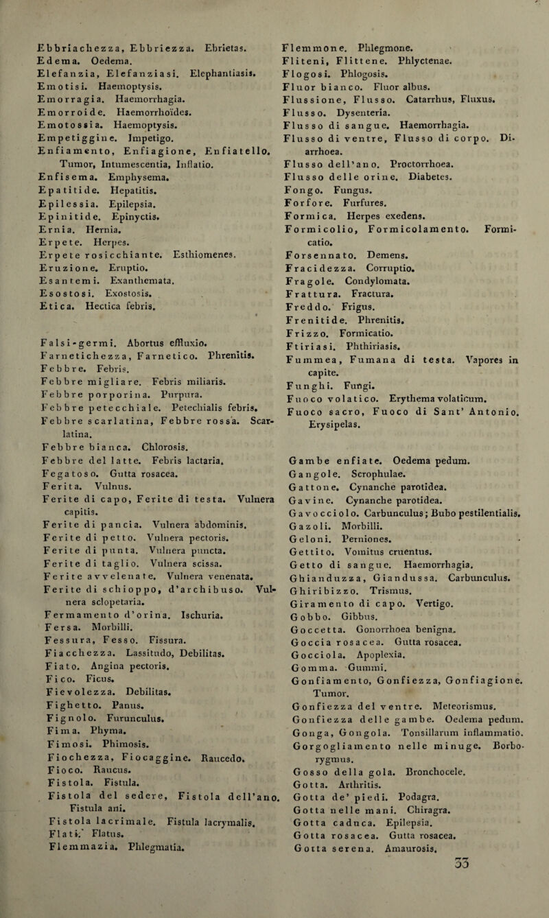 Ebbriacliezza, Ebbriezza. Ebrietas. Edema. Oedema. Elefanzia, Elefanziasi. Elephantiasis. Emotisi. Haemoptysis. Emorragia. Haemorvhagia. Emorroide. Haemorrhoides. Emotossia. Haemoptysis. Empetiggine. Impetigo. Enfiamento, Enfiagione, Enfiatello. Tumor, Intumescentia, Inflatio. Enfisema. Emphysema. Epatitide. Hepatitis. Epilessia. Epilepsia. Epinitide. Epinyctis. Ernia. Hernia. Erpete. Herpes. Erpete rosicchiante. Esthiomenes. Eruzione. Eruptio. Esantemi. Exanthemata. Esostosi. Exostosis. Etica. Hecdca febris. Falsi-germi. Abortus eJfRuxio. Farnetichezza, Farnetico. Phrenitis. Feb b re. Febris. Fcbbre nxigliare. Febris miliaris. F e b b r e p o r p o r i n a. Purpura. Feb b re petecchiale. Petechialis febris. Feb b re scarlatina, Febbre rossa. Scar¬ latina. Febbre bianca. Chlorosis. Febbre del latte. Febris lactaria. Fegatoso. Gutta rosacea. Ferita. Vulnus. Ferite di capo, Ferite di testa. Vulnera capitis. Vulnera abdominis. Vulnera pectoris. Vulnera puncta. Vulnera scissa. Ferite avvelenate. Vulnera venenata. Ferite di schioppo, d’archibuso. Vul¬ nera sclopetaria. Fermamento d’orina. Ischuria. Fersa. Morbilli. Fes sura, Fes so. Fissura. Fiacchezza. Lassitudo, Debilitas. Fiato. Angina pectoris. Fico. Ficus. Fievolezza. Debilitas. Fighetto. Panus. Fig nolo. Furunculus. Fima. Phyma. Ferite di pancia. Ferite di petto. Ferite di punt a. Ferite di taglio. Fimosi. Phimosis. Fiochezza, Fiocaggine. Raucedo. Fioco. Raucus. Fistola. Fistula. Fis tola del sedere, Fistola dell’ano. Fistula ani. Fistola lacrinxale. Fistula lacrymalis. Flat if Flatus. Flemmazia. Plilegmatia. Flemmone. Phlegmone. Fliteni, Flittene. Phlyctenae. F1 o g o s i. Phlogosis. Fluor bianco. Fluor albus. Flussione, Flusso. Catarrhus, Fluxus. FI us so. Dysenteria. Flusso di sangue. Haemorrhagia. Flusso di ventre, Flusso di corpo. Di¬ arrhoea. Flusso dell’ano. Proctorrhoea. Flusso delle orine. Diabetes. Fongo. Fungus. For fore. Furfures. Formica. Herpes exedens. Formicolio, Formicolamento. Formi- catio. Forseixnato. Demens. Fracidezza. Corruptio. Fragole. Condylomata. Frattura. Fractura. Fred do. Frigus. Frenitide. Phrenitis. Frizz o. Formicatio. Ftiriasi. Phthiriasis. Furnmea, Fumana di testa. Vapores in capite. Funghi. Fungi. Fuoco volatico. Erythemavolaticum. Fuoco sacro, Fuoco di Sant’ Antonio. Erysipelas. Gambe enfiate. Oedema pedum. Gangole. Scrophulae. Gattoxxe. Cynanche parotidea. Gaviixe. Cynanche parotidea. Gavocciolo. Carbunculus; Bubo pestilentialis. Gazoli. Morbilli. Geloni. Perniones. Gettito. Vonxitus cruentus. Getto di sangue. Haemorrhagia. Ghiaixduzza, Giandussa. Carbunculus. Ghiribizzo. Trismus. Giramento di capo. Vertigo. Gob bo. Gibbxxs. Goccetta. Gonorrhoea benigna. Goccia rosacea. Gutta rosacea. Gocciola. Apoplexia. Go mm a. Gummi. Gonfiamento, Gonfiezza, Gonfiagione. Tumor. Gonfiezza del ventre. Meteorisnxus. Gonfiezza delle gambe. Oedema pedum. Gonga, Gongola. Tonsillarum inflammatio. Gorgogliamento nelle minuge. Borbo- rygmus. Gosso della gola. Bronchocele. Gotta. Arthritis. Gotta de’ piedi. Podagra. Gotta nelle mani. Chiragra. Gotta caduca. Epilepsia. Gotta rosacea. Gutta rosacea. Gotta serena. Amaurosis. 53