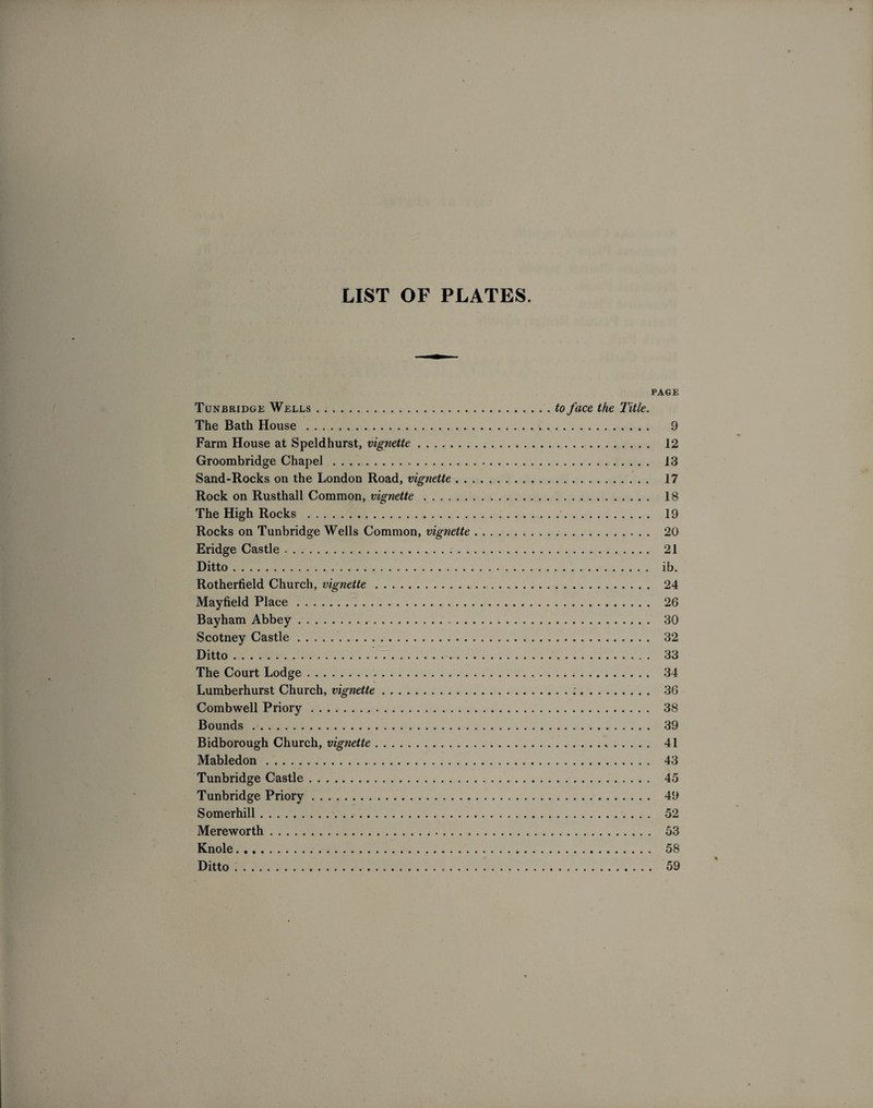 LIST OF PLATES. PAGE Tunbridge Wells.to face the Title. The Bath House. 9 Farm House at Speldhurst, vignette. 12 Groombridge Chapel. 13 Sand-Rocks on the London Road, vignette. 17 Rock on Rusthall Common, vignette. 18 The High Rocks . 19 Rocks on Tunbridge Wells Common, vignette. 20 Eridge Castle. 21 Ditto. ib. Rotherfield Church, vignette. 24 Mayfield Place. 26 Bayham Abbey. 30 Scotney Castle. 32 Ditto. 33 The Court Lodge. 34 Lumberhurst Church, vignette.;. 36 Combwell Priory. 38 Bounds. 39 Bidborough Church, vignette. 41 Mabledon. 43 Tunbridge Castle. 45 Tunbridge Priory. 49 Somerhill. 52 Mereworth. 53 Knole. 58 Ditto .. 59