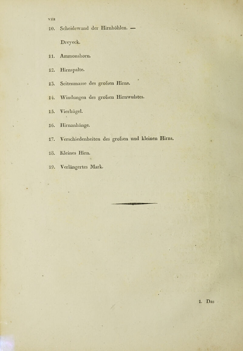 Scheidewand der Hirnhöhlen. — Dreyeck. Ammonshorn. Hirnspalte. •r Seitenmasse des grofsen Hirns. Windungen des grofsen Hirnwulstes. Vierhügel. Hirnanhänge. Verschiedenheiten des grofsen und kleinen Hirns, Kleines Hirn. Verlängertes Mark.