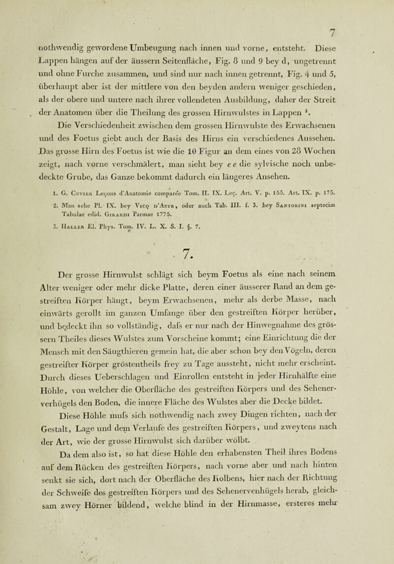 / nothwendig gewordene Umbeugung nach innen und vorne, entsteht. Diese Lappen hängen auf der äussern Seitenfläche, Fig. 8 und 9 bey d, ungetrennt und ohne Furche zusammen, und sind nur nach innen getrennt, Fig. 4 und 5, überhaupt aber ist der mittlere von den beyden andern weniger geschieden, als der obere und untere nach ihrer vollendeten Ausbildung, daher der Streit der Anatomen über die Theilung des grossen Hirnwulstes in Lappen 3. Die Verschiedenheit zwischen dem grossen Hirnwulste des Erwachsenen und des Foetus giebt auch der Basis des Hirns ein verschiedenes Aussehen. Das grosse Hirn des Foetus ist wie die 10 Figur an dem eines von 28 Wochen zeigt, nach vorne verschmälert, man sieht bey ee die sylvische noch unbe¬ deckte Grube, das Ganze bekommt dadurch ein längeres Ansehen. 1. G. Cuvier Le^ons d’Anatomie compare'e Tom. II. IX. Le^. Art. V. p. 155. Art. IX. p. 175. 2. Man sehe PI. IX. bey Vicq d’Azyr, oder auch Tab. III. f. 3. bey Santorini septecim Tabulae edid. Girardi Parmae 1775. 3. IIaeler El. Phys. Tom. IV. L. X. S. I. §. 7. 7. Der grosse Flirnwulst schlägt sich beym Foetus als eine nach seinem Alter weniger oder mehr dicke Platte, deren einer äusserer Rand an dem ge¬ streiften Körper hängt, beym Erwachsenen, mehr als derbe Masse, nach einwärts gerollt im ganzen Umfange über den gestreiften Körper herüber, und bedeckt ihn so vollständig, dafs er nur nach der Hinwegnahme des gros¬ sem Theiles dieses Wulstes zum Vorscheine kommt; eine Einrichtung die der Mensch mit den Säugthieren gemein hat, die aber schon bey den Vögeln, deren gestreifter Körper gröstentheils frey zu Tage aussteht, nicht mehr erscheint. Durch dieses Ueberschlagen und Einrollen entsteht in jeder Hirnhälfte eine Höhle, von welcher die Oberfläche des gestreiften Körpers und des Sehener- verhiicrels den Boden, die innere Fläche des Wulstes aber die Decke bildet. ö Diese Plöhle mufs sich nothwendig nach zwey Dingen richten, nach der Gestalt, Lage und dem Verlaufe des gestreiften Körpers, und zweytens nach der Art, wie der grosse Flirnwulst sich darüber wölbt. Da dem also ist, so hat diese Höhle den erhabensten Theil ihres Bodens auf dem Rücken des gestreiften Körpers, nach vorne abei und nach hinten senkt sie sich, dort nach der Oberfläche des Kolbens, hier nach der Richtung der Schweife des gestreiften Körpers und des Sehenervenhügels herab, gleich¬ sam zwey Flörner bildend, welche blind in der Hirnmasse, ersteres mehr