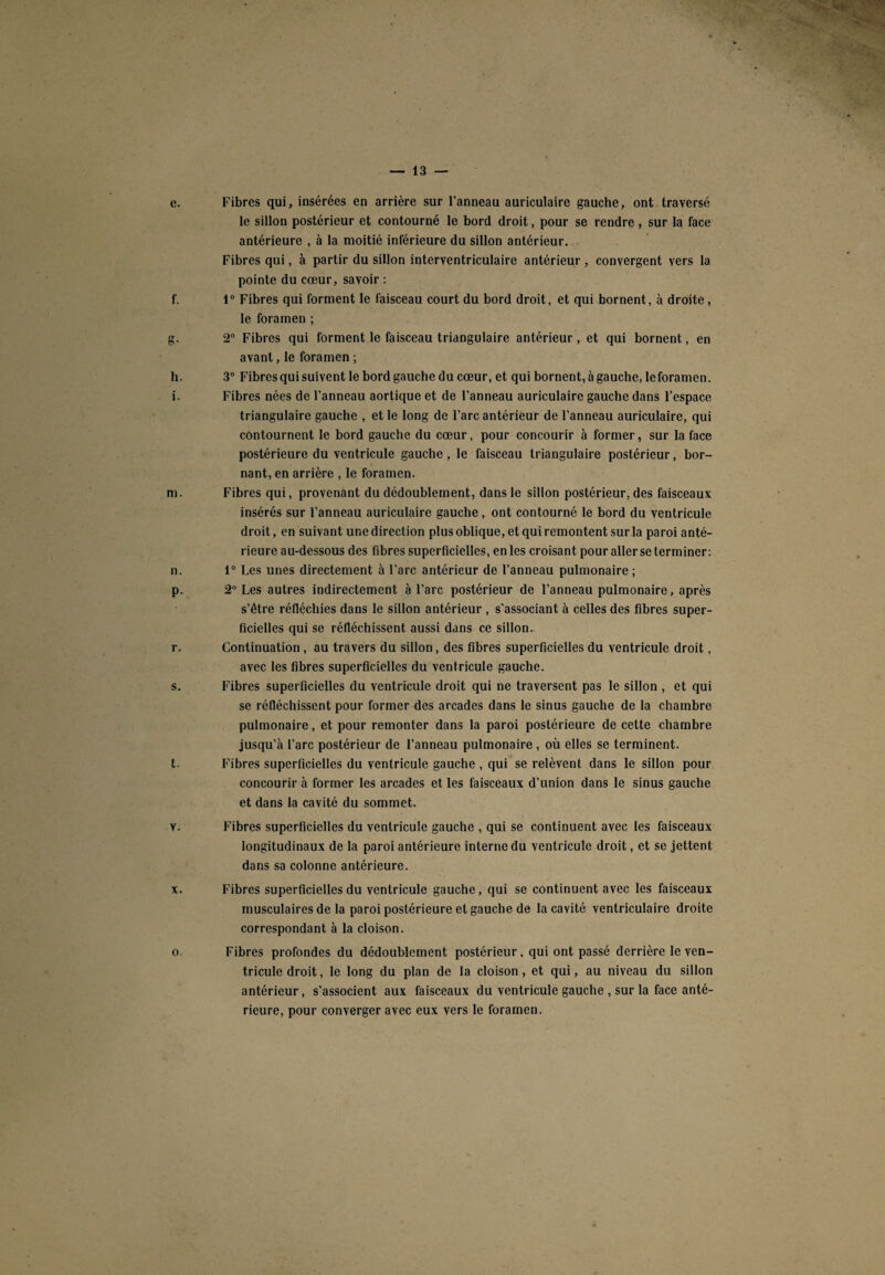Fibres qui, insérées en arrière sur l’anneau auriculaire gauche, ont traversé le sillon postérieur et contourné le bord droit, pour se rendre , sur la face antérieure , à la moitié inférieure du sillon antérieur. Fibres qui, à partir du sillon interventriculaire antérieur, convergent vers la pointe du cœur, savoir : 1° Fibres qui forment le faisceau court du bord droit, et qui bornent, à droite , le foramen ; 2° Fibres qui forment le faisceau triangulaire antérieur, et qui bornent, en avant, le foramen ; 3° Fibres qui suivent le bord gauche du cœur, et qui bornent, à gauche, leforamen. Fibres nées de l’anneau aortique et de l’anneau auriculaire gauche dans l’espace triangulaire gauche , et le long de l’arc antérieur de l’anneau auriculaire, qui contournent le bord gauche du cœur, pour concourir à former, sur la face postérieure du ventricule gauche , le faisceau triangulaire postérieur, bor¬ nant, en arrière , le foramen. Fibres qui, provenant du dédoublement, dans le sillon postérieur,des faisceaux insérés sur l’anneau auriculaire gauche, ont contourné le bord du ventricule droit, en suivant une direction plus oblique, et qui remontent sur la paroi anté¬ rieure au-dessous des fibres superficielles, en les croisant pour aller se terminer: 1° Les unes directement à l’arc antérieur de l’anneau pulmonaire ; 2° Les autres indirectement à l’arc postérieur de l’anneau pulmonaire, après s’étre réfléchies dans le sillon antérieur , s'associant à celles des fibres super¬ ficielles qui se réfléchissent aussi dans ce sillon. Continuation , au travers du sillon, des fibres superficielles du ventricule droit, avec les fibres superficielles du ventricule gauche. Fibres superficielles du ventricule droit qui ne traversent pas le sillon , et qui se réfléchissent pour former des arcades dans le sinus gauche de la chambre pulmonaire, et pour remonter dans la paroi postérieure de cette chambre jusqu’à l’arc postérieur de l’anneau pulmonaire , où elles se terminent. Fibres superficielles du ventricule gauche , qui se relèvent dans le sillon pour concourir à former les arcades et les faisceaux d’union dans le sinus gauche et dans la cavité du sommet. Fibres superficielles du ventricule gauche , qui se continuent avec les faisceaux longitudinaux de la paroi antérieure interne du ventricule droit, et se jettent dans sa colonne antérieure. Fibres superficielles du ventricule gauche, qui se continuent avec les faisceaux musculaires de la paroi postérieure et gauche de la cavité ventriculaire droite correspondant à la cloison. Fibres profondes du dédoublement postérieur, qui ont passé derrière le ven¬ tricule droit, le long du plan de la cloison, et qui, au niveau du sillon antérieur, s’associent aux faisceaux du ventricule gauche , sur la face anté¬ rieure, pour converger avec eux vers le foramen.