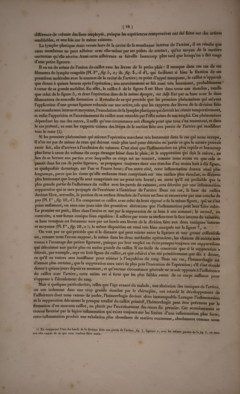 différence de volume des liens employés, puisque les expériences comparatives ont été faites sur des artères semblables, et une fois sur le meme vaisseau. La lymphe plastique étant versée hors de la cavité de la membrane interne de l’artère, il en resuite que cette membrane ne peut adhérer avec elle-même par ses points de contact, qu’au moyen de la matière onctueuse qu’elle sécrète. Aussi cette adhérence se fait-elle beaucoup plus lard que lorsqu’on a fait usage d’une petite ligature. Il en est de même de l’union du caillot avec les lèvres de la petite plaie : il manque dans ces cas de ces filaments de lymphe coagulée (PI. YG,fig. 5, c; ib. fig. 5, d d), qui facilitent si bien la fixation de ses premières molécules avec le sommet de la cavité de l’artère ; ce point d’appui manquant, le caillot n apparaît que douze à quinze heures après l’opération; son accroissement se fait aussi très lentement, probablement à cause de sa grande mobilité. En effet, le caillot b de la figure 3 est libre dans toute son étendue, tandis que celui de la figure 5, et dont l’opération date de la même époque, est déjà fixé par sa base avec le tissu filamenteux de nouvelle formation c. 11 résulte de ce qui précède que les premiers phénomènes qui suivent l’application d’une grosse ligature rubanée sur une artère, tels que les rapports des lèvres de la division faite aux membranes interne et moyenne, l’exsudation de la lymphe plastique qui devrait les réunir temporairement, et enfin l’apparition et l’accroissement du caillot sont retardés par l’effet même de son emploi. Ces phénomènes dépendant les uns des autres, il suffit qu’une circonstance soit changée pour que tous s’en ressentent, et dans le cas présent, ce sont les rapports vicieux des lèvres de la section faite aux parois de l’artère qui modifient tout le reste (i). Si les premiers phénomènes qui suivent l’opération marchent très lentement dans le cas qui nous occupe, il n’en est pas de même de ceux qui doivent venir plus tard pour détruire en partie ce que la nature pouvait avoir fait, afin d’arriver à l’occlusion du vaisseau. C’est ainsi que l’inflammation est plus rapide et beaucoup plus forte à cause du volume du corps étranger laissé dans la plaie; et la suppuration qui doit la suivre, au heu de se borner aux parties avec lesquelles ce corps est en contact, comme nous avons vu que cela se passait dans les cas de petite ligature, se propagera toujours dans une étendue d’au moins huit à dix lignes, et quelquefois davantage, sur l’un et l’autre bout ; d’un autre coté, cette inflammation durera aussi plus longtemps, parce que les tissus qu’elle embrasse étant comprimés sur une surface plus étendue, se divisent plus lentement que lorsqu’ils sont comprimés sur un point très borné ; en sorte qu’il est probable que la plus grande partie de l’adhérence du caillot avec les parois du vaisseau, sera détruite par une inflammation suppurative qui se sera propagée de l’extérieur à l’intérieur de l’artère. Dans ces cas, la base du caillot devient libre, arrondie, la portion de sa surface détachée de l’artère est lisse et recouverte par une couche de pus (PI. lre 10, d). En comparant ce caillot avec celui du bout opposé e de la même figure, qui ne s’est point enflammé, on aura une juste idée des premières altérations que l’inflammation peut leur faire subir. Le premier est petit, libre dans l’artère et usé par la suppuration de sa base à son sommet; le second, au contraire, a une forme conique bien régulière: il adhère par toute sa surface avec la face interne du vaisseau; sa base tronquée est fortement unie par ses bords aux lèvres de la division faite aux deux tuniques interne et moyenne (PI. V* yfig. 10, c ); la même disposition est aussi très bien marquée sur la figure 7, e. On voit par ce qui précède que si la distance qui peut exister entre la ligature et une grosse collatérale est, comme nous l’avons supposé, la même dans les deux méthodes opératoiresj les chances de succès sont toutes à l’avantage des petites ligatures, puisque par leur emploi on évite presque toujours ces suppurations qui détruisent une partie plus ou moins grande du caillot. Il est facile de concevoir que si la suppuration a détruit, par exemple, sept ou huit lignes du caillot,et que celui-ci n’en eût primitivement que dix à douze, ce qu’il en restera sera insuffisant pour résister à l’impulsion du sang. Dans ces cas, l’hémorrhagie est d autant plus certaine, que la suppuration aura suivi de plus près l’exécution de l’opération; s’il s’est écoulé douze à quinze jours depuis ce moment, et qu’aucune circonstance générale ne se soit opposée à l’adhérence du caillot avec l’artère, cette union est si forte que les plus faibles restes de ce corps suffisent pour s’opposer à l’écoulement du sang. Mais si quelques particularités, telles que l’âge avancé du malade, une altération des tuniques de l’artère ou son isolement dans une trop grande étendue par le chirurgien, ont retardé le développement de 1 adhérence dont nous venons de parler, l’hémorrhagie devient alors immanquable. Lorsque l’inflammation et la suppuration détruisent la presque totalité du caillot primitif, l’hémorrhagie peut être prévenue par la formation d’un nouveau caillot, ou plutôt par l’accroissement des restes du premier. Cet accroissement se trouve favorisé par la légère inflammation qui existe toujours sur les limites d’une inflammation plus forte- cette inflammation produit une exhalation plus abondante de matière onctueuse, absolument comme nous (i) En comparant 1 état des bords de la division faite aux parois de Tai-r^P /?«. o i- . , ... ; , , r • P dUe,e>y*S- 3, ligature n, avec les mêmes parties de la fie 5 on a.„- «ne idee exacte de ce que nous voulons faire sentir. * e on aui<