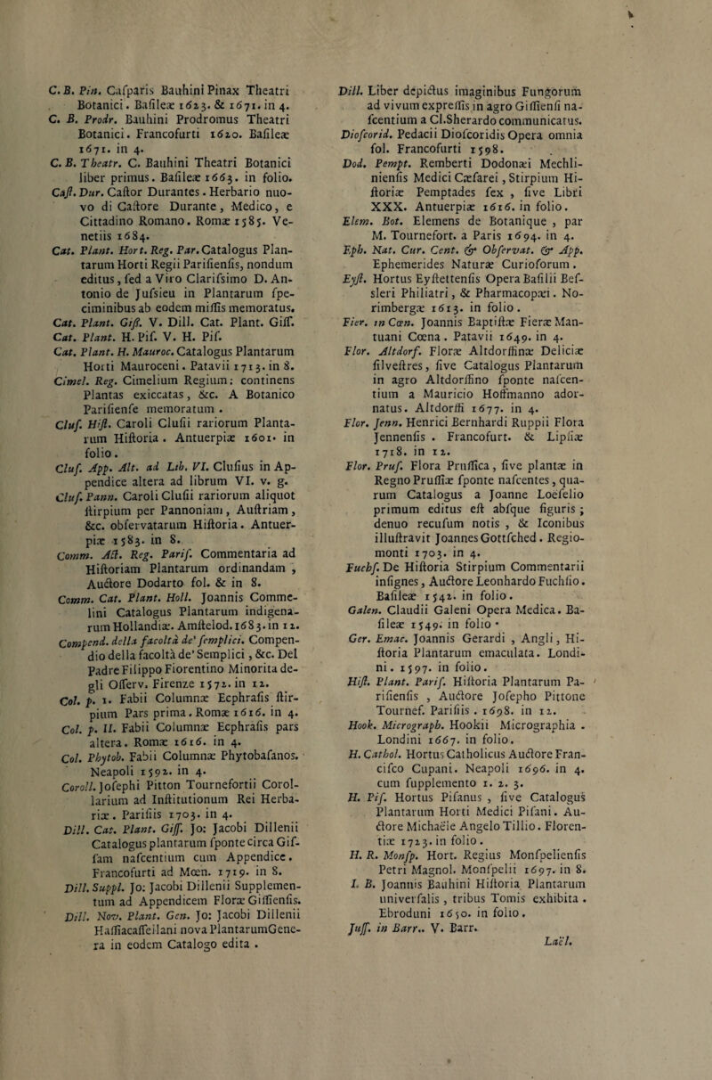 C.B. Pin. Carparis Bauhini Pinax Theatri Botanici. Bafileae 1623. & 1671. in 4. C. B. Prodr. Bauhini Prodromus Theatri Botanici. Francofurti 1620. Bafileae 1671. in 4. C.B. Theatr. C. Bauhini Theatri Botanici liber primus. Bafileae 1653. in folio. Caji. Dur. Caftor Durantes. Herbario nuo- vo di Caftore Durante, Medico, e Cittadino Romano. Romae 1585. Ve¬ neriis 1684. Cat. Piant. Hort.Reg. Par. Catalogus Plan¬ tarum Horti Regii Parifienfis, nondum editus, fed a Viro Clarifsimo D. An¬ tonio de Jufsieu in Plantarum fpe- ciminibus ab eodem miliis memoratus. Cat. Piant. Gtfi. V. Dill. Cat. Piant. GilT. Cat. Piant. H. Pif. V. H. Pif. Cat. Piant. H. Mauroc. Catalogus Plantarum Horti Mauroceni. Patavii 1713. in 8. Cimel. Reg. Cimelium Regium; continens Plantas exiccatas, &c. A Botanico Parifienfe memoratum . Cluf. Hifl. Caroli Clufii rariorum Planta¬ rum Hiftoria . Antuerpiae 1601- in folio. Cluf. App. Alt. ad Ltb. VI. Clufius in Ap¬ pendice altera ad librum VI. v. g. Cluf. Pann. Caroli Clufii rariorum aliquot Irirpium per Pannoniam , Auftriam , &c. obfervatarum Hiftoria. Antuer¬ piae 1583. in 8. Comm. AH. Reg. PariJ'. Commentaria ad Hiftoriam Plantarum ordinandam , Audore Dodarto fol. & in S. Comm. Cat. Piant. Holi. Joannis Comme- lini Catalogus Plantarum indigena¬ rum Hollandia;. Amftelod.1683.in 12. Compend. dclla facoltd dc' fcmplici. Compen¬ dio della facolta de’ Semplici, &c. Del Padre Filippo Fiorentino Minorita de- gli Olferv. Firenze 1572. in 12. Coi. p. 1. Fabii Columna: Ecphrafis ftir- pium Pars prima. Romae 1616. in 4. Coi. p. II. Fabii Columnae Ecphrafis pars altera. Roma: 1616. in 4. Coi. Pbytob. Fabii Columnae Phytobafanos. Neapoli 1592. in 4. Coroll. Jofephi Pitton Tournefortii Corol¬ larium ad Inftitutionum Rei Herba¬ riae . Pariliis 1703. in 4. Dill. Cat. Piant. Giff. Jo: Jacobi Dillenii Catalogus plantarum fponte circa Gif- fam nafcentium cum Appendice. Francofurti ad Moen. 1719* in 8. Dill. Suppi. Jo; Jacobi Dillenii Supplemen¬ tum ad Appendicem Florx GifTienfis. Dill. No-u. Piant. Gen. Jo: Jacobi Dillenii Halliacalfeilam nova PlantarumGene- ra in eodem Catalogo edita . Dill. Liber depidus imaginibus Fungorum ad vivum expreftis in agro Giffienli na- fcentium a Cl.Sherardo communicatus. Diofcorid. Pedacii Diofcoridis Opera omnia fol. Francofurti 1598. Dod. Pempt. Remberti Dodonxi Mechli- nienfis Medici Caefarei, Stirpium Hi- ftoriae Pemptades fex , five Libri XXX. Antuerpiae 1616. in folio. Elcm. Bot. Elemens de Botanique , par M. Tournefort. a Paris 1694. in 4. F.ph, Hat. Cur. Cent. & Obfervat. & App. Ephemerides Natura: Curioforum. Eyji. Hortus Eyftettenfis OperaBafilii Bef- sleri Philiatri, & Pharmacopxi. No- rimberga: 1613. in folio. lier. mCan. Joannis Baptiftx Fierae Man¬ tuani Coena. Patavii 1649. in 4. Pior. Altdorf. Florae Altdorffinx Deliciae filveftres, live Catalogus Plantarum in agro Altdorffino fponte nafcen¬ tium a Mauricio Hoftmanno ador¬ natus. Altdorffi 1677. in 4. Flor. Jenn. Henrici Bernhardi Ruppii Flora Jennenfis . Francofurt. & Lipliae 1718. in 12. Flor. Pruf. Flora Prulfica, five plantae in Regno Pruflix fponte nafcentes, qua¬ rum Catalogus a Joanne Loefelio primum editus eft abfque figuris; denuo recufum notis , & Iconibus illuftravit JoannesGottfched. Regio- monti 1703. in 4. Fucbf.Dc Hiftoria Stirpium Commentarii infignes, Audore LeonhardoFuchfio. Bafilex 1542. in folio . Galen. Claudii Galeni Opera Medica. Ba¬ filex 1549. in folio • Ger. Emac. Joannis Gerardi , Angli, Hi¬ ftoria Plantarum emaculata. Londi- ni. 1597. in folio. Hijl. Piant. Parif. Hiftoria Plantarum Pa- ' rifienfis , Audore Jofepho Pittone Tournef. Parifiis . 1698. in 11. Hook. Micrograpb. Hookii Micrographia . Londini 1667. in folio. H. Cathol. Hortus Catholicus Audore Fran- cifco Cupani. Neapoli 1696. in 4. cum fupplemento 1. 2. 3. H. Pif. Hortus Pifanus , five Catalogus Plantarum Horti Medici Pifani. Au- dore Michaeie Angelo Tillio. Floren¬ tiae 1723. in folio. H. R. Monfp. Hort. Regius Monfpelienfis Petri Magnol. Monfpelii 1697. in 8. I. B. Joannis Bauhini Hiftoria Plantarum univerfalis , tribus Tomis exhibita . Ebroduni 1650. in folio. fujf. in Barr.. V* Barr. Lael.