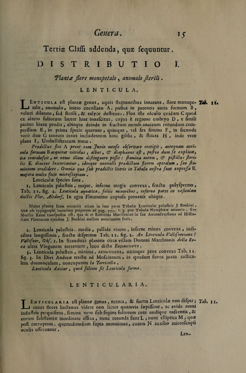 Tertis Claffi addenda, qus fequuntur. DISTRIBUTIO I. ^Plantes flore monopetalo, anomalo flerilt. LENTICULA. LEnticula eft planta; genus, aquis ftagnantibus innatans, flore monope- T*b. II* calo, anomalo, initio cucullato A, poftea in patentis auris formam B, veluti dilatato, fed fterili, & calyce deftituto. Flos ifte olculo cnidamCquod ex altero foliorum latere hiat innafcitur, cujus c regione embryo D, e fimili pariter hiatu prodit, abitque deinde in frudum memb.anaceum rotundum com- prellum E, in prima fpecie quatuor, quinque , vel fex femina F, in fecunda vero duo G cantum intus includentem hinc gibba , & ftriata H , inde vero plana I, Umbelliferarum more . Pr&dicius flos A prout eum Junio menfe obfervare contigit, antequam auri¬ cula formam B acquirat vividus , albus , & diaphanus efl , pojlea dum fe explicat, ita contabefcit, ut nemo illum difiinguere pojflt : flamina autem , & piflillus ftert- lis K diutius luxuriantur i ideoque nonnulli praditlum florem apetalum , feu fla- mineum credidere . Omnia qua fub pradittis literis in Tabula noflra flunt exprejfa R majora multo fecit rnicrof:opium . Lenticulae fpecies funt, 1. Lenticula paluftris , major, inferne magis convexa, frudu polyfpermo , Tab. 11. fig. 1. Lenticula aquatica, foliis minoribus , inferna parte in ve ficulam duttis Flor, Altdorf, In agro Florentino copiofe provenit ubique. Hujus plantae Icon occurrit etiam in ima patte Tabula: Lenticulae paluftris J. Bauhini , qua: ob typographi incuriam perperam ad pag. 773. t. 3- pro Tabula Nymphaea: minoris , five Morfus Rana: tranfpofita eft, qua de re Robertus Morifonius in fua Animadverfione ad Hifto- xiam Plantarum ejusdem J. Bauhini nullam mentionem fecit. 1. Lenticula paluflris. media, pallide virens, inferne minus convexa, radi¬ cibus longiflimis , frudu difpermo Tab. 11. fig. 2. An Lenticula Falltfnenana ? Vallifner. Obf. i.ln Scandicei planitie circa villam Domini Marchionis della Re¬ na ultra Vingonem torrentem , loco dido Beccactvette . 3. Lenticula paluftris , minima, atro-virens, utrinque pene convexa Tab. 11. fig. 3. In Divi Andrere tradu ad Mofcianum , in quadam fovea juxta ruftica- lem domunculam, nuncuparam la TorriceUa . Lenticula dicitur, quod folium fit Lenticula forma . LENTICULARIA. LEnticularia eft planta; genus , natura , forma Lenticulas non difpatj cuius flores hadenus videre non licuit quamvis Itepiffime , ac avide omni induftria peiquifitos, femina vero fub fupina foliorum cute undique nafcentia,& eorum fub flanti re inordinate affixa, nunc rotunda funt L , nunc elliptica M , qua? poft corruptam, quemadmodum fupra monuimus, cutem N auxilio microfcopii oculis offeruntur. Tab, 1 x. Lcn-