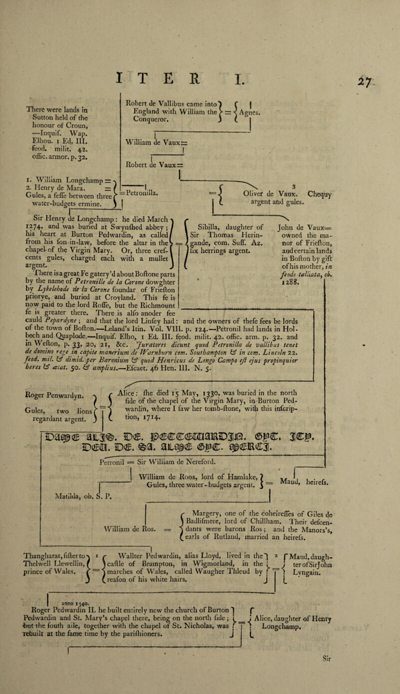 There were lands in Sutton held of the honour of Croun, —Inquif. Wap. Elhou. 1 Ed. III. feod. milit. 42. offic. armor, p. 32. 1. William Longchamp = Robert de Vallibus came into”) f | England with William the &gt; = &lt; Agnes. Conqueror. William de Vauxr; Robert de Vaux: I 2. Henry de Mara. ~ i „ l.„ Gules, a feffe between three r — ^ etronl a* { water-budgets ermine Sir Henry de Longchamp : he died March \ r 1274, and was buried at Swynfhed abbey ; / 1 Sibilla, daughter of his heart at Burton Pedwardin, as called / 1 Sir Thomas Herin- from his ion in-law, before the altar in the&gt; = igande, com. Suff. Az. . Oliver de Vaux. Chequy argent and gules. fix herrings argent. llvyui 11.10 tuu -iii-idW) uciuic me in inc r chapel-of the Virgin Mary. Or, three cref-1 cents gules, charged each with a mullet \ argent. J There isagreat Fe gatery’d aboutBoflone parts by the name of Petronille de la Corone dowghter by Lykelebode de la Corone foundar of Friefton priorye, and buried at Croyland. This fe is now paid to the lord Roflfe, but the Richmount fe is greater there. There is alfo anoder fee cauld Pepardyne ; and that the lord Linfey had: and the owners of thefe fees be lords of the town of Bofbon.—Leland’s ltin. Vol. VIII. p. 124.—Petronil had lands in Hol- bech and Quaplode.—Inquif. Elho, 1 Ed. III. feod. milit. 42. offic. arm. p. 32. and in Wefton, p. 33, 20, 21, See. Juraiores dlcunt quod Petronilla de vallibus tenet de domino rege in capite manerium de JVarnburn com. Southampton &amp; in com. Lincoln 22. feod. mil. &amp; dimid. per Baronium IS' quod Henricus de Longo Campo ejl ejus propinquior heres iS cetat. 50. SS amplius.—Efcaet. 46 Hen. III. N. 5. John de Vaux= owned the ma¬ nor of Friefton, and certain lands in Boilon by gift of his mother, in feodo talhatGy ob. 1288. Roger Penwardyn. Gules, two lions regardant argent :nsj I Alice: fhe died 15 May, 1330, was buried in the north fide of the chapel of the Virgin Mary, in Burton Ped¬ wardin, where I faw her tomb-ftone, with this inferip- tion, 1714. Daag® aiLJ©. 3D&lt;£. P&lt;ZE€€&lt;$&amp;09ES&gt;3M2. ©PC. 3I€g, id©h. ID®, ©a. ana®© &lt;®g&gt;c. Petronil — Sir William de Nereford. William de Roos, lord of Hamlake, 7 , , I Gules, three water-budgets argent. aut^ hen els. Matilda, ob. S. P. William de Ros. = r Margery, one of the coheirefles of Giles de j Badlifmere, lord of Chillham. Their defeen- dants were barons Ros; and the Manors’s, pearls of Rutland, married an heirefs. Thangharat, filler to a 1 r Walker Pedwardin, alias Lloyd, lived in the 2. fMaud,daugh- Thelwell Llewellin, f Jcaftle of Brampton, in Wigmorland, in the i j terofSirJohn prince of Wales. (—^marches of Wales, called Waugher Thleud by f Lvngain. J ^reafon of his white hairs. anno 1340. Roger Pedwardin II. he built entirely new the church of Burton J Pedwardin and St. Mary’s chapel there, being on the north fide; ! but the fouth aile, together with the chapel of St. Nicholas, was f rebuilt at the fame time by the parifhioners. J j Alice, daughter of Henry ■ Longchamp. I Sir