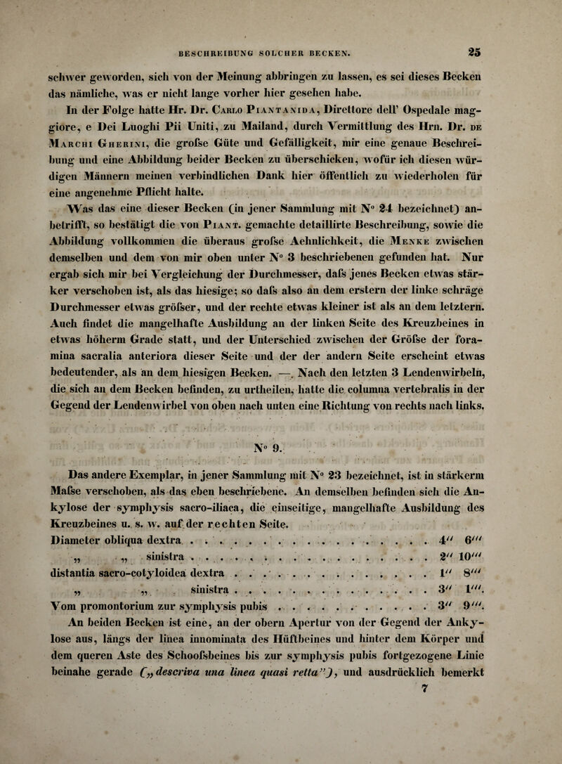 schwer geworden, sich von der Meinung abbringen zu lassen, es sei dieses Becken das nämliche, w as er nicht lange vorher hier gesehen habe. In der Folge hatte Hr. Dr. Carlo Piantanida, Direttore dell’ Ospedale mag- giore, e Bei Luoghi Pii Uniti, zu Mailand, durch Vermittlung des Hrn. Dr. de Marchi Gherini, die grofse Güte und Gefälligkeit, mir eine genaue Beschrei¬ bung und eine Abbildung beider Becken zu überschicken, w ofür ich diesen wür¬ digen Männern meinen verbindlichen Dank liier öffentlich zu wiederholen für eine angenehme Pflicht halte. Was das eine dieser Becken (in jener Sammlung mit N° 24 bezeichnet) an- belrifft, so bestätigt die von Piant. gemachte detaillirte Beschreibung, sowde die Abbildung vollkommen die überaus grofse Aehnlichkeit, die Menke zwischen demselben und dem von mir oben unter N° 3 beschriebenen gefunden hat. Nur ergab sich mir bei Vergleichung der Durchmesser, dafs jenes Becken etwas stär¬ ker verschoben ist, als das hiesige; so dafs also an dem erstem der linke schräge Durchmesser etw as gröfser, und der rechte etwas kleiner ist als an dem letztem. Auch findet die mangelhafte Ausbildung an der linken Seite des Kreuzbeines in etwas höherin Grade statt, und der Unterschied zwischen der Grofse der fora- mina sacralia anteriora dieser Seite und der der andern Seite erscheint etwas bedeutender, als an dem hiesigen Becken. —. Nach den letzten 3 Lendenwirbeln, die sich an dem Becken befinden, zu urtlieilen, hatte die columna vertebralis in der Gegend der Lendenwirbel von oben nach unten eine Richtung von rechts nach links. N° 9.; Das andere Exemplar, in jener Sammlung mit N° 23 bezeichnet, ist in stärkerm Mafse verschoben, als das eben beschriebene. An demselben befinden sich die An¬ kylose der symphysis sacro-iliaca, die einseitige, mangelhafte Ausbildung des Kreuzbeines u. s. w. auf der rechten Seite. Diameter obliqua dextra . . . . . ... . . . ... . . . 4 6' „ • „ sinistra ..... . . . *.. . 2 10' distantia sacro-cotyloidea dextra ....... . .1 8' „ „ sinistra ... . -. . . . . . ... . 3 1'. Vom promontorium zur symphysis pubis .... ... . . . . 3 9'. An beiden Becken ist eine, an der obern Apertur von der Gegend der Anky¬ lose aus, längs der linea innominata des Hüftbeines und hinter dem Körper und dem queren Aste des Schoofsbeines bis zur symphysis pubis fortgezogene Linie beinahe gerade C» descriva una linea quasi retta”J> und ausdrücklich bemerkt 7