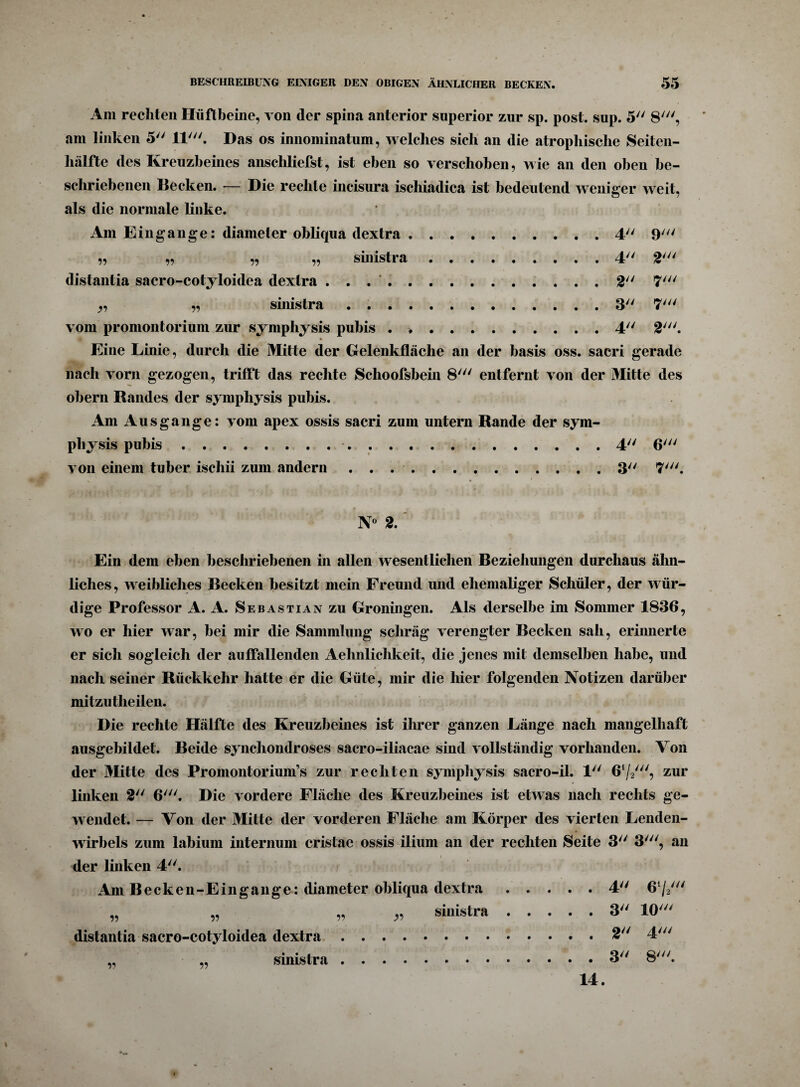 Am rechten Hüftbeine, von der spina anterior superior zur sp. post. sup. 5 8', am linken 5 11'. Das os innominatum, welches sich an die atrophische Seiten¬ hälfte des Kreuzbeines anschliefst, ist eben so verschoben, wie an den oben be¬ schriebenen Decken. — Die rechte incisura ischiadica ist bedeutend weniger weit, als die normale linke. Am Eingänge: diameter obliqua dextra.4 9' n n sinistra.. 4 2' distantia sacro-cotyloidea dextra ..2 7' „ sinistra . ..3 7' vom promontorium zur symphysis puhis . ..4 2'. Eine Linie, durch die Mitte der Gelenkfläche an der hasis oss. sacri gerade nach vorn gezogen, trifft das rechte Sclioofsbein 8' entfernt von der Mitte des obern Randes der symphysis puhis. Am Ausgange: vom apex ossis sacri zum untern Rande der sym¬ physis puhis..4 6' von einem tuber ischii zum andern.3 7'. N° 2. Ein dem eben beschriebenen in allen wesentlichen Beziehungen durchaus ähn¬ liches, weibliches Becken besitzt mein Freund und ehemaliger Schüler, der wür¬ dige Professor A. A. Sebastian zu Groningen. Als derselbe im Sommer 1836, wo er hier war, hei mir die Sammlung schräg verengter Becken sah, erinnerte er sich sogleich der auffallenden Aehnlichkeit, die jenes mit demselben habe, und nach seiner Rückkehr hatte er die Güte, mir die hier folgenden Notizen darüber mitzutlieilen. Die rechte Hälfte des Kreuzbeines ist ihrer ganzen Länge nach mangelhaft ausgebildet. Beide synchondroses sacro-iliacae sind vollständig vorhanden. Von der Mitte des Promontorium’s zur rechten symphysis sacro-il. 1 6l/2/;/? zur linken 2 6'. Die vordere Fläche des Kreuzbeines ist etwas nach rechts ge¬ wendet. — Von der Mitte der vorderen Fläche am Körper des vierten Lenden¬ wirbels zum lahium internum cristae ossis ilium an der rechten Seite 3 3', an der linken 4. Am Becke n-E in gange: diameter obliqua dextra.4 6l/2' n „ „ „ sinistra.3 10' distantia sacro-cotyloidea dextra.2 4' „ ,, sinistra.3 8'. 14.