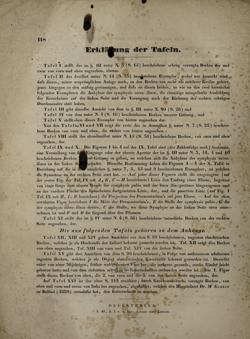 ErldljAiiiig der Tafeln. ♦ m Tafel 1 stellt das im §. III unter X. 3 (S. 13) beschriebene schräg: verengte Becken dar und zwar von vorn und oben angesehen, ebenso Tafel II das daselbst unter IV. 14 (S. 33) bes^jriebene Exemplar, wobei nur bemerkt wird,, dals dieses, seiner ursprünglichen Anlage nach, zu den Becken von mehr als mittlerer Gröfse gehört, jenes hingegen zu den mäfsig geräumigen, und dafs an diesen beiden, so wie an den zwei hiernächst folgenden Exemplaren die Ankylose der sympliysis sacro-iliaca, die einseitige mangelhafte Ausbildung des Kreuzbeines auf der linken Seite und die Verengung nach der Bichtung des rechten schrägen Durchmessers statt haben. Tafel III gibt dieselbe Ansicht von dem in §. III unter N. 10 (S. 26) und Tafel IV von dem unter N. 4 (S. 18) beschriebenen Becken unserer Gattung, und Tafel V stellt eben dieses Exemplar von hinten angesehen dar. Von den Ta fein« VI und VII zeigt die erste das in demselben §. unter N. 7 (S. 22) beschrie¬ bene Becken von vorn und oben, die andere von hinten angesehen. Tafel VIII stellt das ebendaselbst unter IV. 13 (S. 36) beschriebene Becken, von vorn und oben angesehen, dar. Tafel IX und X. Die Figuren 1 bis 4 auf der IX. Tafel sind (der Zahlenfolge nach) bestimmt, eine Vorstellung von ddMlEingange oder der oberen Apertur der im §. III unter IV. 5, 14, 4 und 10 beschriebenen Becken ^^wer Gattung zu geben, an welchen sich die Ankylose der sympliysis sacro- iliaca an der linken St^Mbelindet. Dieselbe Bestimmung haben die Figuren 1—4 der X. Tafel in Beziehung auf die in dWFnämlichen §. unter 7,3, 13 und 9 beschriebenen Exemplare, an welchen die Synostose an der rechten Seite statt hat. — Auf jeder dieser Figuren stellt die ausgezogene (auf der ersten Fig. der Taf. IX mit A, li, C—// bezeichnete) Linie den Umfang einer Ebene, begränzt von einer längs dem oberen Bande der sympliysis pubis und der linea ilio - pectinea hingezogenen und an der vordem Fläche des Kreuzbeines fortgesetzten Linie, dar, und die punctirte Linie (auf Fig. 1 Taf. IX mit //, /, B bezeichnet) die Projection des Promontoriurn’s auf jene Ebene. — Auf der eben erwähnten Figur bezeichnet I die Mitte des Promontorium’s, E die Stelle der symphysis pubis, G die der symphysis sacro-iliaca dextra, C die Stelle, wo diese Symphyse an der linken Seite etwa anzu¬ nehmen ist und F und D die Gegend über den Pfannen. Tafel XI stellt das im §. IV unter N. 4 (S. 36) beschriebene männliche Becken von der rechten Seite angesehen, dar. i) ie nun folgenden Tafeln gehören zu dem Anhänge. Tafel XII, XIII und XIV geben Ansichten vofi dem S. 81) beschriebenen, engesten rhachitischen Becken, welches je als Hindcrnifs der Geburt bekannt gemacht worden ist. Taf. XII zeigt dies Becken von oben angesehen, Taf. XIII von vorn und Taf. XIV von der linken Seite. Tafel XV gibt drei Ansichten von dem S. 96 beschriebenen, in Folge von malacosteon adultorum engesten Becken, welches je als Object obsletricischer Kunsthülfe bekannt geworden ist. Dasselbe rührt von einer 36jährigen, früher Woldg^baute« 1'rau her, die mehrere gesunde, starke Kinder leicht geboren hatte und von dem siebenten mitteifj ^ <\£s Kaiserschnittes entbunden worden ist. Die 1. Figur stellt dieses Becken von oben, die 2. von vorn und die 3. von der linken Seite angesehen, dar. Auf Tafel XVI ist das oben S. 113 erwähnte, durch Knochenauswuchs verengte Becken, von oben und vorn und etwas von links her angesehen, allgebildet, welches den Ilospitalarzt Dr. M’ Kibbin zu Belfast ( 1829) veranlafst hat, den Kaiserschnitt zu machen. * DRUCKFEHLER.