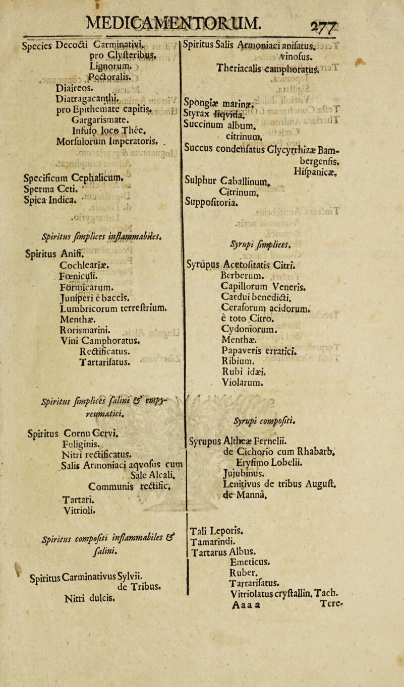 Species Decocti Carmi^atjMi*. , ■ 7 pro ClyfteriKft?, . Lignomm. !> ' r --- ilq#9wlis.;-: Diaireos. Diatragacan^lip__ ^' r/ pro Epithemate capitis» , jj Gargarismate* Irifufo |oC0 Jhce* Morfulorum Imperatoris. , j» Specificum Cephalicum. Sperma Ceti. ‘ Spica Indica. ^ ^ f ’ *' .o*i ; Spiritus Salis Afmpniaci anifatus* i^yt vinofus. Thcriacalis ■campboratus^»^ • - ^ .U- ,r3'*' r: :ir Spbngise marinxr ‘ ^ ^ Styrax ^ '' ' Succinum album. ’ j y citrinum. Succus condchfatus Glycyfrhizse Bam Sulphur Caballinum^ Citrinum. Suppofitoria. bergenfis, HirpanictC, T Spiritus Anifi. Cochlearise. ' Fosnicpli. Formicarum. Juniperi e baccis. Lumbricorum terreftrium. MenthsC. Rorismarini. t Vini Camphoratus. Redificatus. Tartarifatus. • Syfupt Syrupus Acetofitatis Citri. Berberum. ’ ' Capillorum Veneris. Cardui benedidi, Ceraforum acidorum, e toto.Citrol Cydoniorum. Mentha. Papaveris erratici. Ribium. Rubi idseu . Violarum. Spiritus Jtmplichs falini ^ mpy V reumatici. Spiritus Cornu Cervi. Fuliginis. Nitri redificatus. Salis Armoniaci aqvofus cutn SaleAlcali. Communis redific. Tartari. * \ Vitrioli. ■ ':5 Syrupt compopi, Syrupus Altbese Fernelii. de Cichorio cum Rhabarb» Eryfimo Lobelii. Jujubinus. Lenitivus de tribus Augufi:. de Manna, Spiritus compopi inpmmahiles falini» Spiritus Carminativus Sy Ivii. ^ de Tribus. Nitri dulcis. Tali Leporis. Tamarindi. Tartarus Albus. Emeticus. Ruber. Tartarifatus. V itriolatus cryftallin, Tach. Aaaa Tere
