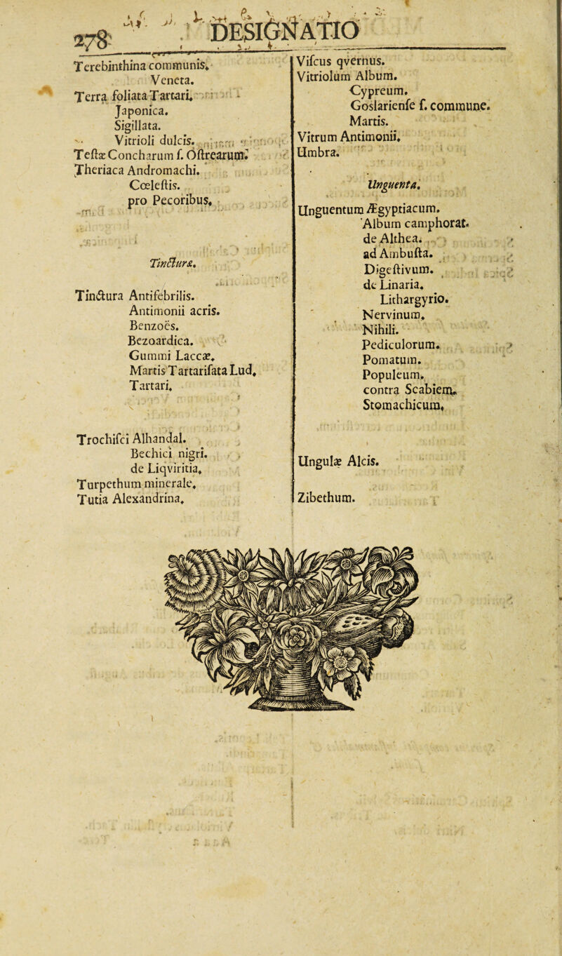 X J,/'. >■*. Terebinthina communis*' Veneta. Terra foliataTartari*'- * Japonica. Sigillata. Vicrioli dulcis, .ni;”!'!; •' Teftas Concharum f. Oftrearuoii'» Theriaca Andromachi. . , Coeleftis. pro Pecoribus* , . ' rn ! i' TmBur&» ; • mUk Tindura Antifd^brilis. Antimonii acris. Benzoes, Bezoardica. Gummi Laccae. Martis T artarifata Lud* Tartari. > Vifcus qvernus. Vitriolum Album. Cypreum. Gosiarienfe f. commune^ Martis. Vitrum Antimonii. Umbra. ' ‘ Unguenta, Unguentum Aegyptiacum. 'Album camphorat. de Althea. adAmbufta. , Digeftivum. de Linaria. Lithargyrio. Nervinum. ' Nihili. Pediculorum. Pomatum. Populeum, contra Scabieitu StomachiGura* •f. Trochifci Alhandal. Bechici nigri, de Liqviritia. Turpethum minerale. Tutia Alexandrina. Ungulse Alcis. Zibethum.