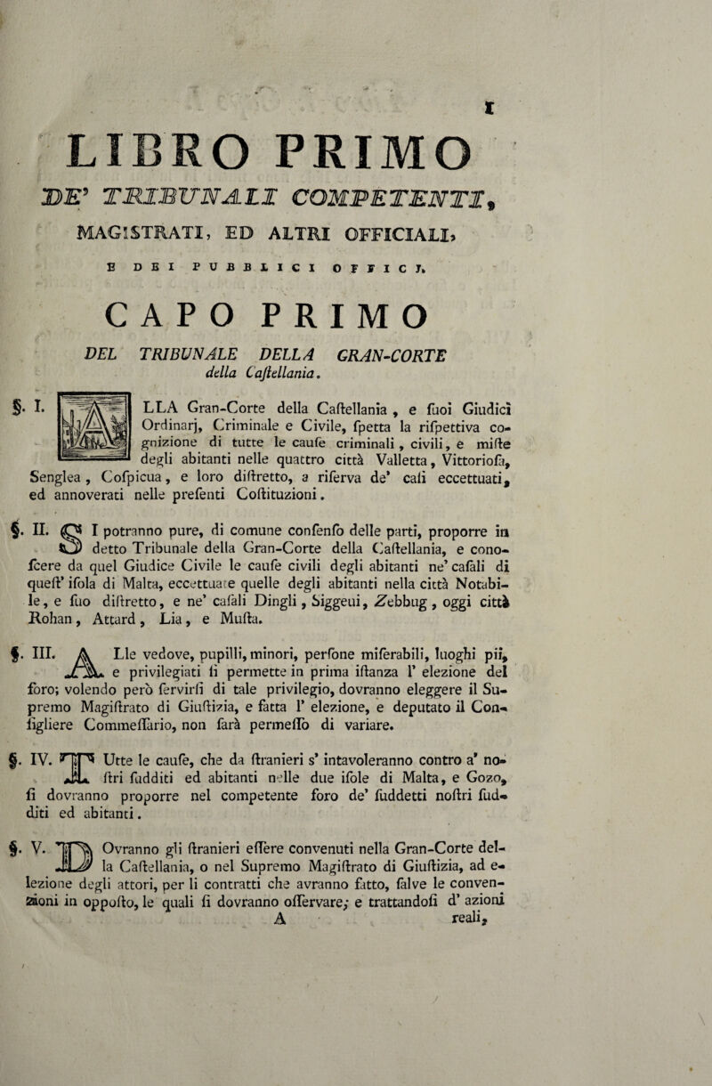 X LIBRO PRIMO 2JE* TMZBI7NA.il COMPETENTI* MAGISTRATI, ED ALTRI OFFICIALI, E DEI FUEJBXICI OFFICI* CAPO PRIMO DEL TRIBUNALE DELLA GRAN-CORTE dulia Caftellania. LLA Gran-Corte della Caftellania , e luoi Giudici Ordinar), Criminale e Civile, fpetta la rifpettiva co¬ gnizione di tutte le caufe criminali, civili, e mifte degli abitanti nelle quattro città Vailetta, Vittorio^, Senglea , Cofpicua, e loro diftretto, a riferva de* cali eccettuati, ed annoverati nelle prefenti Coftituzioni. §. IL I potranno pure, di comune confenfò delle parti, proporre in O) detto Tribunale della Gran-Corte della Caftellania, e cono- lcere da quel Giudice Civile le caufe civili degli abitanti ne’calali di queft* ifola di Malta, eccettuate quelle degli abitanti nella città Notabi¬ le, e fuo diftretto, e ne’ calali Dingli, Siggeui, Zebbug, oggi città Rohan , Attard , Lia , e Mufta, §. IIL A Lle vedove, pupilli, minori, perfone miferabili, luoghi pii, e privilegiati li permette in prima iftanza 1* elezione del foro; volendo però fervidi di tale privilegio, dovranno eleggere il Su¬ premo Magiftrato di Giuftizia, e fatta 1* elezione, e deputato il Con¬ igliere CommelTario, non farà permeilo di variare. §. IV. Hip Utte le caufe, che da ftranieri s* intavoleranno contro a* no- aMa ftri fudditi ed abitanti nelle due ifole di Malta, e Gozo, fi dovranno proporre nel competente foro de’ fuddetti noftri fud¬ diti ed abitanti. §. V. Ovranno gli ftranieri edere convenuti nella Gran-Corte del¬ la Caftellania, o nel Supremo Magiftrato di Giuftizia, ad e- lezione degli attori, per li contratti che avranno fatto, làlve le conven¬ zioni in oppofto, le quali fi dovranno odervare; e trattandoli d’ azioni A reali. /