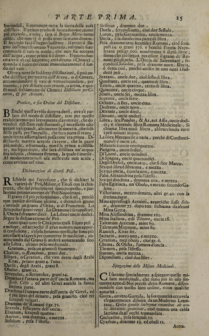 T All T -E featatidofì, fi corrompe tutta laforzadella cofa diftillata. Il primo grado di fuoco dunque ,come più picciolo,, e mite, farà il Bagno Maria tanto caldo, che non vi fi pofifa tenerla mano dentro . Il fecondo farà il bagno bollente . Il terzo il Ba¬ gno bollente chiamato Vaporalo, nel quale fi ac- commoda il vale in modo, che non ila toccato dall’acqua , come prima li è detto. Ilquartofuo- co a vaie di cui feoperto; cosìdicono i Chimici , quando il fuoco peicuote immediatamente il fon¬ do del vafe. Oltre a tutte le fuddettedifiillazioni, fi può an¬ che duellare per mezzo dell’Arena, o di Cenere,' accomodandovi il vale di vetro circondato, per intorno, e per di lotto con cenere, o arena, e que¬ lli modi fi chiamano da’Chimici Disili alio per Ci- menni, <!$ per Arenam. Pratica, o fi a Ordine del Dìflììlare, , BEnchè quell’avvifo doveva darli, ove s’è par¬ lato del modo di diftillare , non per quello ' tralafciaremoquì brevemente d’avvertire, che do vendoli dilbllare cofe flattuofe ^ è neeelfario ado¬ perare vali grandi, altamente la materia, che fi di¬ stilla pafla peiTimpulfo, che beco porta il vento ; onde lenza alTottigliarli pafifa com’ era prima. Di¬ stillando materie acetole s’averte , che la parte più nobile, efruttuofa, non è la prima adillilla- re, mafeguedopo, che farà difiiilata un’acquo- fità infipida , chiamata flemma, la quale è inutile . Al modo contrario fi ufa nelle cofe non acide , come avviene nel vino. Dichiarazione di dìverfi Pefi. Richiede qui l’occafione , che fi dichiari la varietà de’ Pelì,Milure, e Titoli con la chia¬ rezza, che dal principio mi fono propollo, e par¬ lammo primieramente de’ Pefi Napoletani. Il grano è il più pefo minimo, che fi ufi, perciò non patifee divilìone alcuna, e dicendoli grano s’intende un grano d’Orzo, o di Frumento. Lo Scrupolo è grani venti. La Dramma è fcrupoli tre. L’Oncia è dramme dieci. La Libra è oncie dodici. Segue la dichiarazione de’ Pefi. Anno quali tutte le Città principali li loro pefi , emifure, edacciochè il gran numero non appor¬ ti confufione, s’efplicheranno quelli,che fono piu necefiarii a faperfi per comporre le medicine , co¬ minciando dal Grano fi anderà aumentando fino alla Libra, ultimo pefo medicinale. Granum, pefa un grano di frumento. Chalcus, oALreolum, grani due. Siliqua, oCeration, chevien detto dagli Arabi Kirat, pelano grani 4. l’uno. Davik, degli Arabi, grani 8. Obulus, grani 12. Scrupulus, oScriptulus, grani24. Denarius è l’ottava parte dell’ oncia Romana, ma Scrib. Celfo , ed altri Greci antichi la fanno lettima parte. Drachma è l’ottava parte dell’oncia de’Greci , ed e più lieve del denaro, pefa grani 60. cioè tré Scrupoli volgari. Dramma de’Romani ègr. 72. Sex tu la, fella parte dell’oncia. Eiagium, fcrupoli quattro» Aureus, una dramma, e mezza. Solidum , pefa l’ilteflò. P 2? liM A. , 15 Sicilicus , dramme due . Duela , fcrupoli otto, cioè due Seflule. Loto», pelo Germanico, oncia mezza, lincia, èladuodecimapartedi libra. Pefa dramme otto fecondo i Romani, ciòé fcru- poli 24. o grani 576. e benché l’oncia Napo¬ letana pefigr. 600. nondimeno è il più lieve; flimocheciòfiegua perdfere il grano de’Ro¬ mani più di pelo. L’Oncia de’Salernitani , fe¬ condo il Saladino, pefa dramme nove, lincia, è detta così, perchè unifee in uno tutti i fud- detti pefi . Sextans, oncie due, cioè fello di libra. Quadrans, oncie tré, quarto di libra. Triens, oncie quattro, terzodi libra. Quincunx, oncie cinque. Semis, oncie fei, mezza libra. Septunx, oncie fette. Oòlunx, oBes, oncie otto. Dodrans, oncie nove. Dextans, oncie dieci. Denuns, oncie undeci. . \ Libra, feu Pondus, & As,aut A flìs, ónde dodi¬ ci; e s’intende libra Romana Medicinale . Si chiama libra quali libera, abbracciando tutti ipeli minuti in uno. La libra Mercantile è varia, perchè di Conflanti- nopoli è oncie 26. Milanefe è oncie ventiquattro. Parigina, oncie Tedici. Di Lione, oncie quindeci. Di Spagna, oncie quattordici, Degli Orefici, oncieotio, che fi dice Marco. Sexqui- libra è libra una, e mezza. Sexqui-uncia, è oncia una « emezza. Faba Alexandrinapefariileflò. Sexqui drachma , dramma una, emezza. FabaEgiziaca, un’Obolo, e mezzo fecondoGa- leno. Vidloriatus, mezzo denaro, altri gr.41. con la fettima parte. Mina appresogli Ateniefi, avantiche fofle Solo¬ ne, dramme 75. dopo 100. fi chiama da alcuni Mina Greca . MinaAleflandrina, dramme 160. Mina Italiana, edi Tolomeo, oncie 18. Talentoni Atticum, mine 60. TalentumMagnum, mine 80. Ramidi, Kirat fei. Sacratin , aureo uno, e mezzo. Ceration, mez’obolo, cioègr. 6. Chema, òcOlcha, l’otta va d’oncia . Themen, pefa l’illeflò. Statuas, oncia mezza. Dipondium , cioè due libre. Spiegazione delle Mi fare Medicinali. CI faremo fpecialmente a fpiegare quelle mi- fure medicinali, che fono più in ufo fre¬ quente appo di Noi perciò dette Romane, difpo- nendole con quello loro ordine, econ qualche autorità . Gutta, ovveroGuttuIa, la fuaquantità ecco vela elegantemente difinita da un Moderno Lette¬ rato . Gatta gaudet lacbrymce rorantibus ab ocu- lis decidentis quantitate, cioè quanto una calda lacrima da gl’ occhi tramandata. Coclearius, pefa fcrupoli io. Cyathus, dramme 13. ed oboli 12. Aceta-