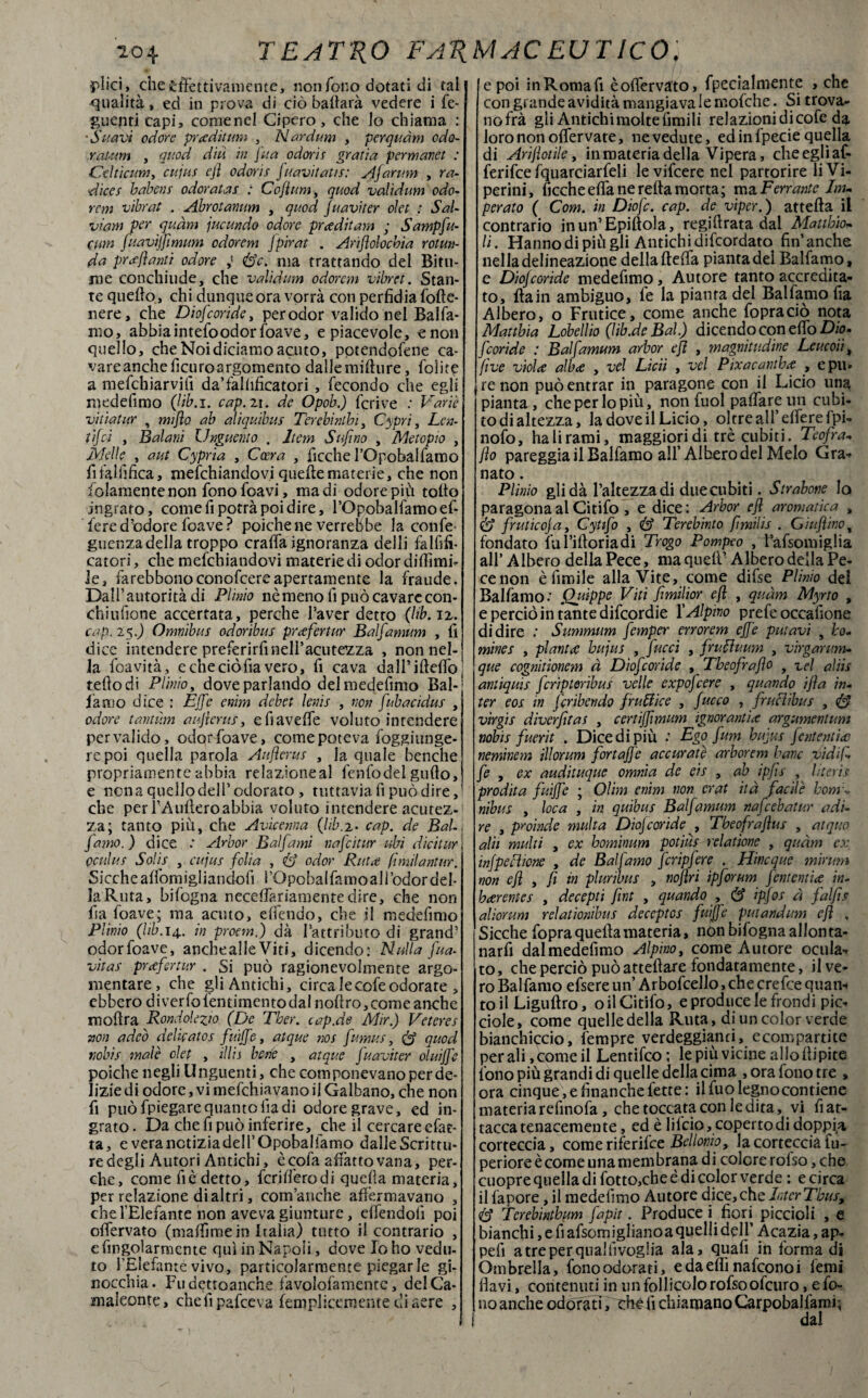 plici, che Affettivamente, non fono dotati di tal qualità, ed in prova di ciò badata vedere i Te¬ gnenti capi, comenel Cipero, che lo chiama : 'Sitavi odore praditimi , Nardum , perquàm odo¬ ratami , quod diti in fila odoris grada permanet : Cdtìcum, citjus ejì odoris fuavitatis: Afarum , ra¬ dice s babenf odoratas : Cofium, quod validum odo- rcm vibrat . Abrotanimi , quod juaviter olet : Sal¬ vi am per quàm jucundo odore pr<editam ' Sampfu- cum fuaviffimum odorerà fpirat . Arifìolocbia rotun- da prafìanti odore &c. ma trattando del Bitu¬ me conchiude, che validum odorcm vibret. Stan¬ te quedo , chi dunque ora vorrà con perfidia folle¬ nere, che Diofcoride, per odor valido nel Balfa- mo, abbiaintefoodor foave, e piacevole, enon quello, che Noi diciamo acuto, potendofene ca- vareancheficuroargornento dallemillure, lolite a mefchiarvifi da’falfificatori , fecondo che egli medefimo (Hb.i. cap. 21. de Opob.) fcrive : Varie vitiatur , mifìo ab aliquibus Terebinthi, Cypri, Len¬ ti! ci , Balani Unguento . Jtem Sufi no , Ale t opto , Melle^ , a ut Cypria , Coera , ficche l’Opobalfamo fifahìfica, melchiandovi quelle materie, che non folamentenon fono foavi, ma di odore più tolto ingrato, come fi potrà poi dire, l’Opobalfamo ef- feredfodore foave? poiché ne verrebbe la confe guenzadella troppo cralfa ignoranza delli fallili- catori, che mefchiandovi materie di odor didimi- Je, farebbonoconofcere apertamente la fraude. Dall’autorità di Plinio nè meno fi può cavare con- chiufione accertata, perche l’aver detto (lib.ix. cap. 25 J Omnibus odoribus prafertur Balfamum , fi dice intendere preferirfinell’acutezza , non nel¬ la foavità, e che ciò bavero, fi cava dalPiltelfo: tellodi Plinio, dove parlando del medefimo Bai-] jàmo dice : Effe e nini debet lenis , non fubacidus , odore tantum aujìerus, efiavelfe voluto intendere per valido, odor foave, come poteva foggiunge- repoi quella parola Aufìcrus , la quale benché propriamente abbia relazioneal fenfodel gulto, e nona quello dell’odorato , tuttavia fi può dire,5 che per FAulteroabbia voluto intendere acutez¬ za; tanto più, che Avicenna (lib.z. cap. de Bai. [amo.) dice .* Arbor Balfami nafcitur ubi dicitur, Qculus Solis , citjus folta , <& odor Pallet fìmilantur. Sicchealfomigliandofi i’Opobaifamo all’odor del¬ la Ruta , bifogna necelfariamente dire, che non fi a foave; ma acuto, elfendo, che il medefimo Plinio (Ib. 14.. in proemi) dà l’attributo di grand’ odor foave, anche al le Viti, dicendo: Nulla fua- vitas prctfertur . Si può ragionevolmente argo¬ mentare, che gli Antichi, circa lecofe odorate , ebbero diverfolentimentodalnoflro,comeanche moftra Rondo!ozio (De Ther. cap.de Adir.) Veteres non adeò delieatos fuiffe, atque nos fumus, (S quod nobis male olet , illis bene , atque juaviter oluiffe poiché negli Unguenti, che componevano per de¬ lizie di odore, vi mefehiavano il Galbano, che non fi può fpiegarequanto liadi odore grave, ed in¬ grato. Da che fi può inferire, che il cercareefat- ta, everanctiziadell’Opobalfamo dalleScrittu- re degli Autori Antichi, ècofa affatto vana, per¬ che, come fiè detto, fcrilferodi quella materia, per relazione di altri, com’anche affermavano , che l’Elefante non aveva giunture, elfendoii poi olfervato (maffimein Italia) tutto il contrario , efmgolarmcnte qui in Napoli, dove Io ho vedu¬ to l’Elefante vivo, particolarmente piegar le gi¬ nocchia. Fudettoanche favolofamente, del Ca¬ maleonte, chefipafceva femplieememe di aere , e poi inRomafi èolfervato, fpecialmente , che con grande avidità mangiava le mofche. Si trova- nofrà gli Antichi molte fimili relazioni di cofe da loro non offer vate, ne vedute, ed in fpecie quella di Arijlotile, in materia della Vipera, cheegliaf- ferifee fquarciarfeli levifeere nel partorire li Vi¬ perini, ficche effa ne reità morta; ma, Ferrante Im¬ perato ( Com. in Diofc. cap. de viper.) attefta il contrario inun’Epiftola, regiftrata dai Mattbio- li. Hanno di più gli Antichi difeordato fin’anche nella delineazione della ftelfa pianta del Balfamo, e Diofcoride medefimo, Autore tanto accredita¬ to, Ita in ambiguo, le la pianta del Balfamo fia Albero, o Frutice, come anche fopraciò nota Mattbia Lobellio (lib.de Bai.) dicendo con elfo Dio- feoride : Balfamum arbor e fi , magnitudine Leucoii y (ìve viola alba , vel Libi , vel Pixacantha , epu» re non può entrar in paragone con il Lido una pianta, cheperlopiù, non fuol palfareun cubi¬ to di altezza, la dove il Lido, oltre all’elferefpi- nofo, ha li rami, maggiori di tré cubiti. Teofra- flo pareggia il Balfamo all’Albero del Melo Gra- nato. Plinio gli dà l’altezza di due cubiti. Strabone Io paragona al Citifo , e dice : Arbor ejì aromatica , & fruticojay Cytifo , Terebinto fimilis . Giufìino, fondato fu ridona di Trogo Pompeo , t’afsomiglia all’Albero della Pece, ma quell'Albero della Pe¬ ce non è limile alla Vite, come difse Plinio dei Ballamo-* .Qjdppe Viti fmilior e fi , quàm Myrto , e perciò in tante difeordie f Alpino prefe occafione di dire Summitm femper errorem effe pittavi s ho- mines , pianta hujus , fucci , frubuum , virgarmn- que cogmtionem à Diofcoride , Tbeofrafìo , vel aìiis anùquis fcrìptorìbus velie expofeere , quando ijìa in¬ ter eos in fcribendo frutice , fuoco , frucìibus , vìrgis diverfìtas , certiffimum ignoranti ce argumentum nobis fuerit . Dicedi più ; Ego fum bujus fent ernia neminem illorum fortaffe accurate arborem bave vidif fe , ex audituque omnia de eis , ab ipfis , lìterìs prodita fuiffe ; 01im enim non erat ita facile honr- nibus , loca , in quibus Balfamum nafeebatur adi¬ re , proinde multa Diofcoride , Tbeofrafìus , atquo ah multi , ex hominum potiùs relatione , quàm ex infpecione , de Balfamo fcripfere . Hincque mirimi non ejì , fi in pluribus , nofìri ipforum femernia in- harem e s , decepti fwt , quando , (3 ipfos à fatfis aliorum relatiombus deceptos fuiffe putandum ejì , Sicché fopra quella materia, non bifogna allonta- narfi dal medefimo Alpino, come Autore ocula'» to, che perciò puòattefiare fondatamente, il ve¬ ro Balfamo efsere un’ Arbofcello, che crefce quan-» to il Liguftro, o il Citifo, e produce le fiondi pic¬ cole, come quelle della Ruta, di un color verde bianchiccio, Tempre verdeggiami, ecompartite per ali, come il Lentifco; le più vicine allo llipite fono più grandi di quelle della cima , ora fono tre , ora cinque, e finanche fette: il Tuo legno contiene materia refinofa, che toccata con le dita, vi fiat- tacca tenacemente, ed è lifeio, copertodi doppia corteccia, comeriferi i'cc Bellonio, la corteccia fu- periore è come una membrana dì colore rofso, che cuopre quella di fotto,che è di color verde : e circa il iapore, il medefimo Autore dice,cheInterTbus, $ Terebintbum fapit. Produce i fiori piccioli , e bianchi,efiafsomiglianoaquellidell’ Acazia, ap- pefi atreperqualiìvoglia ala, quali in forma di Ombrella, fono odorati, e da elfi nafeonoi Temi flavi, contenuti in un follicolo rofso ofeuro, e fo¬ no anche odorati, cbè fi chiamano Carpoballàmi;