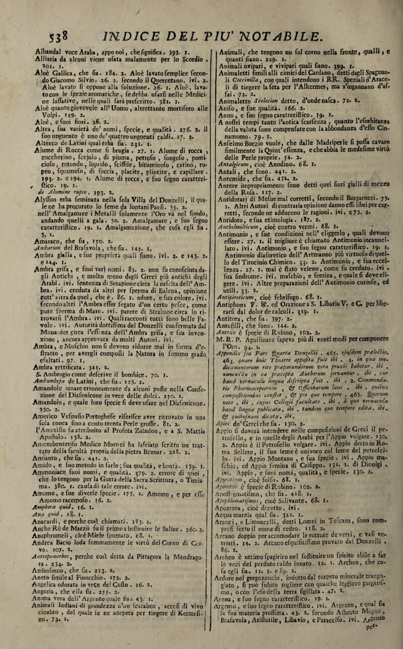 Alhandal voce Araba, appo noi, chefignifica. 393- 1. Alliaria da alcuni viene ufata malamente per lo Scordio * *01. 1. Aloè Gallica, che fia. 184. 2. Aloè lavatofemplice fecon* doGiacomo Silvio. 26. 2. fecondo il Quercetano. ivi. 2. Aloè lavato fi oppone alia foluzione. 26. 1. Aloè, lava- tocon le fpezie aromatiche, fedebjba ufarfi nelle Medici¬ ne Iaflative, nellequali farà prefcritto. 381. 1. Aloè quanto giovevole all* Uomo, altrettanto mortifero alle Volpi. 129. 2. Aloè, efuoi fiori. 26. 2. Altea, fua varietà de5 nomi, fpecie, e qualità . 276. 2. il fup unguento è uno de’quattro unguenti cafdit^f. 2. Alterco de Latini qual erba fia. 231. 1. Alume di Rocca come fi brugia . 27. 1. Alume di rocca , zuccherino, fcejolo , di piuma, petrofo , fongofo , pomi- ciofo, rotondo, liquido, fcilfile,\ bituminofo , catino, ru- peo, fquamofo, di feccia, placite, plintite, e capillare . 195. 2. e 194. i. Alume di rocca, e fuo fegno caratteri- , dico. 19. I. de Alumine rupeo. 193. 2. Alyffon erba feminata nella fola Villa del Donzelli, il qua¬ le ne ha procurato lo feme da lontani Paefi. 55. 2. nell’Amalgamare i Metalli folamente l’Oro và nel fondo, andando quelli a gala. 50. 2. Amalgamare, e fuo fegno caratteriftico. 19. 1. AmaJgamazione, che cofà egli fia. 5; Amaraco, che fia, 150. 2. Ambarum del Brafavola, che fia. 142. 1, Ambra gialla, e lue proprietà quali fiano. ivi. 2. e 143? 2. e *44. 1. Ambra grifa, e fuoi varj nomi. 85. 2. non fu conofciuta da¬ gli Antichi , e molto meno dagli Greci più antichi degli Arabi, ivi. fentenza di Serapionecirca lanafcitadell4 Am¬ bra. ivi. creduta da altri per fperma di falena, opinione «utt5 altra da quel, che è.. 86. 1. odore, e fuo colore. ivi. fecondo altri l’Ambra efi’er fegato d’un certo pcfce , come pure fperma di Mare. ivi. parere di Strabene circa lo ri- trovarfi l’Ambra, ivi. Quali racconti tutti fono belle Fa¬ vole. ivi. Autorità dottiflima del Donzelli confermata dal Mona;des circa l’efienza dell’Ambra grifa, e fua inven¬ zione, ancora approvata da molti Autori, ivi. Ambra, e Mufchio non fi devono ridurre mai in forma d’e- ftratto , per avergli compolli la Natura in fommo grado ^aitati. 97. 1, Ambra rettificata. 341. 2. S. Ambrogio come deferive il bombice. 70. 1. Ambumbeja de Latini, che fia . 125. 2. Amandole amare erroneamente da alcuni polle nella Confe¬ zione de!Diafenicone invece delle dolci. 250. 1. Amandole, e quale loro fpecie fi deveufare riel Diafenicone. 250. 2. Americo Vefpufio Portoghefe rifèrifee aver ritrovato in una fola conca fino a cento trenta Perle groffe, 81. 2. l’Ametifto fu attribuito al Profeta Zàbulon, e a S. Mattia Apoftolo. 13?. 2. Amezebenterifo Medico Moro ci ha hfeiato fcrittc un trat¬ tato della facoltà propria della pietra Bezoar. 228. 2. Amianto, che fia. 441. 2. Amido, e fuo metodo in farlo; fua qualità, e bontà. 159. 1. Ammoniaco fuoi nomi, e qualità. 379. 2. errore di quei , che lo tengono per la.Gotta della Sacra Scrittura, 0 Timia- ma. 380. 1. caufàdi tale errore, ivi. Amomo, efue diverle fpecie. 175, 1. Amomo, e per elfo Amamoracerjiofo. 16, 2. Amphora quid% 16. I. Anq quid. 18. I. Anacardi, e perche così chiamati. 183. 1. Anche Rè de Marzii fu il primeainftituire le Saline. 260.2. Anaphromeli, ciré Miele fpumaio. 68. 1. Andrea Bacio loda femmamente le virtù del Corno di Cer¬ vo. 107- 2. Antropomorbos, perche così detta da Pittagora la Mandrago- ri • 2 3 4' Androfemo, che fia. 213. 2. Aneto fimileal Finocchio. 172. 2. Angelica odorata in vece del Collo . 16» Anguria, che ella fia. 255. 2. Anima vera dell’Argento quale fia. 43. r. Animali Indiani di grandezza a’un (carabeo , accefi di vivo 1 cinabro , del quale fe ne adopera per tingere di Kermefi- no, 7?* 1. Animali, che tengono un fol corno nella fronte, qualli , e quanti fiano. 229. 1. Animali ovipari, e vivipari quali fiano. 399. 1, Animaletti limili alli cimici del Cardano, detti dagli Spagnuo- li Coccinèlla, conqua|i intendono i RR. Speziali d’Arace¬ li di tingere lafeta per l’Al'kermes, ma s’ingannano d’af- fai. 7 2. 2. Animaletto Scolecion detto, d’ondenafea. 72. 2. Anifo, e fue qualità. 166. 2. Anno, e fuo fegno caratteriftico. 19. 1. A noftri tempi tanto l’antica fcarfezza , quanto l’eforbitanza della valuta fono compenfate con la abbondanza d’eflo Cin¬ namomo. 79. 1. r re AnfelmoBoezio vuole, che dalle Madriperle fi polla cavare fimilmente laQuint’effenza, e che abbia le medefime virtù delle Perle proprie. 54* 2. Antalgicum, cioè Anodino. 68. I. Antali, che fono. 441. 2. Antemide, che fia. 452. 2. , Antere impropriamente fono detti quei fiori gialli di mezzo della Rofa. U7- 2. Antidotarj di Mefuemal corretti, fecondo il Borgarucci. 75. 1. Altri Autori di contraria opinione danno eflì libri per cor¬ retti, fecondo ne adducono le ragioni, ivi, e75. 2. Antidoto, e fua etimologia. 187. 2. Anthelmilticum, cioè contro vermi. 68. 1. Antimonio , e fue condizioni nell* eliggerlo , quali devonq edere. 27. 1. il migliore è chiamato Antimonio incannel¬ lato. ivi. Antimonio , e fuo fegno caratteriftico. 19. r. Antimonio diaforetico dell’ Artmanno piu virtuofo di quel¬ lo del Tirocinio Chimico. 33. 2. Antimonio, e fua eccel¬ lenza. 27. 1. mai è flato veleno, come fu creduto, ivi . fua findrome. ivi. mafehio, e femina, e quale fi deveeli- gere. ivi. Altre preparazioni dell5 Antimonio curiofe, ed utili. 33. 2. Antìpireticum y cioè febrifugo. 68. 1. Antiphoni f. ed Orazione a S. LibprioV. eC. per libe¬ rarli dal dolor de calcoli. 319. Antitora, che fia. 397* 2. Antofilli, che fono. 144. 2. Antrax q fpecie di Rubino, 102. 2. M. R. P. Apollinare Tape va più di venti modi per componere l’Oro. 94. 1. Appendix feu Pars Quarta Donzella , 465# ejufdem pr^leclb^ 463. quare buie Tbeatro appofìta fuit ibi , i, in qua me¬ die’qwentorutn rite preeparandorum vera praxis babetur, ibi t xaiunrióa in ea prrecepta Authorum jervantur , ibi , cur band vernacula lingua deferipta fuit . ibi . 2. Commenda- tio Pbarmacopeorum , & Ojfcinarum laus . ibi . quibus compojitiontbus confiet , & prò quo tempore . 465* Quorum voto , ibi . cujus Collegii facultate . ibi . a quo vernacula band lingua publicata, ibi , tandem quo tempore edita, ibi, & quibujnam dicotfl. ibi. Apios de’Greci che fia. 130, 2» Appio fi doverà intendere nelle compofizioni de Greci il pe-, trofello, e in quelle degli Arabi per l’Appio volgare. 130. 2. Appio è il Petrofello volgare, ivi. Appio dettoin Ro¬ ma Sedere, il fuo teme è univoco col feme del petrefeì- Jo- ivi. Appio Montano , e fua fpecie • ivi . Appio ma- fchio, ed Appio femina di Crifippo. I31* di Dionigi , ivi. Appio, e fuoi nomi, qualità, e fpecie. 130. 2• Apyrctinm , cioè foifo. 68. I. A pivot:!r è fpecie di Rubino. 102. 2. Apofbgnrucifmo, che fia. 418. 1. Apophlematifmus, cioè Salivante. 68. 1» Apozema, cioè decotto. ivi. Acqua marzia qual fia. 321. 1. Aranci, e L''m°ncelli, detti L°mei hi Tofcana, tono com» prefi fpttoil nomedi cedro. 118. 2. Arcano doppio per accomodare le rotture de vetri , e vafi ve¬ triati. 14. 2. Arcano efquifitiflìmo provato dai Donzelli , Archeo è ottimo fpagirico nel foftituireun fpirito abile a taf le veci del perduto caldo innato. 12. Archeo, che co- fa egli fia. n. 1. e 89. 2. Ardore nel gorgozzuolo, indotto dal turpeto minerale trangu¬ giato , fi può fubito togliere con quaiche leggiero gasam¬ mo, ocon i’ufo della terra figillata . 47» L’¬ Arena, e fuo fegno caratteriftico. 19- >• t . Argento, e fuo fegno caratteriftico. ivi. Argento, equai m la fua materia proffima. 43» fecondo Alberto Magno, Brafavola, Ariftotile, Libavio, e Paracelo, ivi, At^trst0 Pe' r-