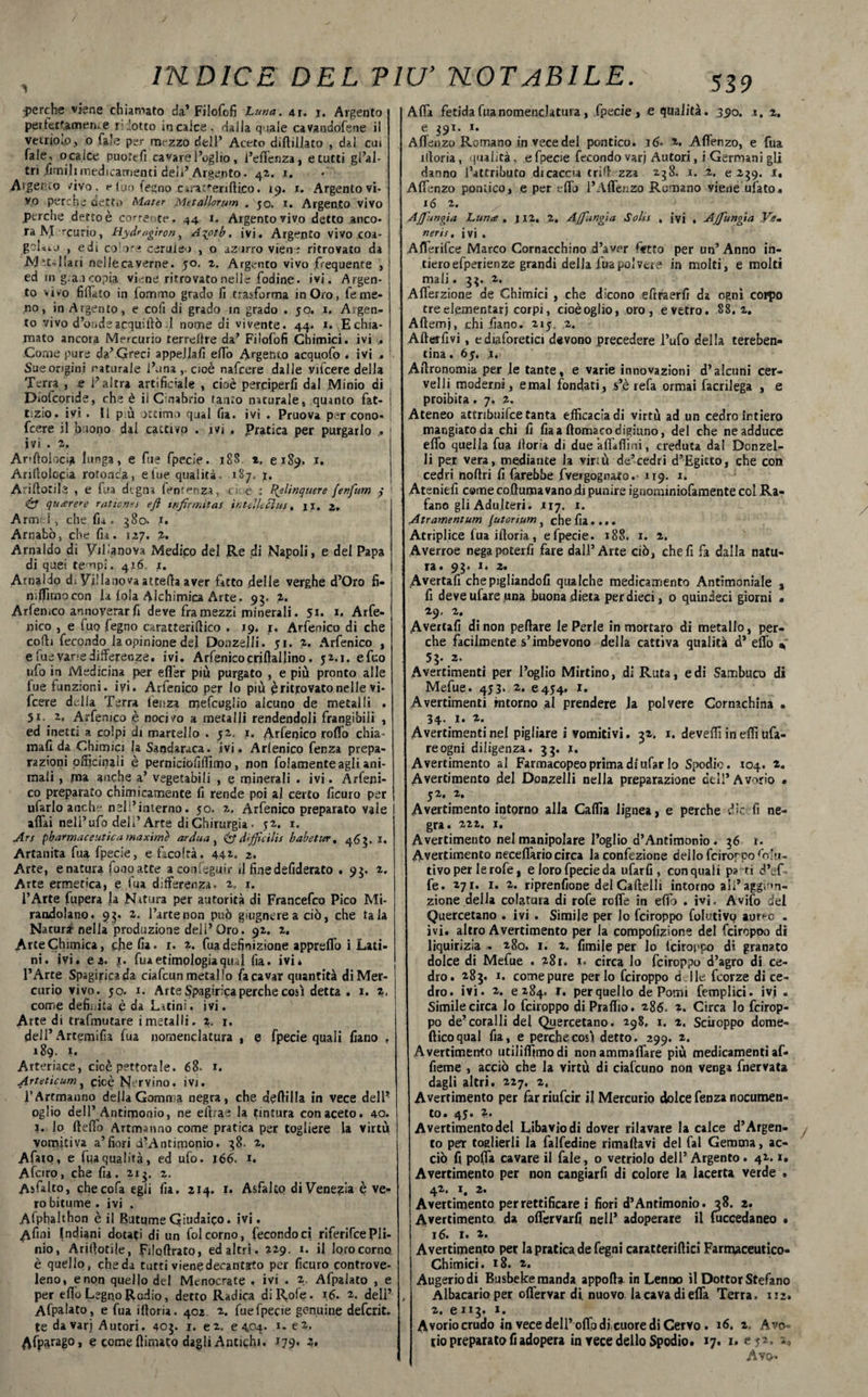 ■perche viene chiamato da1 Fiiofofi Luna, 4r. j. Argento pei (ex'amen,e r .'.otto incaice. dalla q’saie cavandofene il vetriolo, o fale per mrzzo dell’ Aceto diftillato , dal cui fale, ocalce puolefi cavare Foglio, Feffenza, e tutti gl’al- tri filmilimedicamenti deli’ Argento. 42. 1. Algerie rivo , e tuo fegno Cii an'-eriftico. 19. 1. Argento vi¬ vo perche detto Maser Mttallorum . 50. 1. Argento vivo perche detto è corrente. 44 1. Argento vivo detto anco¬ ra M'rcurio, Hydrugironì A\oth, ivi. Argento vivo coa- gclu j , e di colori ceruleo , o azorro viene ritrovato da AJ-trilari nellecaverne. 50. z. Argento vivo frequente , ed in gai copia viene ritrovato nelle fedine- ivi. Argen¬ to > i »o fi fato in iommo grado fi trasforma inOro, fe me¬ no, in Argento, e coli di grado in grado . jo. 1. Argen¬ to vivo d’onde acquàio .1 nome di vivente. 44. 1. Echia- mato ancora Mercurio terrefire da’ Fiiofofi Chimici, ivi... Come pure da’Greci appellali elfo Argento acquofo . ivi . ! Sue origini naturale Funa ,. cioè nafeere dalie vifcere della Terra , e l’altra artificiale , cioè perciperfi dal Minio di Dtofconde, che è ii C’nabrio lauto naturale, quanto fat- j tizio. ivi . Il p ù attimo qual fia. ivi . Pruova per cono- feere il buono dal cattivo . ivi , pratica per purgarlo . ivi . 2. Anftolociji lunga, e fue fpecie. 188 ». 0189. 1. Anfiolopia rotonda, e lue qualità. 187. j, Ariftorile , e fua degni fenienza, ove : Pjlinquere jenfum ,* l & quarere raticnes e fi infirmi! as intelkclus. 11. 2, Arm i, che fu . 380. 1. Arnakò, che fu. 127. 2. Arnaldo di Vii Innova Medico del Re di Napoli, e del Papa di quei tempi. 416 x. Arnaldo d. Villano va arreda aver fitto .delle verghe d’Oro fi- niflìrnocon la loia Aichimica Arte. 93, 2. Arfemco annoverar fi deve fra mezzi minerali. Si» *• Arfe- nico , e fuo fegno caratterifiico . 19. 1. Arfenico di che corti fecondo la opinione del Donzelli. 51. 2. Arfenico , e lue varie differenze, ivi. Arfenico criftallino. 52.1. efuo ufo in Medicina per efler più purgato , e più pronto alle fue funzioni, ivi. Arfenico per lo più è ritrovato ne Ile vi- feere della Terra lenza mefcuglio alcuno de metalli . 51. 2, Arfenico è nocivo a metalli rendendoli frangibili , ed inetti a colpi di martello .52. 1. Arfenico rollo chia- mafi da Chimici la Sandaraca. ivi. Arlenico fenza prepa¬ razioni officinali è perniciofiffimo, non folamente agli ani¬ mali , ma anche a’ vegetabili , e minerali . ivi. Arfeni¬ co preparato chimicamente fi rende poi al certo ficuro per ufarlo anche nelFinterno. 50. z. Arfenico preparato vale affai nell’ufo deli’Arte di Chirurgia - y2. 1. Ars pbarmaceutica maxime ardua , (&f dìjficilis babetur. 463.1. Artanita fua fpecie, e facoltà. 442. 2. Arte, enatura fonoatte aconfeguir il finedefiderato . 93. 2, Arte ermetica, e lua differenza. 2. 1. l’Arte fupera la N itura per autorità di Francefco Pico Mi- randolano. 93. 2. l’arte non può g-ugnere a ciò, che tala Narura* nella produzione deli’Oro. 92. 2. Arte Chimica, che fia. 1. 2. fua definizione appreffo i Lati¬ ni. ivi. e 2. {. fua etimologia qual fia. ivi» l’Arte Spagiricada ciafcun metallo fa cava? quantità di Mer¬ curio vivo. 50. x. Arte Spagirca perche così detta . 1. z. come definita è da Latini, ivi. Arte di trafmutare i metalli. 2. 1. dell’Artemifia fua nomenclatura , e fpecie quali fiano , 189. 1. Arteriace, cioè pettorale. 68- 1. Artetìcum} cioè N rvino. ivi. FArtmanno della Gomma negra, che defilila in vece dell’ oglio dell’ Antimonio, ne elìrae la tintura con aceto. 40. 1. lo fteffo Artmanno come pratica per togliere la virtù vomitiva a’fiori i’Antimonio. 38. 2. Afaro, e fua qualità, ed ufo. 166. 1. Afciro, che fu. 213. 2. Asfalto, che cofa egli fia. 214. 1. Asfalto di Venezia è ve¬ ro bitume . ivi . Alphalthon è il Butume Giudaico. ivi. Afini Indiani dotati di un fol corno, fecondo ci riferifee Pli¬ nio, Arifiotile, Filoftrato, ed altri. 229. 1. il loro corno è quello, che da tutti viene decantato per ficuro controve¬ leno, e non quello del Mcnocrate . ivi . 2 Afpalato , e per efio Legno Rodio, detto Radica di Rofe. 16. 2. dell’ Afpalato, e fua ifioria. 402 2. fue fpecie genuine deferit. te davarj Autori. 403. 1. e2. e 404. 1- e2. Afparag°> e come (limato dagli Antichi. 179. 2» 539 Affa fetida fua nomenclatura, fpecie, e qualità. 39 o. *. 2. e 391. 1. Affenzo Romano in vece del pontico. 16- 2. Affenzo, e fua ifioria, qualità . e fpecie fecondo vari Autori, i Germani gli danno i’atCributo dicacela trirt zza 238. 1. 2. e 239. I. Affenzo poniico, e per efib FAffenzo Remano viene ufato. 16 2. Ajjungia Luna . JI2, 2. Ajffungia Solis , ivi , Ajfiungia Ve- neris. ivi . Afferifce Marco Cornacchino d’aver firtto per un’ Anno in¬ tiero efperienze grandi della fua polvere in molti, e molti mali. 33. 2. Afferzione de Chimici , che dicono efiraerfi da ogni corpo tre elementari corpi, cioè oglio, oro, everrò. 88. 2. Aftemj, chi fiano. 215. 2. Afterfivi , e diaforetici devono precedere l’ufo della tereben¬ tina. 65. x. Afironomia per le tante, e varie innovazioni d’alcuni cer¬ velli moderni , emal fondati, s’è refa ormai facrilega , e proibita. 7. 2. Ateneo attribuire tanta efficacia di virtù ad un cedro intiero mangiato da chi fi fia a ftomaco digiuno, del che ne adduce effo quella fua fiora di due affilimi, creduta dal Donzel¬ li per vera, mediante la viriù de’cedri d’Egitto, che con cedri noftri fi farebbe f vergognato. 119. 1. Ateniefi come coftumavano di punire ignominiofamente col Ra¬ fano gli Adulteri. X17. 1. Atramentum futonum, che fia.... Atriplice fua ifioria, e fpecie. 188. 1. 2. Averroe negapoterfi fare dalFArte ciò, chefi fa dalla natu¬ ra. 93. 1. 2. Avertafi che pigliandoli qualche medicamento Antimoniale , fi deve ufare una buona dieta per dieci, o quindeci giorni • 29, 2, Avertafi di non pefiare le Perle in mortaro di metallo, per¬ che facilmente s’imbevono della cattiva qualità d* effo «, 53.2. Avertimenti per Foglio Mirtino, di Ruta, e di Sambuco di Mefue. 453* 2. 6454. 1. Avertimenti intorno al prendere la polvere Cornachina . 34- Avertimenti nel pigliare i vomitivi. 32. 1. deveffi ineffi ufa¬ re ogni diligenza. 33. x. Avertimento al Farmacopeo prima di ufar lo Spodio. 104. 2. Avertimento del Donzelli nella preparazione dell’Avorio . Avertimento intorno alla Caffia lignea, e perche die fi ne¬ gra. 222. i, Avertimento nel manipolare Foglio d’Antimonio . 36 r. Avertimento neceffario circa la confezione dellofcirorpofio’u- tivo per le rofe, e loro fpecie da ufarfi , con quali p? ri d’ef¬ fe. 271* 1. 2. riprenfione del Caftelli intorno ali’aggiun¬ zione della colatura di rofe roffe in effo . ivi, Avifo del Quercetano . ivi . Simile per lo feiroppo folutivy aor*o . ivi. altro Avertimento per la compofizione del feiropoo di liquirizia . 280. 1. z, fimile per lo lciroppo di granato dolce di Mefue . 281. x. circa lo feiroppo d’agro di ce¬ dro. 283. 1. come pure per lo feiroppo d Ile feorze di ce¬ dro. ivi. 2. 6284. I. per quello de Pomi femplici. ivi . Simile circa Io feiroppo diPraflio. 286. 2. Circa lo feirop¬ po de’coralli del Quercetano. 29S, 1. 2. Sciroppo dome- fticoqual fia, e perche così detto. 299. 2. Avertimento utiliffimo di nonammaffare più medicamenti af- fieme , acciò che la virtù di ciafcuno non venga fnervata dagli altri. 227. 2, Avertimento per farriufeir il Mercurio dolce fenza nocumen- to» 45* Avertimento del Libaviodi dover rilavare la calce d’Argen- to per toglierli la falfedine rimaftavi del fai Gemma, ac¬ ciò fi poffa cavare il fale, o vetriolo dell’ Argento. 42.1. Avertimento per non cangiarfi di colore la lacerta verde • 42. i4 2. Avertimento per rettificare i fiori d’Antimonio. 38. 2. Avertimento da offervarfi nell* adoperare il (uccedaneo • 16* i« %• Avertimento per la pratica de fegni caratteriftici Farm^ceutico- Chimici. 18. 2. Augerio di Busbeke manda apporta in Lenno il Dottor Stefano Albacario per offervar di nuovo lacavadieffa Terra. 112. 2. e 113. *. Avorio crudo in vece dell’ offa di cuore di Cervo . 16. 2, Avo- (io preparato fi adopera in vece dello Spodio. 17. 1» e 52, ì0 Avo-