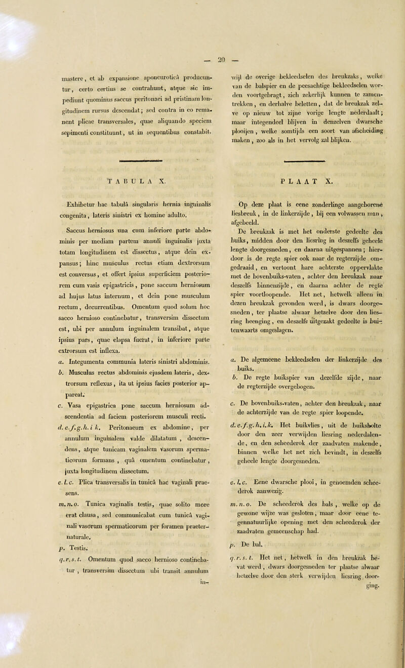 mastere, ct ab expansione aponcurolica producun- tur, certo certius se contrahunt, atque sic im- pediunt quominus saccus peritonaei ad pristinara lon- gitudinem rursus descendat; sed contra in eo rema¬ nent plicae transversales, quae aliquando speciem sepimenti constiluunt, ut in sequentibus constabit. TABULA X. Exhibclur hac tabula singular is hernia inguinalis congenita, lateris sinistri ex liomine adulto. Saccus berniosus una cum inferiore parte abdo¬ minis per mediam partem ahnuli inguinalis juxta totam longitudinem est dissectus, atque dein ex- pansus; bine musculus rectus etiam dextrorsum est conversus, et offert ipsius superficiem posterio- rem cum vasis epigastricis , pone saccum berniosum ad liuj us latus internum, et dein pone musculum rectum, decurrentibus. Omentum quod solum hoc sacco liernioso continebatur, transversim dissectum est, ubi per annulum inguinalem transibat, atque ipsius pars, quae elapsa fuel’at, in inferiore parte extrorsum est inflexa. a. Integumenta communia lateris sinistri abdominis. b. Musculus rectus abdominis ejusdem lateris, dex¬ trorsum reflexus , ita ut ipsius facies posterior ap- pareat.’ c. Vasa epigastrica pone saccum berniosum ad- scendentia ad faciem posteriorem musculi recti. d. e.f.g.h. i k. Peritonaeum ex abdomine, per annulum inguinalem valde dilatatum , descen- dens, atque tunicam vaginalem vasorum sperma- ticorum formans , qua omentum continebatur, juxta longitudinem dissectum; e. 1. c. Plica transversalis in tunica had vaginali prae- sens. m.71.0. Tunica vaginalis testis, quae solito more erat clausa, sed communicabat cum tunica vagi¬ nali vasorum spermaticorum per foramen praeter-* naturale. p. Testis. q. r.s.t. Omentum quod sacco liernioso contineba¬ tur , transversim dissectum ubi transit annulum in- xvijl de overige bekleedselen des breukzaks, welke van de balspier en de peesaebtige bekleedselen wor- den voortgebragt, zicb zekerlijk kunnen te zamen- trekken, en derhalve beletten, dat de breukzak zel- ve op nieuw tot zijne vorige lengte nederdaalt; maar inlegendeel blijven in denzelven dwarsche plooijen , welke somtijds een soort van afscheiding maken, zoo als in bet vervolg zal blijken. P L A A T X. Op deze plaat is eene zonderlinge aangeborene liesbreuk , in de linkerzijde , bij een volwassen man , afgebeeld. De breukzak is met bet onderste gedeelte des buiks, midden door den liesrihg in deszelfs gebeele lengte doorgesneden, en daarna uitgespannen; bier- door is de regte spier ook naar de regterzijde oni- gedraaid, en verloont hare achterste oppervlakte met de bovenbuiks-vaten , aebter den breukzak naar deszelfs binnenzijde, en daarna aebter de regte spier voortloopende. Het net, hetwelk alleen in dezen breukzak gevonden werd, is dwars doorge¬ sneden , ter plaatse alwaar hetzelve door den lies- ring lieenging , en deszelfs uitgezakt gedeelte is bui- tenwaarts omgeslagen. a. De algemeene bekleedselen der linkerzijde des buiks. b. De regte buikspier van dezelfde zijde, naar de regterzijde overgebogen. c. De bovenbuiks-vaten, aebter den breukzak, naar de achterzijde van de regie spier loopende. d. e.f.g. h.i.k. Het buikvlies, uit de buiksholte door den zeer verwijden liesring nederdalen- de, en den sebeederok der zaadvaten makende, binnen welke bet net zicb bevindt, in deszell’s gebeele lengte doorgesneden. e. 1. c. Eene dwarsche plooi, in genoemden sebee¬ derok aanwezig. m. n. o. De sebeederok des Lais , welke op de gewone wijze was gesloten, maar door eene te- gehnatuurlijke opening met den sebeederok der zaadvaten gemeenschap bad. p. De bal. q. r.s.t. Het net, hetwelk in den breukzak be- vat werd , dwars doorgesneden ter plaatse alwaar hetzelve door den sterk verwijden liesring door- ging-