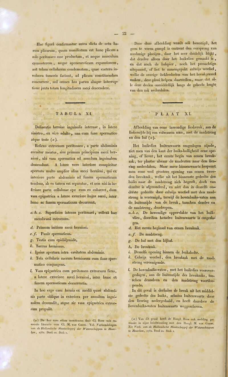 Hac figura confirmantur antea dicta de ortu ba- rum plicarum, quum mamfestum est banc plicam a solo pcritonaeo esse productam, et neque musculum cremasterem , neque aponeuroticam expansionem, aut telam cellularem condensatam, quae caetera in- volucra turaoris faciunt, ad plicam constituendam concurrere, sed omnes lias partes absque interrup- tione juxta totam longitudinem saeci descendere. t TABULA XI. ' Delineatio herniae inguinalis internae , in latere sinistro, ex viro adulto, una cum fune spermatico atque teste (a). Reflexo extrorsum peritoiiaeo > a parte abdominis cernitur meatus, sive primurn principium sacci her- niosi, ubi vasa spermatica ad annulum inguinalem descendunt. A latere vero interiore conspicitur apertura multo amplior alius sacci berniosi, qui ex interiore parte abdominis ad funem spermaticum tendens, ab eo tamen est separatus , et non nisi in in- feriore parte cellulosae ope cum eo cohaeret, dum vasa epigastrica a latere exteriore bujus sacci, inter liunc ac funem spermaticum decurrunt. a. b. c. Superficies interna peritonaei * reflexa bac membrana extrorsum. d. Primum initium sacci herniosn e. f Funis spermaticus. g. Testis cum epidklymide, h. Saccus berniosus. i. Ipsius apertura intra cavilatem abdominis. k. Tela cellularis saccum lierniosum cum fune Sper¬ matico conj ungens. l. Vasa epigastrica cum peritoiiaeo extrorsum flexa, a latere exteriore sacci berniosi, inter liunc et funem spermaticum decurrentia. In boc ergo casu liernia ex mediii quasi abdomi¬ nis parte oblique in exteriora per annulum ingui¬ nalem descendit, atque sic vasa epigastrica exlror- sum propulit. (a) De hoc casu etiam mentionem fecit Cl. Bonn Inin co- mercio literario cum Cl. M. van Geuns. Vid. Verhandelingen van de Hollandsche Maatschappij der TVelcnschappen te Haar¬ lem, 1782. Deet 20. Stuk 2. Door deze afbeelding wordt 00k bevestigd, bet geen te voren gezegd is omtrent den oorsprong van zoodanige plooijen, daar bet zeer duidelijk blijkt, dat dezelve alleen door bet buikvlies gemaakt is , en dat nocb de balspier , noch bet peesacbtige uitspansel, of bet te zamengepakt celwijs weefsel, welke de overige bekleedselen van bet breukgezwel raaken , deze plooi lielpen daarstellcn, maar dat al- le deze deelen onmiddellijk langs de gelieele lengte van den zak nederdalen. P L A A T XI. it . . f j ! j • jUii-.j • . . • > iiUi-.iij f J; Afbeelding van eene inwendige liesbreuk, aan de linkerzijde bij een volwassen man, met de zaadstreng ert den bal (a). • » ■• . , Het buikvlies buitehwaarts omgeslagen zijnde, ziet men van den kant der buiks-bolligbeid eene ope¬ ning, of liever, bet edrste begin van eenen breuk- zak j ter plaatse alwaar de Zaadvaten naar den lies— ring nederdalen. Maar meer binnenwaarts bespeurt men eene veel grootere opening- van eenen twee- den breukzak , welke uit bet binnenste gedeelte des buiks naar de zaadstreng zich begeeft, doch van dezelve is afgezonderd, en niet dan in deszelfs on- dersle gedeelte door celwijs weefsel met den zaad* streng is vereenigd* terwijl de bovenbuiks-vaten aan de buitenzijde van de breuk, tusschen dezelve en de zaadstreng, doorloopen. a. b. c. De inwendige oppervlakte van bet buik¬ vlies , doordien lietzelve buitenwaarts is omgesla- gen. d. Het eerste beginsel Van eenen breukzak. e. f. De zaadstreng. g. De bal met den bijbal. h. De breukzak. i. Deszelfs opening binnen de buiksbolte. k. Celwijs weefsel, den breukzak met de zaad¬ streng vereenigendei l. De bovenbuiks-vaten , met bet buikvlies voorover- geslagen, aan de buitenzijde des breukzaks, tus- schen dcnzelven en den zaadstreng voortloo- pende. In dit geval is derlialve de breuk uit bet middel- sle gedeelte des buiks, scbuins buitenwaarts door den liesring nedergedaald, en liceft daardoor de bovenbuiks-vaten buitenwaarts weggeschoven. (a) Van dit geval heeft de Iloogl. Bonn ook melding ge¬ maakt in zijne briefwisseling met den Hoogl. M. van Geuns. Zie Verb, van de Hollandsche Maatschappij der JVetenschappen te Haarlem, 1782. Decl 20, Stuk 2.