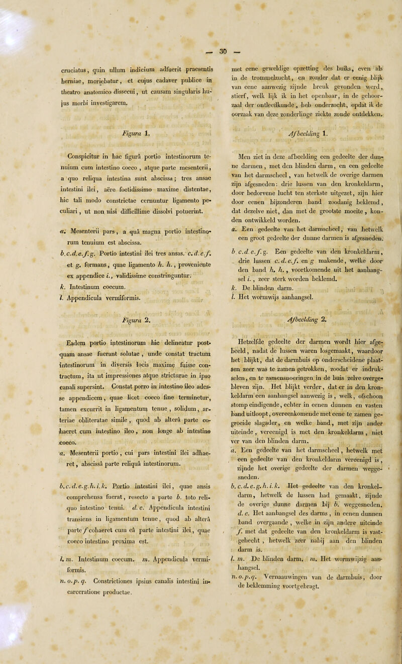 cruciatus, quin ullum indicium adfuerit praesentis herniae, moriebatur, et cujus cadaver publice in theatro anatomico dissecui, ut causam singularis liu- jus morbi investigarem. Figura 1. Conspicitur in hac figura portio intestinorum te- nuium cum intestino coeco , atque parte mesenterii, a quo reliqua intestina sunt abscissa; tres ansae intestini ilei, aere foelidissimo maxime distentae, hie tali modo constrictae cernuntur ligamento pe* culiari, ut non nisi dilficillime dissolvi potuerint. a, Mesenterii pars , a qua magna portio intestino¬ rum tenuium est abscissa. b. c.d.e.fg. Portio intestini ilei tres ansas. c.d.e.f. et g. formans, quae ligamento h. h., prove niente ex appendice i., validissime constringuntur. k. Intestinum coecum. l. Appendicula vermiformis. Figura 2. Eadem portio intestinorum hie delineatur post- quam ansae fuerant solutae , unde constat tractum intestinorum in diversis locis maxime fuisse con- tractum, ita ut impressiones atque stricturae in ipso canali supersint. Constat porro in intestino ileo ades- se appendicem, quae licet coeco fine terminetur, tamen excurrit in ligamentum tenue , solidum, ar- teriae obliteratae simile , quod ab altera parte co- haeret cum intestino ileo, non longe ab intestino coeco. a. Mesenterii portio , cui pars intestini ilei adhae- ret, abscissit parte reliqua intestinorum. b. c. d. e.g.h, i.k. Portio intestini ilei, quae ansis comprehensa fuerat, resecto a parte b. toto reli- quo intestino tenui. d. e. Appendicula intestini transiens in ligamentum tenue, quod ab altera parte/'cohaeret cum ea parte intestini ilei, quae coeco intestino proxima est. I, in. Intestinum coecum. in. Appendicula vermi¬ formis. n. o.p. q. Constricliones ipsius canalis intestini in- earceratione productae. met eene geweldige opzetting des buiks, even als in de trommelzucht, en zonder clat er eenig blijk van eene aanwezig zijnde breuk gevonden werd, stierf, welk lijk ik in bet openbaar, in de gehoor- zaal der ontleedkunde , heb onderzocht, opdat ik de oorzaak van deze zonderlinge ziekte zoude ontdekken. Afbeelding 1. Men ziet in deze afbeelding een gedeelte der dun- ne darmen, met den blinden darm, en een gedeelte van bet darmscheel, van lietwelk de overige darmen zijn afgesneden: drie lussen van den kronkeldarm, door bedorvene lucht ten sterkste uitgezet, zijn liier door eenen bijzonderen band zoodanig beklemd, dat dezelve niet, dan met de grootste moeite , kon- den ontwikkeld worden. a. Een gedeelte van bet darmscheel, van lietwelk een groot gedeelte der dunne darmen is afgesneden. b c.d e.f^. Een gedeelte van den kronkeldarm, drie lussen c. d. e.f. en g makende, welke door den band h. h., voortkomende uit bet aanliang- sel i. , zeer sterk worden beklemd. k. De blinden darm. l. Het wormwijs aanhangsel. Afbeelding 2. i Hetzelfde gedeelte der darmen wordt bier afge- beeld, nadat de lussen waren losgemaakt, waardoor bet blijkt, dat de darmbuis op onderscheidene plaat- sen zeer was te zamen getrokken, zoodat er indruk- selen, en te zamensnoeringen in de buis zelye overge- bleven zijn. Het blijkt verder, dat er in den kron¬ keldarm een aanhangsel aanwezig is, welk, ofschoon stomp eindigende, ecliter in eenen dunnen en vasten banduitloopt, overeenkomende met eene te zamen ge- gi'oeide slagader, en welke band, met zijn ander uiteinde , vereenigd is met den kronkeldarm , niet ver van den blinden darm. a. Een gedeelte van het darmscheel, lietwelk met een gedeelte van den kronkeldarm vereenigd is , zijnde het overige gedeelte der darmen wegge- sneden. b. c.d, e. g.h.i.k. Het gedeelte van den kronkel¬ darm, lietwelk de lussen bad gemaakt, zijnde de overige dunne darmen bij b. weggesneden. d. e. Het aanhangsel des darms , in eenen dunnen band overgaande , welke in zijn andere uiteinde f met dat gedeelte van den kronkeldarm is vast- gehecht , lietwelk zeer nabij aan den blinden darm is. /. in. De blinden darm. m. Het wormwijzig aan¬ hangsel. n.o.p.q. Vernaauwingen van de darmbuis, door de beklemming voortgebragt.