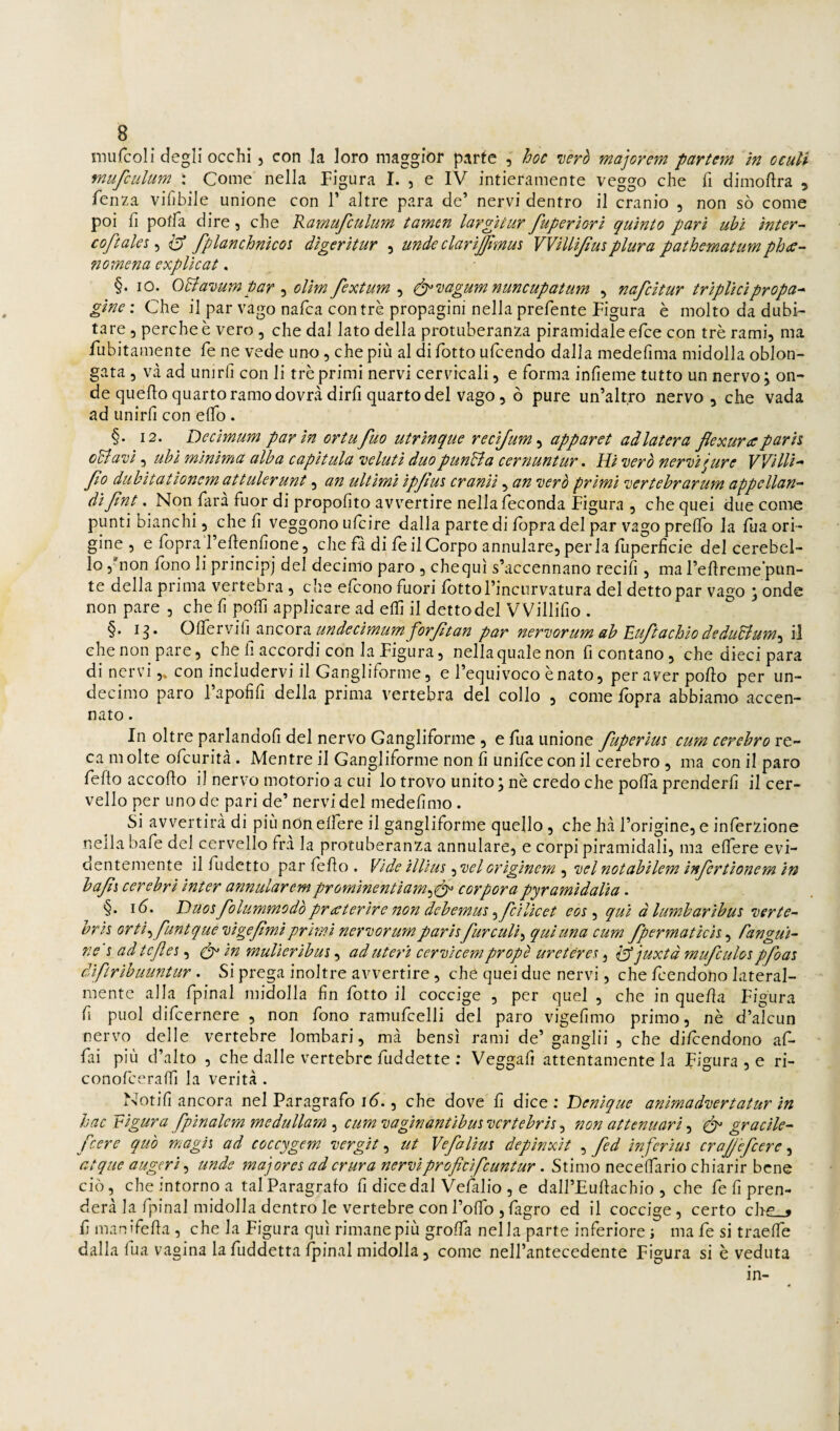 mufcoli degli occhi, con la loro maggior parte , hoc ’verò majorem partcm in ocuU mufcLilum : Come nella Figura I. , e IV intieramente veggo che fi dimoftra , Fenza vifibiJe unione con V altre para de’ nervi dentro il cranio , non sò come poi fi potfa dire, che Kamufculum tamcn largìiur fuperìarì quinto pari ubi inter- coftalei ^ ^ fplanchnicoi digeritur , unde clarijjìmm VVilliJìmplura pathematum ph£- nomena explicat. §. IO. OBa’cumpar ^ olim fextum ^ ^'uagumnuncupatum , nafcitur triplicipropa* gine ; Che il par vago nafca con tré propagini nella prefente Figura è molto da dubi¬ tare 5 perche è vero , che dai lato della protuberanza piramidale efce con tré rami, ma fubitamente fé ne vede uno , che più al di fotto ufcendo dalla medefima midolla oblon- gata , va ad unirli con li tre primi nervi cervicali, e forma infieme tutto un nervo \ on¬ de quello quarto ramo dovrà dirfi quarto del vago, ò pure un’altro nervo, che vada ad unirfi con elfo . §. 12. Decimum par in ortufuo utrinque recijum^ apparet ad luterà jìexura parh odiavi^ uhi minima alba capitala Deluti duo punBa cernuntur. Uiverò nerDijure VVilli'* Jìo dubitationem attulerunt, an ultimi ipjim cranii, an vero primi Dertebrarum appellane diJtnt Non farà fuor di propofito avvertire nella feconda Figura , che quei due come punti bianchi, che li veggono ulcire dalia parte di Ibpra del par vago prelfo la fua ori¬ gine , e fopra 1 ehenlione, che fà di leilCorpo annuiarejperla fuperficie del cerebel¬ lo ,*non fono li principi del decimo paro , chequi s’accennano recifi, ma l’ellreme'pun- te della prima vertebra 5 che cleono fuori lotto l’incurvatura del detto par vago j onde non pare , che lì polTi applicare ad ehi il dettodel VVillifio . §. 0‘^fcx\{\jincQxd.undecìmumforfnan par nerDorum ah EuftachiodeduBum^ il che non pare, che fi accordi con la Figura, nella quale non fi contano, che dieci para di nervicon includervi il Ganglilbrme, e l’equivoco è nato, per aver pollo per un- decimo paro l’apofifi della prima vertebra del collo , come fopra abbiamo accen¬ nato . In oltre parlandoli del nervo Gangliforme , e fua unione Juperiui cum cerebro re¬ ca molte ofeurità . Mentre il Gangliforme non fi unifee con il cerebro , ma con il paro fello accollo il nervo motorio a cui lo trovo unito ; nè credo che polla prenderli il cer¬ vello per uno de pari de’ nervi del medelimo. Si avvertirà di più non elfere il gangliforme quello , che hà l’origine, e inferzione nella bafe del cervello fra la protuberanza annulare, e corpi piramidali, ma elfere evi¬ dentemente il fudetto par fello . Vide illius, Delorìginem , Del notabilem injertionem in bajiì cerebri inter annularempromineìitiam^^ corporapyramìdalia. §. i6. Ttuo^folummodòprecterire non debemus ^fcìUcet eos ^ qui à lumharibus Derte- hrh orti^funtqueDÌgeJimiprhni neYDorumparisfurculi^quìuna cum fpermatich ^ Eangui- ne'ì ad tcjlei ^ ^ in mulieribui, ad uteri cerDicem propè uretere!^, Ifpjuxtà mufculoi pfoai diftribuuntur. Si prega inoltre avvertire, che quei due nervi, che feendono lateral¬ mente alla fpinal midolla lin fotto il coccige , per quel , che in quella Figura fi puoi difeernere , non fono ramufcelli del paro vigelìmo primo, nè d’alcun nervo delle vertebre lombari, mà bensì rami de’gangli! , che dilcendono af¬ fai più d’alto , che dalle vertebre fuddette ; Vegga!! attentamente la Figura , e ri- conofceralfi la verità . Notifi ancora nel Paragrafo id., che dove fi dice: Denique animadDertatur in hac Figura fpinalcm medullam , cum Daginantibm Dcrtehris, non attenuari, gracile- [cere quò magli ad coccygem Dergìt, ut Vefaliui depìnxit , fed in ferini cra^efeere, atque augeri ^ unde majoreiadcrura nerviproficifeuntar. Stimo necelfario chiarir bene ciò, che intorno a tal Paragrafo fi dice dal Velalio , e dall’Eullachio , che fe fi pren¬ derà la fpinal midolla dentro le vertebre con l’olfo , fagro ed il coccige, certo ch&_» lì manifella , che la Figura qui rimane più grolfa nel la parte inferiore i ma fe si traelfe dalla fua vagina la fuddetta fpinal midolla, come nell’antecedente Figura si è veduta in-