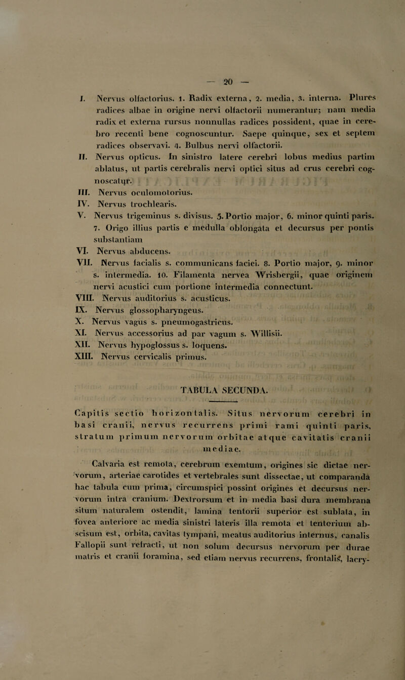 I. Nervus olfactorius, l. Radix externa, 2. media, 3. interna. Plures radices albae in origine nervi olfactorii numerantur; nam media radix et externa rursus nonnullas radices possident, quae in cere¬ bro recenti bene cognoscuntur. Saepe quinque, sex et septem radices observavi. 4. Bulbus nervi olfactorii. II. Nervus opticus. In sinistro latere cerebri lobus medius partim ablatus, ut partis cerebralis nervi optici situs ad crus cerebri cog- noscatqr. III. Nervus oculomotorius. IV. Nervus trochlearis. V. Nervus trigeminus s. divisus. 5. Portio major, 6. minor quinti paris. 7. Origo illius partis e medulla oblongata et decursus per pontis substantiam VI. Nervus abducens. VII. Nervus facialis s. communicans laciei. 8. Portio major, 9. minor s. intermedia. 10. Filamenta nervea Wrisbergii, quae originem nervi acustici cum portione intermedia connectunt. VIII. Nervus auditorius s. acusticus. IX. Nervus glossopharyngeus. X. Nervus vagus s. pneumogastricus. XI. Nervus accessorius ad par vagum s. Willisii. XII. Nervus hypoglossus s. loquens. XIII. Nervus cervicalis primus. TABULA SECUNDA. Capitis sectio horizontalis. Situs nervorum cerebri in basi cranii, nervus recurrens primi rami quinti paris, stratum primum nervorum orbitae atque cavitatis cranii m e d i a e. Calvaria est remota, cerebrum exemtum, origines sic dictae ner¬ vorum, arteriae carotides et vertebrales sunt dissectae, ut comparanda hac tabula cum prima, circumspici possint origines et decursus ner¬ vorum intra cranium. Dextrorsum et in media basi dura membrana situm naturalem ostendit, lamina tentorii superior est sublata, in fovea anteriore ac media sinistri lateris illa remota et tentorium ab¬ scisum est, orbita, cavitas tympani, meatus auditorius internus, canalis f allopii sunt refracti, ut non solum decursus nervorum per durae matris et cranii foramina, sed etiam nervus recurrens, frontali*?, lacry-