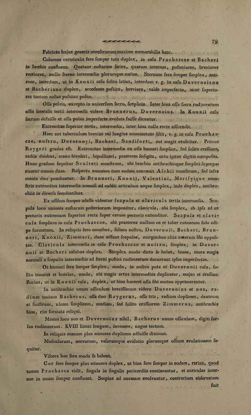 Fabricae hujus generis mopftrorum maxime memorabilia haec» Columna vertebralis fere femper tota duplex, in cafu Prochascae et Bacheri in lumbis confluens. Quatuor coftarum feries, quarum internae, pofteriores, breviores rectiores, nullo fterno intermedio plerumque unitae. Sternum fere femper fimplex, anti¬ cum, interdum, ut in Knoxii cafu folito latius, interdum v. g. in cafu Duvernoiano et Bacheriano duplex, accedente poftico, breviore, valde imperfecto, inier fuperio- res tantum coftas pofticas pofito. Offa pelvis, excepto in univerfum facro, fimplicia. Inter bina offa facra rudimentum offis lateralis tertii intermedii videre Brunnerus, Duvernoius. In Knoxii cafu facrum defuiffe et offa pubis imperfecte evoluta fuiffe dicuntur. Extremitas fuperior tertia, intermedia, inter bina colla recte aclfcenclit. Haec aut tuberculum brevius vel longius acuminatum fiftit, v. g. in cafu Prochas¬ cae, noftro, Duvernoyi, Bacheri, Sandiforti, aut magis evolvitur. Primus Raygeri gradus eft. Extremitas intermedia ex offe humeri fimplice, fed folito crafflore, radiis duobus, manu bivolari, bipollicari, praeterea fedigita, octo igitur digitis compofita. Hunc gradum fequitur Sculteti monftrum, ubi brachio antibrachioque fnnplici fuperpo- nuntur manus duae. Refpectu manuum cum eodem convenit Afchii monftrum, fed infra menta duo ponebantur. In Brunneri, Knoxii, Valentini, Marifyique mon- i ftris extremitas intermedia nonnili ad cubiti articulum usque flmplex, inde duplex, antibra- chiis in diverfa fecedentibus. Ex offibus femper adeffe videntur fcapula et clavicula tertia intermedia. Sca¬ pula loco unionis coftarum pofteriorum imponitur, clavicula, ubi fimplex, ab ipfa ad os pectoris extremum fuperius recta fuper cavum pectoris extenditur. Scapula et clavi¬ cula fimplices in cafu Prochascae, ubi praeterea nullum os et tuber cutaneum folo adi¬ pe formatum. In reliquis fere omnibus, faltem noftro, Duvernoii, Bacheri, Brun¬ neri, Knoxii, Zirnm eri, duae adfunt fcapulae, marginibus alias externis fibi oppofi- tae. Clavicula intermedia in cafu Prochascae et noftro, fimplex; in Duver- noii et Bacheri cafubus duplex. Simplex modo dicto fe habet, binae, more magis normali a fcapulis intermediis ad fterni poftici rudimentum decurrunt ipfae imperfectae. Os humeri fere femper fimplex, modo, in noftro puta et Duvernoii cafu, fo¬ lito tenuius et brevius, modo, ubi magis artus intermedius duplicatur, majus et craffius. Rarius, ut in Knoxii cafu, duplex, ut bina humeri offa fibi mutuo apprimerentur. In antibrachio unum officulum breviffimum videre Duvernoius et nos, ra¬ dium tantum Bacherus, offa duo Raygerus, offa tria, radium duplicem, dextrum et finiftrum, ulnam fimplicem, mediam, fed folito craffiorem Zimmerus, antibrachia bina, rite formata reliqui. Manus loco nos et Duvernoius nihil, Bacherus unum officulum, digitifor- fan rudimentum. XVIII lineas longum, invenere, ungue tectum. In reliquis manum plus minusve duplicem adfuiffe diximus. Mufculorum, nervorum, vaforumque evolutio plerumque offium evolutionem fe¬ quitur. Vifcera hoc fere modo fe habent. Cor fere femper plus minusve duplex, ut bina fere femper in eodem, rarius, quod tamen Prochasca vidit, lingula in fingulis pericardiis contineantur, et auriculae inter¬ nae in unam femper confluant. Saepius ad normam evolvuntur, contrarium obfervatum fuit