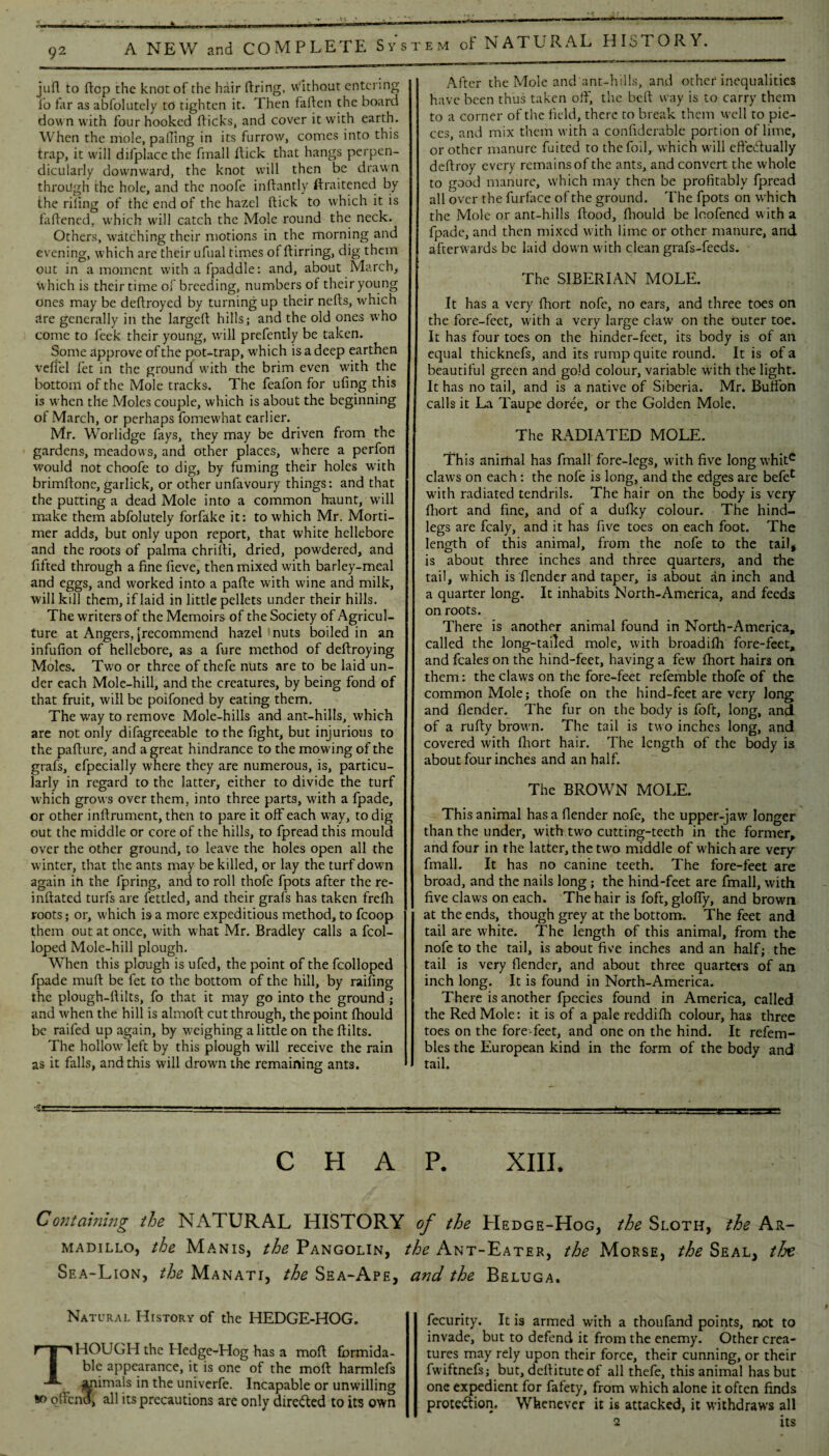 juft to flop the knot of the hair firing, without entering lb far as abfolutely to tighten it. Then fatten the board down with four hooked tticks, and cover it with earth. When the mole, patting in its furrow, comes into this trap, it will difplace the fmall flick that hangs perpen¬ dicularly downward, the knot will then be drawn through the hole, and the noofe inftantly ftraitened by the riling of the end of the hazel (tick to which it is fattened, which will catch the Mole round the neck. Others, watching their motions in the morning and evening, which are their ufual times of ftirring, dig them out in a moment with a fpaddle: and, about March, which is their time of breeding, numbers of their young ones may be deftroyed by turning up their netts, which tire generally in the largeft hills; and the old ones w’ho come to leek their young, will prefently be taken. Some approve of the pot-trap, which is a deep earthen veftel let in the ground with the brim even with the bottom of the Mole tracks. The feafon for ufing this is when the Moles couple, which is about the beginning of March, or perhaps fomewhat earlier. Mr. Worlidge fays, they may be driven from the gardens, meadows, and other places, where a perfoil would not choofe to dig, by fuming their holes with brimttone, garlick, or other unfavoury things: and that the putting a dead Mole into a common haunt, will make them abfolutely forfake it: to which Mr. Morti¬ mer adds, but only upon report, that white hellebore and the roots of palma chritti, dried, powdered, and lifted through a fine fieve, then mixed with barley-meal and eggs, and worked into a pafte with wine and milk, will kill them, if laid in little pellets under their hills. The writers of the Memoirs of the Society of Agricul¬ ture at Angers, [recommend hazel nuts boiled in an infufion of hellebore, as a fure method of deftroying Moles. Two or three of thefe nuts are to be laid un¬ der each Mole-hill, and the creatures, by being fond of that fruit, will be poifoned by eating them. The way to remove Mole-hills and ant-hills, which are not only difagreeable to the fight, but injurious to the patture, and a great hindrance to the mowing of the grafs, efpecially where they are numerous, is, particu¬ larly in regard to the latter, either to divide the turf which grows over them, into three parts, with a fpade, or other inttrument, then to pare it off each way, to dig out the middle or core of the hills, to fpread this mould over the other ground, to leave the holes open all the winter, that the ants may be killed, or lay the turf down again in the fpring, and to roll thofe fpots after the re- inftated turfs are fettled, and their grafs has taken frefh roots; or, which is a more expeditious method, to fcoop them out at once, with what Mr. Bradley calls a Lol¬ loped Mole-hill plough. When this plough is ufed, the point of the fcolloped fpade mutt be fet to the bottom of the hill, by railing the plough-ttilts, fo that it may go into the ground ; and when the hill is almoft cut through, the point Ihould be raifed up again, by weighing a little on theftilts. The hollow left by this plough will receive the rain as it falls, and this will drown the remaining ants. After the Mole and ant-hills, and other inequalities have been thus taken off, the beft way is to carry them to a corner of the field, there to break them well to pie¬ ces, and mix them with a confiderable portion of lime, or other manure fuited to the foil, which will ettebfually deftroy every remains of the ants, and convert the whole to good manure, which may then be profitably fpread all over the furface of the ground. The fpots on which the Mole or ant-hills flood, fhould be loofened w ith a fpade, and then mixed with lime or other manure, and afterwards be laid down with clean grafs-feeds. The SIBERIAN MOLE. It has a very fhort nofe, no ears, and three toes on the fore-feet, with a very large claw on the outer toe. It has four toes on the hinder-feet, its body is of an equal thicknefs, and its rump quite round. It is of a beautiful green and gold colour, variable with the light. It has no tail, and is a native of Siberia. Mr. Button calls it La Taupe doree, or the Golden Mole. The RADIATED MOLE. This animal has fmall fore-legs, with five longwhitc claws on each: the nofe is long, and the edges are befec with radiated tendrils. The hair on the body is very fhort and fine, and of a dufky colour. The hind¬ legs are fcaly, and it has five toes on each foot. The length of this animal, from the nofe to the tail, is about three inches and three quarters, and the tail, which is flender and taper, is about an inch and a quarter long. It inhabits North-America, and feeds on roots. There is another animal found in North-America, called the long-tailed mole, with broadifh fore-feet, and feales on the hind-feet, having a few fhort hairs on them: the claws on the fore-feet refemble thofe of the common Mole; thofe on the hind-feet are very long and flender. The fur on the body is foft, long, and of a rutty brown. The tail is two inches long, and covered with fhort hair. The length of the body is about four inches and an half. The BROWN MOLE. This animal has a flender nofe, the upper-jaw longer than the under, with two cutting-teeth in the former, and four in the latter, the two middle of which are very fmall. It has no canine teeth. The fore-feet are broad, and the nails long ; the hind-feet are fmall, with five claws on each. The hair is foft, gloffy, and brown at the ends, though grey at the bottom. The feet and tail are white. The length of this animal, from the nofe to the tail, is about five inches and an half; the tail is very flender, and about three quarters of an inch long. It is found in North-America. There is another fpecies found in America, called the Red Mole: it is of a pale reddifh colour, has three toes on the fore feet, and one on the hind. It refem- bles the European kind in the form of the body and tail. • - --- --- - ' --- ' ■ —...L-— ■ ' i ■ —* CHAP. XIII. Contaimng the NxATURAL HISTORY of the Hedge-Hog, the Sloth, the Ar¬ madillo, the Manis, the Pangolin, the Ant-Eater, the Morse, the Seal, tlx Sea-Lion, the Manati, the Sea-Ape, and the Beluga. Natural History of the HEDGE-HOG. THOUGH the Hedge-Hog has a mott formida¬ ble appearance, it is one of the mott harmlefs jmimals in the univerfe. Incapable or unwilling so ottend, all its precautions are only directed to its own fecurity. It is armed with a thoufand points, not to invade, but to defend it from the enemy. Other crea¬ tures may rely upon their force, their cunning, or their fwiftnefs; but, dettitute of all thefe, this animal has but one expedient for fafety, from which alone it often finds protection. Whenever it is attacked, it withdraws all 2 its