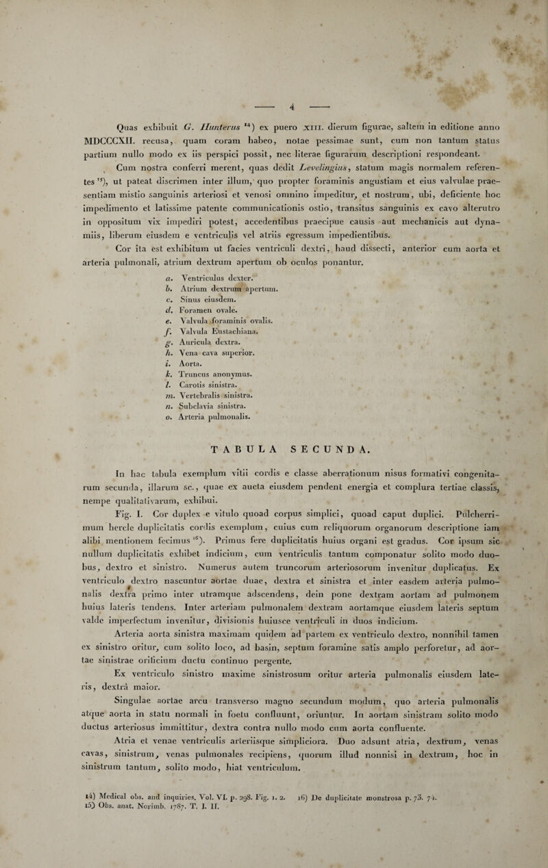 Q uas exhibuit G. llunierus '^) ex puero jcm. dierum figurae, saltem in editione anno MDCCGXII. recusa, quam coram habeo, notae pessimae sunt, cum non tantum status partium nullo modo ex iis perspici possit, nec llterae figurarum descriptioni respondeant. Cum nostra conferri merent, quas dedit LevelingiuSf statum magis normalem referen¬ tes '^), ut pateat discrimen Inter illum,' f[uo propter foraminis angustiam et eius valvulae prae¬ sentiam mistio sanguinis arteriosi et venosi omnino imjiedltur^ et nostrum, ubi, deficiente hoc impedimento et latissime patente communicationis ostio, transitus sanguinis ex cavo alterutro in oppositum vix Impediri potest, accedentibus praecipue causis aut mechanicis aut dyna- mlis, liberum eiusdem e ventriculis vel atriis egressum Impedientibus. Cor ita est exhibitum ut facies ventriculi dextri, haud dissecti, anterior cum aorta et arteria pulmonali, atrium dextrum apertum ob oculos ponantur. a. Ventriculus dexter.^ h. Atrium dextrum apertum. c. Sinus eiusdem. cl. Foramen ovale. e. Valvula foraminis ovalis. f. Valvula Eustacliiana. £<•. Auricula dextra. O /i. Vena cava superior. i. Aorta. h. Truncus anonymus. /. Carotis sinistra. rn. Vertebralis sinistra. n. Subclavia sinistra. o. Arteria pulmonalis. TABULA SECUNDA. In hac tabula exemplum vitii cordis e classe aberrationum nisus formativi congenita¬ rum secunda. Illarum sc., quae ex aucta eiusdem pendent energia et complura tertiae classis, nempe qualitativarum, exhibui. Fig. I. Cor duplex e vitulo quoad corpus simplici, quoad caput duplici. Pulcherri¬ mum bercle duplicitatis cordis exemplum, cuius cum reliquorum organorum descriptione iam alibi mentionem fecimus Primus fere duplicitatis huius organi est gradus. Cor Ipsum sic nullum duplicitatis exhibet Indicium, cum ventriculis tantum componatur solito modo duo¬ bus, dextro et sinistro. Numerus autem truncorum arteriosorum invenitur duplicatus. Ex ventriculo dextro nascuntur aortae duae, dextra et sinistra et Inter easdem arteria pulmo¬ nalis dextra primo Inter utramque adseendens, dein pone dextram aortam ad pulmonem huius lateris tendens. Inter arteriam pulmonalem dextram aortamc|ue eiusdem lateris sepium valde imperfectum invenitur, divisionis bulusce ventriculi in duos indicium. Arteria aorta sinistra maximam quidem ad partem ex ventriculo dextro, nonnihil tamen ex sinistro oritur, cum solito loco, ad bas^n, septum foramine satis amplo perforetur, ad aor¬ tae sinistrae orificium ductu continuo pergente. Ex ventriculo sinistro maxime sinistrosum oritur arteria pulmonalis eiusdem late¬ ris , dextra maior. Singulae aortae arcu transverso magno secundum modum, cjuo arteria pulmonalis atque aorta in statu normali in foelu conlluunt, oriuntur. In aortam sinistram solito modo ductus arteriosus immltlllur, dextra contra nullo modo cum aorta conlluente. Atria et venae ventriculis arlerlisque simpliciora. Duo adsunt atria, dextrum, venas cavas, sinistrum, venas pulmonales i'eclplens, quorum illud nonnisi in dextrum, hoc in sinistrum tantum, solito modo, hiat ventriculum. i4) Mcclical obs. and inquiries. Vol. VI. p. 298. Fig. 1. 2. i(i) De dujdicilale monstrosa p. jo. /4. i53 Obs. anat. Noriinb. 1787. T. I. If,