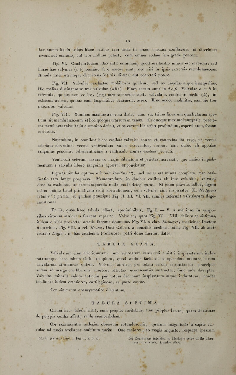 liae aulem ita in tribus bisce casibus tam arcte in unam massam confluxere, ut discrimen revera aut omnino, aut fere nullum pateat, cum omnes eodem fere gradu peccent. Fig. VI. Gradum forsan ideo sistit minimum, quod ossificatio minus est scabrosa: sed binae hae valvulae («6) omnino fere osseae sunt, nec nisi in ipsis extremis membranaceae. Jiimula inter utramque decurrens (c) vix dilatari aut coarctari potest. Fig. VII. Valvulae ossefactae mobiliores quidem, sed os crassius atejue inaequalius. Hic melius distinguntur tres valvulae {ah Fines earum sunt in d e f. Valvulae a et 6 in extremis, quibus non coiere, {g g) membranaceae sunt, valvula c. contra in medio (A), in extremis autem, quibus cum tangentibus concurrit, ossea. Hinc maior mobilitas, cum sic tres nascantur valvulae. Fig. Omnium maxime a norma distat, cum vix trium linearum C[uadratarum spa¬ tium sit membranaceum et hoc quoc|ue crassum et tenax. Os quoque maxime inaequale, praete¬ rea membrana valvulae In a omnino deficit, et os cavum hic refert profundum, asperrimum, forsan cariosum. Notandum, In omnibus hisce casibus valvulas osseas et.concretas ita erigi, ut versus arteriam eleventur, versus ventriculum valde excaventur, forma, sine dubio ab appulsu sanguinis pendens, vehementissime a ventriculo contra easdem prolecti. Ventriculi ceterum cavum eo magis dilatatum et parietes incrassati, quo maius Impedi¬ mentum a valvulis libero sanguinis egressui opponebatur. Figuras similes optime exhibuit Baillius sed series est minus completa, nec ossi¬ ficatio tam longe progressa. Memorandum, In duobus casibus ab ipso exhibitis, valvulas duas ita coaluisse, ut earum separatio nullo modo detegi queat. NI enim graviter fallor, figura etiam quinta haud primitivam sistit aberrationem, cum valvulae sint Inspissatae. Ilodgsojii tabulis prima, et quidem praecipue Fig. II. III, VI. VII. similes referunt valvularum dege¬ nerationes. / Ex iis, Cjuae haec tabula aflfert, speciminibus, Fg. I. — V. a me ipso in corpo¬ ribus vlroiaim seniorum fuerunt repertae. Valvidae, quas Fig. VI — VIII. dellneatas sistimus, itidem e viris provectae aetatis fuerunt desumtae. Fig. VI. a clar. Niemeyer, medicinae Doctore nuperrime, Fig. VIIL a cel. Brunn, Duci Cothen. a consiliis medicis, mihi, Fig. VII. ab ami¬ cissimo Diiffer, in hac academia Professore, patri dono fuerunt datae. TABULA SEXTA. Valvularum cum arteiaosarum, tum venosarum ventriculi sinistri inspissatarum Indu- ratarumque haec tabula sistit exemplum, quod optime facit ad complendam mutatae harum valvularum structurae seriem. Valvulae aorticae per totam earum expansionem, praecipue autem ad marginem liberum, morbose affectae, excrescentlls kistructae, bine Inde disruptae. Valvulae mitralis velum anticum per totum decursum Inspissatum atque induratum, cordae tendineae Itidem crassiores, cartilagineae, ex parte osseae. Cor sinistrum aneurysmatice distentum. i TABULA SEPTIMA. Casum haec tabula sistit, cum propter raritatem, tum propter lucem, quam doctrinae de polypis cordis affert, valde memorabilem. Cor excrescentlls sedecim obsessum i'Otundusculis, quarum ma^gnltudo a capite aci- culae ad nucis avellanae ambitum variat. Quo maiores, eo magis angusto, respectu ipsarum 29) Etigravings Fasc. I. Fig. 1. 2. 3. 5, 3o) Eugraviiigs intcnclcd to illustrate sonie of tbe clisca- «es ol aitei'ics. Louclon ]8i5.