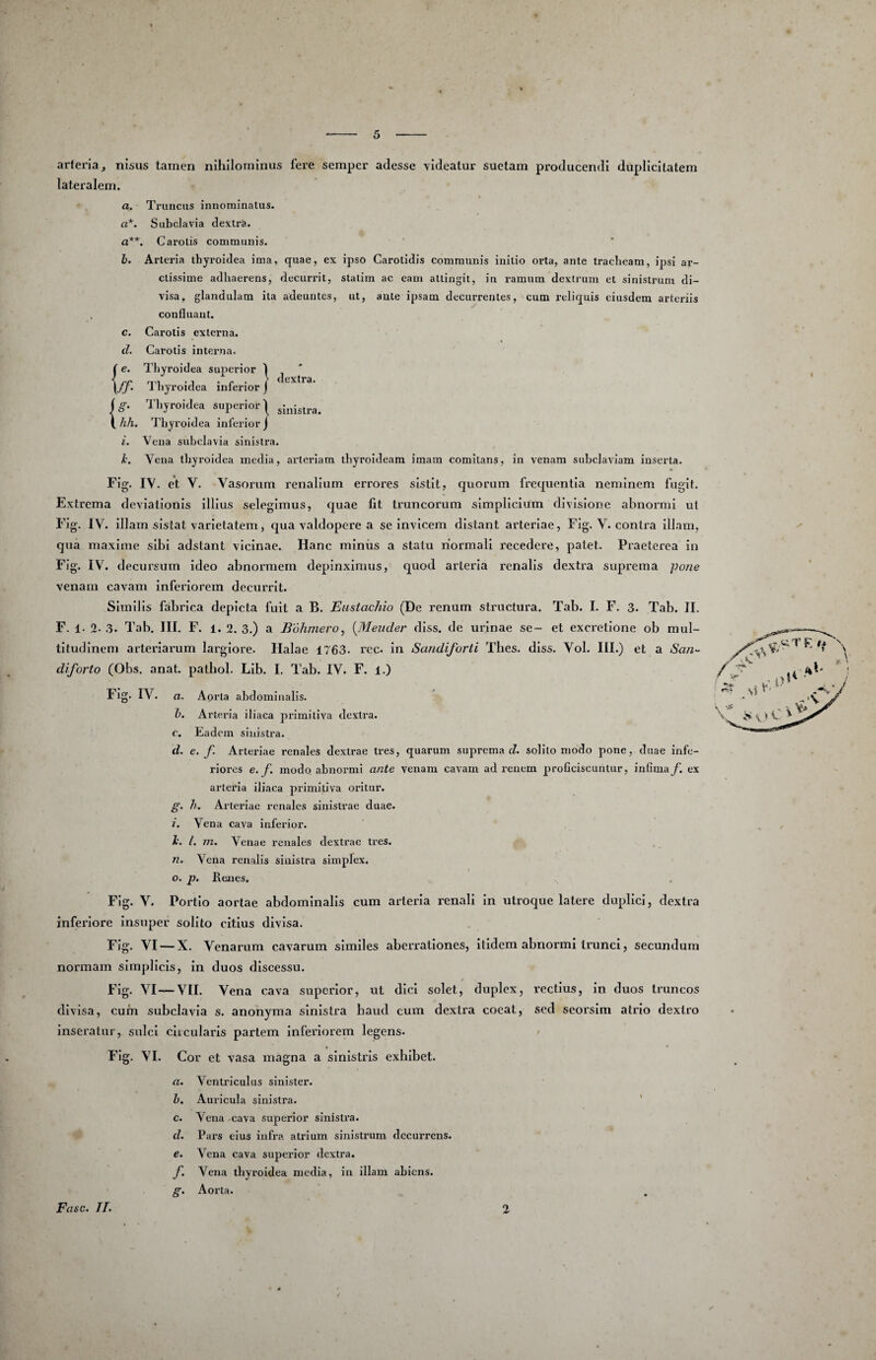 arteria, nisus tamen nilulornirius fere semper adesse videatur suetam producendi duplicitatem lateralem. a. Truncus innominatus. a*. Subclavia dextri. a**. Carotis communis. h. Arteria thyroidea ima, quae, ex ipso Carotidis communis initio orta, ante tracheam, ipsi ar¬ ctissime adhaerens, decurrit, statim ac eam attingit, in ramum dextrum et sinistrum di¬ visa, glandulam ita adeuntes, ut, ante ipsam decurrentes, cum reliquis eiusdem arteriis confluant. c. Carotis externa. d. Carotis interna, I e. Thyroidea superior 1 \ff. Thyroidea inferior j g. Thyroidea superior \ sj^i^ira. hh. Thyroidea inferior j i. Vena subclavia sinistra. h. Vena thyroidea media, arteriam thyroideam imam comitans, in venam subclaviam inserta. Fig. IV. et V. Vasorum renalium errores sistit, quorum frequentia neminem fugit. Extrema deviationis illius selegimus, quae fit truncorum simplicium divisione abnormi ul Fig. IV. illam sistat varietatem, qua valdopere a se invicem distant arteriae, Fig. V. contra illam, qua maxime sibi adstant vicinae. Hanc miniis a statu riormali recedere, patet. Praeterea in Fig. IV. decursum ideo abnormem depinximus, quod arteria renalis dextra suprema pone venam cavam inferiorem decurrit. Similis fabrica depicta fuit a B. Eustachio (De renum structura. Tab. I. F. 3. Tab. II. F. 1. 2- 3. Tab. III. F. l. 2. 3.) a Bohmero, (Meuder diss. de urinae se- et excretione ob mul¬ titudinem arteriai’um largiore. Halae 1763. rcc. in Sandiforii Tlies. diss. Vol. III.) et a Sa7i~ diforto (Obs. anat. patbol. Lib. I. Tab. IV. F. l.) Fig. IV. a. Api-ta abdominalis. h. Ai’teria iliaca primiliv^a dextra. c. Eadem sinistra. d. e. f. Arteriae renales dextrae tres, quarum suprema d. solito modo pone, duae infe¬ riores e. f. modo abnormi ante venam caveam ad renem proficiscuntur, infima f. ex arteria iliaca primitiva oritur. g. h. Arteriae renales sinistrae duae. 7. Vena cava inferior. X’. l. in. Venae renales dextrae tres. n. Vena renalis sinistra simplex. o. p. Iteiies. Fig. V. Portio aortae abdominalis cum arteria renali In utroque latere duplici, dextra inferiore insuper solito citius divisa. Fig. VI — X. Venarum cavarum similes aberrationes, itidem abnormi trunci, secundum normam simplicis, in duos discessu. Fig. VI—VII. Vena cava superior, ut dici solet, duplex, rectius, in duos truncos divisa, cum subclavia s. anonyma sinistra haud cum dextra coeat, sed seorslm atrio dextro Inseratur, sulci clicularis partem inferiorem legens. Fig. VI. Cor et vasa magna a sinistris exhibet. a. Ventriculus sinister. h. Auricula sinistra. ' c. Vena cava superior sinistra. d. Pars eius infra atrium sinistrum decurrens. e. Vena cava superior dextra. f. Vena thyroidea media, in illam abiens. g. Aorta. (