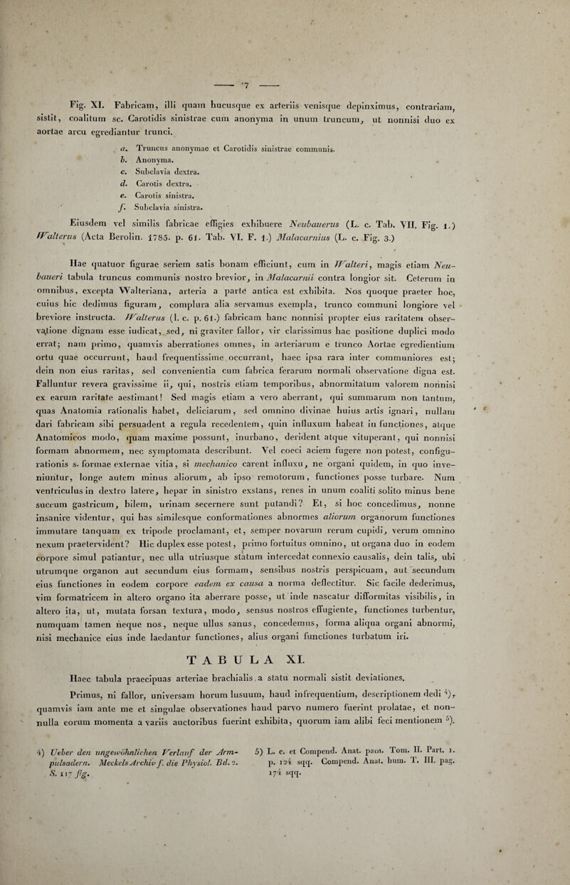 *7 FJg. XI. Fabricam, illi quam hucusque ex arteriis venisque depinximus, contrariam, sistit, coalitum sc. Carotidis sinistrae cum anonyma in unum truncum,, ut nonnisi duo ex aortae arcu egrediantur trunci, f/. Truncus anonymae et Caroliclis sinistrae communis. h. Anonyma. c. Subclavia dextra. d. Carotis dextra. e. Carotis sinistra. f. Subclavia sinistra. Eiusdem vel similis fabricae clTigies exhibuere JSieuhauerus (L. c. Tab. \TI. Fig. i.) '.dierus (Acta Berolin. 1785* p. 61. Tab. VI, F. 1.) Malacarnius (L. c. Fig. 3.) * Hae quatuor figurae seriem satis bonam elTiciunt, cum in TFalteri^ magis etiam Neu- hciueri tabula truncus communis nostro brevior, in Malacarnii contra longior sit. Ceterum in omnibus, excepta Walteriana, arteria a partd antica est exhibita. Nos quoque praeter hoc, cuius bic dedimus figuram, complura alia servamus exempla, trunco communi longiore vel breviore instructa. TFalterus (1. c. p. 61-) fabricam hanc nonnisi propter eius raritatem obser- va,tione dignam esse iudicat, sed, ni graviter fallor, \ir clarissimus hac positione duplici modo errat; nam primo, quamvis aberi’ationes omnes, in arteriarum e trunco Aortae cgredientium ortu quae occui*runt, haud frequentissime occurrant, haec ipsa rara Inter communiores est; dein non eius raritas, sed convenientia cum fabrica ferarum normali observatione digna est. Falluntur revera gravissime II, qui, nostris etiam temporibus, abnormitatum valorem nonnisi ex earum raritate aestimant! Sed magis etiam a vero aberrant, cjul summarum non tantum, quas Anatomia rationalis habet, deliciarum, sed omnino divinae huius artis ignari, nullam dari fabricam sibi persuadent a regula recedentem, quin Inlluxum habeat in functiones, atque Anatomicos modo, quam maxime possunt. Inurbano, derident atque vituperant, qui nonnisi formam abnormem, nec symptomata describunt. Vel coeci aciem fugere non potest, configu¬ rationis s. formae externae vitia, sl mecjianico carent Influxu, ne organi equidem, in quo inve¬ niuntur, longe autem minus aliorum, ab ipso remotorum, functiones posse turbare. Num ventriculus In dextro latere, hepar in sinistro exstans, renes In unum coaliti solito minus bene succum gastricum, bilem, urinam secernere sunt putandi? Et, sl hoc concedimus, nonne insanire videntur, qui bas similesr^ue conformationes abnormes aliorum organorum functiones immutare tancjuam ex tripode pi'Oclaraant, et, semper novarum rerum cupidi, verum omnino nexum praetervident? Hic duplex esse potest, primo fortuitus omnino, ut organa duo in eodem corpore simul patiantur, nec ulla utriusque statum intercedat connexio causalis, dein talis, ubi utrumque organon aut secundum eius formam, sensibus nostris perspicuam, aut secundum eius functiones in eodem corpore eadem ex causa a norma deflectitur. Sic facile dederimus, vim formatricem in altero organo Ita aberrare posse, ut Inde nascatur difformitas visibilis, in altero ita, ut, mutata forsan textura, modo, sensus nostros elTuglente, functiones turbentur, numquam tamen neque nos, neque ullus sanus, concedemus, Ibrrna aliqua organi abnormi, nisi mechanice eius inde laedantur functiones, alius organi functiones turbatum iri. TABULA XI. Haec tabula praecipuas arteriae brachialis,a statu normali sistit deviationes. Primus, ni fallor, universam horum lusuum, haud infrequentium, descriptionem dedi quamvis iam ante me et singulae observationes haud parvo numero fuerint prolatae, et non¬ nulla eorum momenta a variis auctoribus fuerint exhibita, quorum iam alibi feci mentionem ^). 4) Ueher den ungewohnliclien Ferlauf der y^rm~ 5) L. c. cl Compend. Anat. paui. Toni. II. Part. i. pulsadern. MeckelsArchiv f. die Physiol. Bd.'i. p. 124 sqq. Compend. Anat. liuin. 1. III. pag. S.jxy jJg. 174 srpp