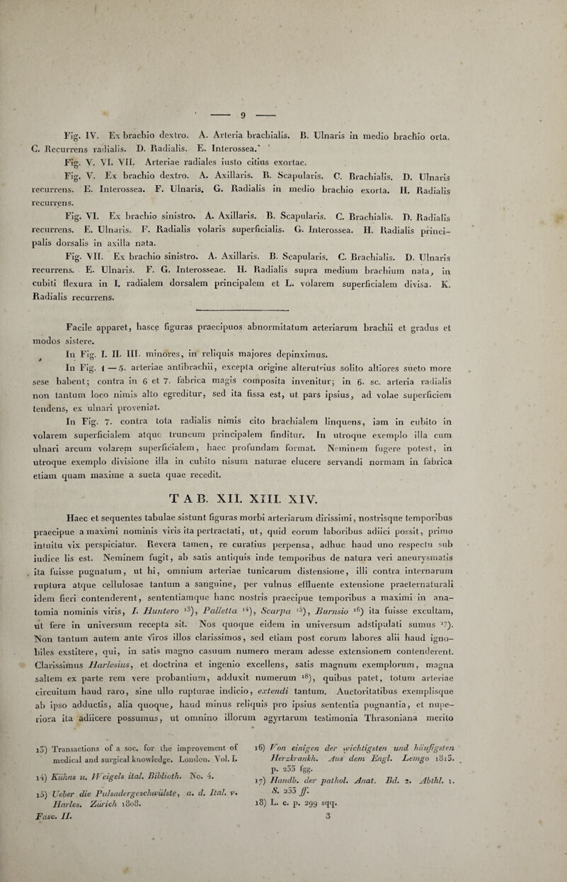 Fig. IV. Ex brachio dextro. A. Arteria brachialis. B. Ulnaris in medio brachio orta. C. RecuiTens radialis. D. Radialis. E. Interossea.' Fisr. V. VI. VII. Arteriae radiales iusto citius exortae. Fig. V. Ex brachio dextro. A. Axillaris. R. Scapularis. C. Brachialis. D. Ulnaris recurrens. E. Interossea. F. Ulnaris. G. Radialis in medio brachio exorta. II. Radialis recurrens. Fig. VI. Ex brachio sinistro. A. Axillaris. B. Scapularis. C. Brachialis. 1). Radialis lecurrens. E. Ulnaris. F. Radialis volaris superficialis. G. Interossea. II. Radialis princi¬ palis dorsalis in axilla nata. Fig. \II. Ex brachio sinistro. A. Axillaris. B. Scapularis. C. Brachialis. D. Ulnaids recurrens. E. Ulnaris. F. G. Interosseae. H. Radialis supra medium brachium nata, ia cubiti Hexura in I. radialem dorsalem principalem et L. volarem superficialem divisa. K. Radialis recurrens. Facile apparet, liasce figuras praecipuos abnormitatum arteriarum brachii et gradus et modos sistere. In Fig. I. II. III. minores, In reliquis majores depinximus. In Fig. 1—6- arteriae antibraclill, excepta origine alterutnus solito altiores sueto more sese habent; contra In 6 et 7. fabrica magis composita invenitur; In 6. sc. arteria radialis non tantum loco nimis alto egreditur, sed ita fissa est, ut pars ipsius, ad volae superficiem tendens, ex ulnari proveniat. In Fig. 7. contra tota radialis nimis cito brachialem linquens, iam In cid)Ito in volarem superficialem atque truncum principalem finditur. In utroque exemplo illa cum ulnari arcum volareni superfnualem, haec profundam format. Neminem fugere potest, In utroque exemplo divisione Illa in cubito nisum naturae elucere servandi normam in fabrica etiam quam maxime a sueta quae recedit. T A B. XII. XIII. XIV. Haec et sequentes tabulae sistunt figuras morbi arteriarum dirissimi, nostrisque temporibus praecipue a maximi nominis viris Ita pertractati, ut, quid eorum laboribus adiici possit, primo iniuitu vix perspiclatur. Pievera tamen, re curatius perpensa, adhuc haud uno respectu sub iudice lis est. Neminem fugit, ab satis antiquis Inde temporibus de natura veri aneurysmatis ita fuisse pugnatum, ut lii, omnium arteriae tunicarum distensione. Illi contra Internarum ruptura atc[ue cellulosae lanium a sanguine, per vulnus ellluente extensione praeternaturali idem fieri contenderent, sententiamque hanc nostris praecipue temporibus a maximi In ana- tomla nominis viris, L Huntero ^3), Palletta Scarpa Burnsio ita fuisse excultam, ut fere in universum recepta sit. Nos quoque eidem in universum adstipulati sumus *7). Non tantum autem ante viros illos clarissimos, sed etiam post eorum labores alii haud igno¬ biles exstitere, ciul, in satis magno casuum numero meram adesse extensionem contenderent. Clarissimus Ilarlesius, et doctrina et Ingenio excellens, satis magnum exemplorum, magna saltem ex parte rem vere probantium, adduxit numerum quibus palet, lotum arteriae circuitum haud raro, sine ullo rupturae Indicio, extendi tantum. Auctoritatibus exemplisque ab Ipso adductis, alia quoque, haud minus reliquis pro ipsius sententia pugnantia, et nupe¬ riora ita adiicere possumus, ut omnino illorum agyrtarurn testimonia Thrasoniana merito la) Transactions of a soc. for tlic improvement of mcdical anci surgical kuowledge. London. Vol. I. 14) Kiilins u. 1'T eigels ital. Dihliuth. No. 4. 15) Ueher die Pidsadergeschwiilste, a. d. Ital. v. Ilarles. Ziirich i8o8. Paso. II. a6) Poa einigen der wichtigsten und liduJigRfen HerzhanhJi. Aus deni Engl. Lenigo i8i5. p. 253 fgg. 17) Ilandh. der pathol. Anat. Bd. 2. Ahthl. 1. S. 253 Jf. 18) L. c. p. 299 sqcj[. 3
