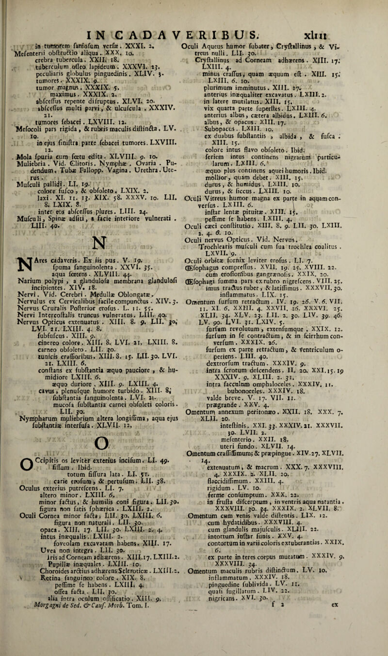 in tumorem faniofum rerfs. XXXI. 2, Mefenteni obftruftio aliqua.. XXX. iq. crebra tubercula. XXIL 18. tuberculum odeo lapideum. XXXVI. peculiaris globulus pinguedinis, XLIV. tumores. XXXIX. 9. tumor magnus, XXXIX. 5, maximus. XXXIX. 2. abfcelTus repente difruptus. XLVI. 20. abfcedus multi parvi, & ulcufcula . XXXIV. 21. tumores febacei. LXVIII. 12. Mefocoli pars rigida, & rubris maculis diftinfla. LV. IO. ine)us finiftra parte.febacei tumores. LXVIII. 12. Mola fpuria cum foetu edita. XLVIII. 9. 10. Muliebria. Vid. Glitoris. Nympha: . Ovaria . Pu¬ dendum. Tub« Fallopp. Vagina. Urethra.Ute¬ rus. Mufculi pallidi. LI. 19. colore fufeo 7 Sc obfoleto. LXIX. 2. laxi. XI. II. Ii. XIX. 58. XXXV. IO. LII. 8. LXIX. 8. inter eos abfcefTus plures. LIII. 24. Mufculi, Spinae adfiii, a facie interiore vulnerati . LIII. 40* N Oculi Aqueus humor fubater, Cryftallinus , & Vi¬ treus nulli. LII. io. Cryftallinus ad Corneam ' adhajrens . XIII. 17.' LXIII. 4. minus craflus, quam squum eft . XIII. 15.’ LXIII. 6. 10. • plurimum imminutus. XIII. 17. anterius inaequaliter excavatus. LXIII.2. in latere mutilatus. XIII. ij. vix quarta parte fuperftts. LXIII. 4. anterius albus, caetera albidus. LXIII. 6, albus, & opacus. XlII. 17. Subopacus. LXIII. 10. ex duabus fubllantiis , albida , & fufea . XIII. 15. colore intus flavo obfoleto. Ibid. feriem intus continens nigrarum particu¬ larum. LXIII. <5. ■ aequo plus continens aquei humoris. Ibid. mollior, quam debet. XIII. 15. durus, & humidus. LXIII. 10. durus, & ficcus. LXIII. 10. Oculi Vitreus humor magna cx parte in aqqamcon- verfus. LXIII. 6. ^ inftar lents pituitae. XIII. . peflime fe habens. LXIII. 4, Oculi caeci conftitutio. XIII. 8. 9. LU. 50. LXIII. 2. 4. 0. 10. Oculi nervus Opticus. Vid. Nervus. Trochlearis mufculi cum fua trochlea coalitus . NAres cadaveris. Ex iis pus. V. 19. fpuma fanguinolenta . XXVI. 55. aqua foetens. XLVIII. 44. Narium polypi , a glandulofa membrana glaftdulofi incipientes. XIV» 18. / Nervi. Vid. Cerebri. Medullae Oblongatae. Nervulus ex Cervicalibus facilecompundus. XIV. 5. Nervus Cruralis Pofterior erofus. L. 11. 55. Nervi Intercoftalis truncus vulneratus. LIII. 40. Nervus Opticus extenuatus . XIII. 8. 9, LII. |o,’ LVI. 21. LXIII. 4. 8. fubfufcus. XIII. 9. cinereo colore. XIII, 8. LVI. 21. LXIII. 8. carneo obfoleto. LII. ^o. tunicis craffioribus. XIII. 8. ij. LII. 30. LVI. 21. LXIII. 5. conflans ex fubftantia aequo pauciore , & hu- midiore LXIII. 6. aequo duriore . Xlll. 9. LXIIL 4. cavus, plenufque humore turbido. XIII. 8,’ fubftantia fanguinolenta. LVI. 21. mucofa fubftantia carnei obfoleti coloris. LII. 30. Nympharum mpliebrium altera longiflima, aqua ejus fubftantiae interfufa. XLVU. 12, o Oculi orbitae fornix leviter erofus. LI. 7. (Efophagus comprcffiis. XVII. ip. 25. XVIII. 22. cum erofionibus gangraenofls. XXIX. 20. (Efophagi fumma pars ex rubro nigrcfccns. VIII. 25. imus tradusruber, &latiflimus. XXXVII.^o. inflammatus. LIX. 15. Omentum furfura retradum. IV. 19. 2(5. V. 6. VII. II. XI, 5. XXIII. 4. XXVII. 16. XXXVI. 2y. XLII. 34. XLV. 23. LII. 2. 30. LIV. J9. ,^(5. LV. 90. LVI. 31. LXIV. 5. furfam revolutum, extenfumque . XXIX. 12. furfum in fe contradum, & in fcirrhumcon- verfum. XXXIX. 26. furfum ex parte retradum, & Ventriculum o- periens. LIII. 40. dextrorfum tradum. XXXIV. 9. intra ferorum deicendens. II. 20. XXI. 15.19 XXXIV. 9. XLIII. 2. 31. intra faeculam omphaloceles. XXXIV. ii. bubonoceles. XXXIV. 18. valde breve. V. 17. VIL 11. praegrande. XXV. 4. Omentum, annexum peritonaeo. XXII. 18. XXX. 7, XLII. 20. inteftinis. XXI. 33. XXXIV.21. XXXVII, 30. LVII. 2. mefenterio. XXII. i8. i uteri fundo. XLVII. 14. Omentum crafliflimuraj & praepingue. XIV.27. XLVII. OCcipitis os leviter exterius incifum. LI. 49. fiflura . Ibid- totum fifiTura lata. LI. jr. carie erofum , & pertufum. LII. 38. Oculus exterius putrefeens. LI. 7. i altero minor. LXIIL 5. minor fadus, & humilis coni figura. LII.30. figura non fatis fphaerica . LXIIL 2. Oculi Cornea minor facfta, LII. 30. LXIII. figura non naturali. LII. 30. opaca. XIII. 17. LII. 30. LXIIL 2. 4. intus inaequalis. LXIIL 2, foveolam excavatam habens. XIII. 17. Uvea non integra. LII. 30. Iris ad Corneam adhaerens. XIII.17. LXIII.2. Pupill® insquales. LXIII. 10. Choroides ardius adherens Scleroiicae - LXIIL2. V Retina fanguineo colore . XIX. 8. peflime fe habens. LXIII. 4. oflea fada - LII. 30. alia intra oculum oflificatio. XIII. 9. Morgagni de Sed. ^Caitf. Morb, Tom. L 14» extenuatum, & macrum. XXX.7. XXXVIII. 4. XXXIX. 2. XLII. 20. flaccidiflimum. XXIII. 4. rigidum. LV. 10. ferme confumptum. XXX, 22. in frufta difeerptum , in ventris aqua natantia. XXXVIII. 30. 34. XXXIX. 2. XLVII. 8. Omentum cum venis valde diftentis. LIX. 12. cum hydatidibus. XXXVIII. 4. cum glandulis majufculis- XLIII. 22. intortum inftar funis. XXV. 4. contortum in varii coloris extuberantias. XXIX. 6. ex parte in teres corpus mutatum - XXXIV. 9, XXXVIII. 34. Omentum maculis rubris diftindum. LV. lo. inflammatum. XXXIV, 18, pinguedine fublivida. LV. ii, quali fugillatum . LIV. 22. nigricans. XVI. 30.