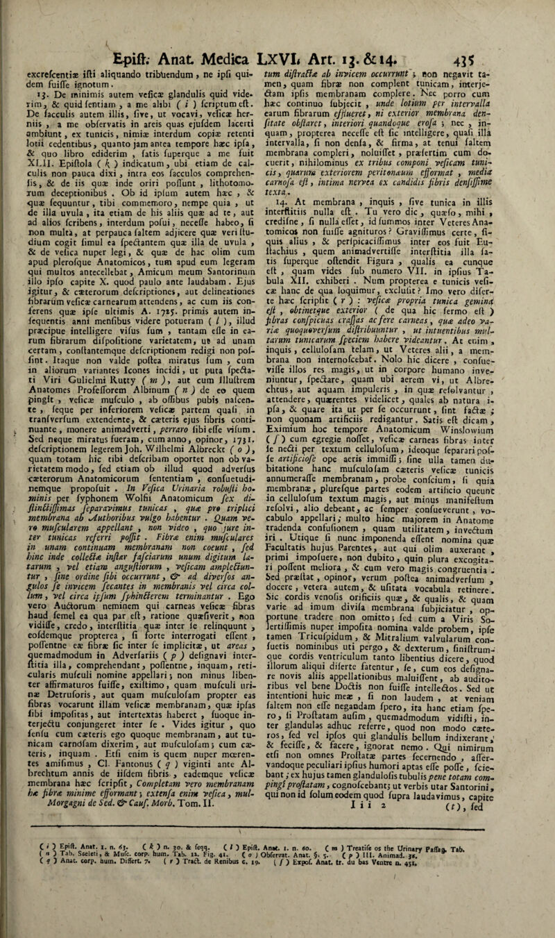 excrcfcentiae ifti aliquando tribtiendum > ne ipfi qui¬ dem fuifTe ignotum. De minimis autem veficae glandulis quid vide* rim, & quidfentiam , a me alibi ( i ) feriptumeft. De faeculis autem illis, five, ut vocavi, velicae her¬ niis , a me obfervatis in areis quas ejufdem lacerti ambiunt, ex tunicis, nimise interdum copiae retenti lotii cedentibus, quanto jam antea tempore hacc ipfa, & quo libro ediderim , fatis fuperque a me fuit XLII. Epiftola ( 4 ) indicatum, ubi etiam de cal¬ culis non pauca dixi , intra eos facculos coraprehen- fis, & dc iis qucB inde oriri pofTunt , lithotomo- Tum deceptionibus . Ob id ipium autem hxc , &c quae fequuntur, tibi commemoro, nempe quia , ut de illa uvula , ita etiam de his aliis quae ad te, aut ad alios feribens, interdum pofui, neceffe habeo, fi non multa, at perpauca faltem adjicere quae veriltu- dium cogit fimul ca fpedantem quae illa dc uvula , & de vefica nuper legi, & quae de hac olim cum apud plerofque Anatomicos, tum apud cum legeram qui multos antecellebat, Amicum meum Santorinum illo ipfo capite X. quod paulo ante laudabam . Ejus igitur, & caeterorum deferiptiones, aut delineationes fibrarum vefies carnearum attendens, ac cum iis con¬ ferens quae ipfe ultimis A. 1715. primis autem in- fcquentis anni menfibus videre potueram ( / ), illud praecipue intelligere vifus fura , tantam efle in ea¬ rum fibrarum difpofitione varietatem, ue ad unam certam, confiantemque deferiptionem redigi non pof- fint. Itaque non valde poftea miratus fum , cum in aliorum variantes Icones incidi, ut puta fpeda- ti Viri Gulielmi Rutty ( tn )y aut cum illultrem Anatomes Profeflorem Albinum ( n ) dc eo quem pingit , veficae mufculo , ab oflibus pubis nafeen- te , feque per inferiorem veiicas partem quali in tranfverfum extendente, & caeteris ejus fibris conti¬ nuante , monere animadverti, perraro libi elTe vifum. Sed neque miratus fueram, cum anno, opinor, 1731. deferiptionem legerem Joh. Wiihelmi Albreckt ( 0 quam totam hic tibi deferibam oportet non ob va¬ rietatem modo, fed etiam ob illud quod adverfus czterorum Anatomicorum fententiam , confuetudi- nemque propofuit . In Vefica Urinaria robujii ho» minis Dcx fyphonem Wolfii Anatomicum fex di- ftin^lifjimas feparavimus tunicas , quee pro triplici membrana ab xAuthoribus vulgo habentur . Quam ve^ YO mufcularem appellant , non video , quo jure in¬ ter tunicas referri pojfit . Fibra enim mufculares in unam continuam membranam non coeunt , fed hinc inde colle6ia inflar fafeiarum unum digitum la¬ tarum , vel etiam angufliorum , veficam amplectun¬ tur , fine ordine fibi occurrunt y & ad diverfos an¬ gulos fe invicem fecantes in membranis vel circa col¬ lum , vel circa ipfum fphinCierem terminantur . Ego vero Audiorum neminem qui carneas veficae fibras haud femel ea qua par eft, ratione quaefiverit, non vidifle, credo, interftitia qu^ inter le relinquunt , eofdemquc propterea , fi forte interrogati elTent , poflentne e« fibrae fic inter fe implicitae, ut areas , uemadmodum in Adverfariis i p ) delignavi inter- itia illa, comprehendant, poflentne, inquam, reti¬ cularis mufculi nomine appellari j non minus liben¬ ter affirmaturos fuifle, exiltimo, quam mufculi uri¬ nae Detruforis, aut quam mufculofam propter eas fibras vocarunt illam veficae membranam, quae ipfas fibi impolitas, aut intertextas haberet , fuoque in¬ ter jedtu conjungeret inter fe . Vides igitur , quo fenfu cum caeteris ego quoque membranam, aut tu¬ nicam carndfam dixerim, aut mufculofam i cum cae¬ teris , inquam . Etfi enim is quem nuper mceren- tes amifimus , Cl. Fantonus i q ) viginti ante Al- brechtum annis de iifdem fibris , eademque veficae membrana haec fcripfit, Completam vero membranam ha fibra minime efformant; extenfa enim vefica, mul- Morgagni de Sed. & Cauf. Morb. Tom. II. C i ) Epift. An*t. 1. n. 6j. C ^ ) n. jo. & feqq. C O Epift. ( n ) Tab. Sceleti, & Mufe. corp. hum. T»b. it. Fig. 41. ( 0 J ( f ) Anae. corp. huin. Differt. 7« ( r ) Tracl. de Renibus c. 19. tum difiraCia ab invicem occurrunt''^ non negavit ta¬ men, quam fibrs non complent tunicam, interje- dtam ipfis membranam complere. Nec porro cum haec continuo fubjecit , unde lotium per intervalla carum fibrarum efflueret y ni exterior membrana den- fitate obfiarct y interiori quandoque erofa ; nec , in¬ quam , propterea necefle eft fic intelligere, quafi illa intervalla, fi non denfa, & firma, at tenui faltem membrana compleri, noluiflct , praefertim cum do¬ cuerit, nihilominus ex tribus componi veficam tuni¬ cis y quarum exteriorem peritonaurn efformat , mediet carnofa efi, intima nervea ex candidis fibris denfiffime texta . 14. At membrana , inquis , five tunica in ilHs interftitiis nulla eft . Tu vero dic, quaefo, mihi , crcdifne , fi nulla eflet, id fummos inter Veteres Ana¬ tomicos non fuifle agnituros? Graviflimus certe, fi- quis alius , & peripicaciflimus inter cos fuit Eu- ftachius , quem animadvertifle interftitia illa fa¬ tis fuperque oftendit Figura , qualis ea cunque eft , quam vides fub numero VII. in ipfius Ta¬ bula XII. exhiberi . Num propterea e tunicis vefi- cae hanc de qua loquimur, excluiit ? Imo vero difer- te haec feriplic ( r ) ; vefica propria tunica gemini efi , obtinetque exterior ( de qua hic fermo eft ) pbras confpicuas craffas ac fere carneas, qua adeo va¬ ria quoquoverfum diflribuuntur , ut intuentibus mul¬ tarum tunicarum fpeciem habere videantur. At enim , inquis, ccllulofam telam, ut Veteres alii, a mem¬ brana non internofeebat. Nolo hic dicere , confue- vifle illos res magis, ut in corpore humano inve¬ niuntur, fpct^are, quam ubi aerem vi, ut Albre- chtus, aut aquam impuleris , in quae refolvantur , attendere, quaerentes videlicet, quales ab natura i- pfa, & quare ita ut per fe occurrunt, fint fadae ; non quonam artificiis redigantur. Satis eft dicam, Eximium hoc tempore Anatomicum Winslowium (/) cum egregie noflet, veficae carneas fibras inter le nedi per textum cellulofum, ideoque feparari pof- fe artificiofe ope aeris immiffi 5 fine ulla tamen du¬ bitatione hanc mufculofam cateris vefiese tunicis annumerafle membranam, probe confeium, fi quia membran£, plurefquc partes eodem artificio queunc in cellulofum textum magis, aut minus manifeftum refolvi, alio debeant, ac femper confueverunt , vo¬ cabulo appellari; multo hinc majorem in Anatome tradenda confufionem , quam utilitatem, invedum iri . Utique fi nunc imponenda eflent nomina quK Facultatis hujus Parentes, aut qui olim auxerant , primi impofuere, non dubito, quin plura excogita¬ ri pofTent meliora , & cum vero magis congruentia - Sed prajftat, opinor, verum poftea animadverfum , docere , vetera autem, & ufitata vocabula retinere. Sic cordis venofis orificiis quae, & qualis, & quani varie ad imum divifa membrana fubjiciatur , op¬ portune tradere non omitto; fed cum a Viris So- lertiflimis nuper impofita nomina valde probem, ipfe tamen Tricufpidum , & Mitralium valvularum con- fuetis nominibus uti pergo, & dexterum, finiftrum- que cordis ventriculum tanto libentius dicere, quod illorum aliqui diferte fatentur, fe, cum eos defigna- re novis aliis appellationibus maluiflent, ab audito¬ ribus vel bene Dodis non fuifTe intelledos. Sed uc incentioni huic meae , fi non laudem , at veniam falteni non elTe negandam fpero, ita hanc etiam fpc- ro, fi Proflatam aufim , quemadmodum vidifti, in¬ ter glandulas adhuc referre, quod non modo cste- ros, fed vel ipfos qui glandulis bellum indixerant,' & fecifle, & facere, ignorat nemo . Q^ji nimirum etfi non omnes Proflata» partes fecernendo , afTer- vandoque peculiari ipfius humori aptas efle pofle, fcic- bant; ex hujus tamen glandulofis tubulis pene totam com¬ pingi proflatam, cognofeebant; ut verbis utar Santorini, qui non id folum eodem quod fupra laudavimus, capite I » * 2 (O, fed An»t. I. n. «0. Cm ) Treatife os the Urinary Paffaa, Tab. Obfervrat. Anat. §.5. C A ) IU- Animad. j«. l / y Expof. Anat. tr. du bas Ventre a. 4;!.