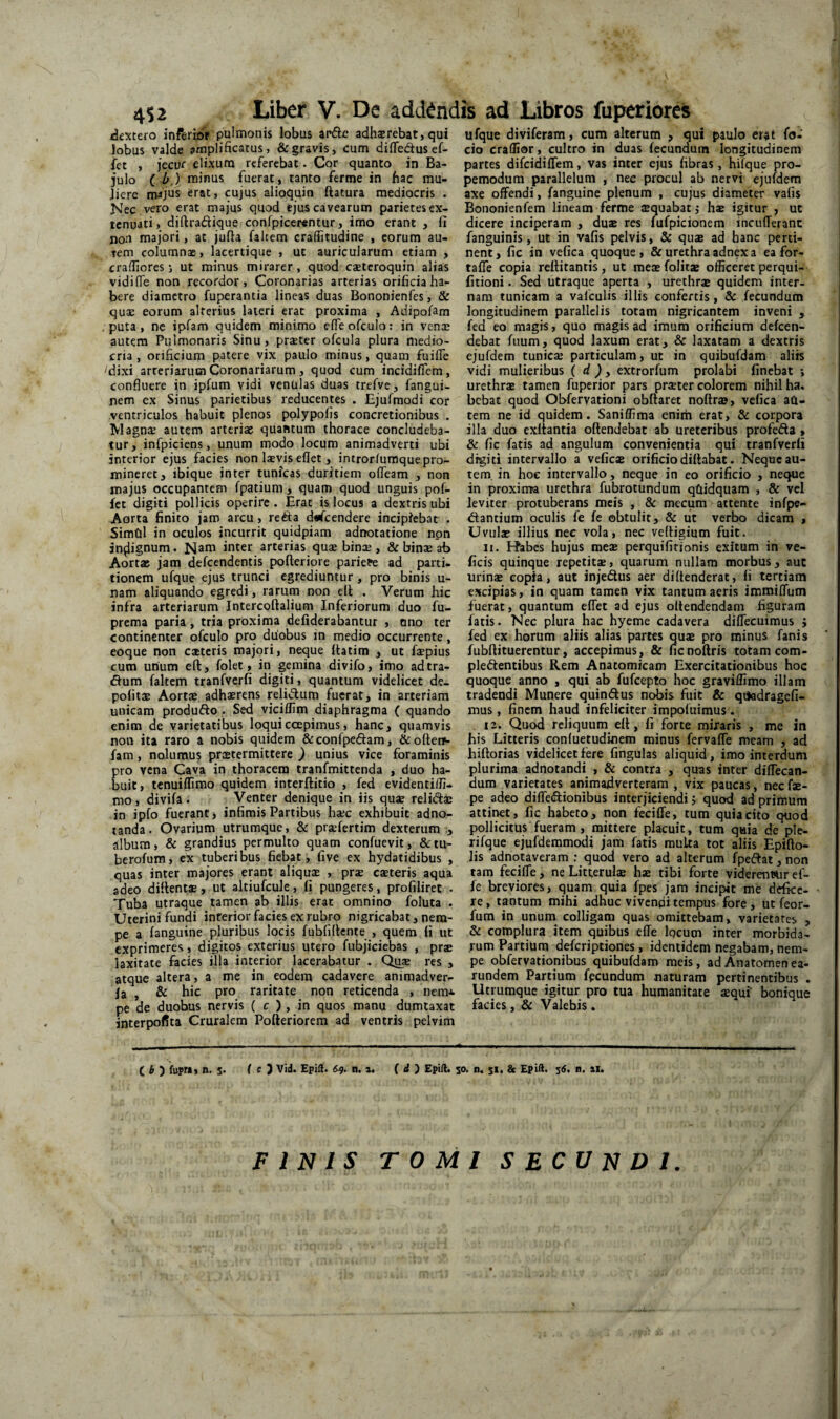 /dextero inferior pulmonis lobus arde adhsrebat, qui lobus valde amplificatus, & gravis, cum dilTedusef- fet , jecur elixum referebat. Cor quanto in Ba¬ julo ( minus fuerat, tanto ferme in hac mu¬ liere mijus erat, cujus alioquin ftatura mediocris . Nec vero erat majus quod ejus cavearum parietesex- tenuati, diftradique conlpicerentur, imo erant, fi non majori, at jufla falcem craffitudine , eorum au¬ tem columnas, lacertique , ut auricularum etiam , crafliores; ut minus mirarer, quod eseteroquin alias vidilTe non recordor, Coronarias arterias orificia ha¬ bere diametro fuperantia lineas duas Bononienfes, & quae eorum alterius lateri erat proxima , Adipofam , puta , ne ipfam quidem minimo efleofculo; in venas autem Pulmonaris Sinu, praeter ofcula plura medio¬ cria, orificium patere vix paulo minus, quam fuille 'dixi arteriarum Coronariarum, quod cum incidiffem, confluere in ipfum vidi venulas duas trefve, fangui- nem ex Sinus parietibus reducentes . Ejufraodi cor ventriculos habuit plenos pplypofis concretionibus . Magnae autem arteriae quantum thorace concludeba¬ tur, infpiciens, unum modo locum animadverti ubi interior ejus facies non Ixvis effet , introrluraque pro¬ mineret, ibique inter tunicas duritiem ofleam , non majus occupantem fpatium, quam quod unguis pof- fet digiti pollicis operire. Erat is locus a dextris ubi Aorta finito jam arcu, reda dsfcendere incipiebat . SimOl in oculos incurrit quidpiam adnotatione non indignum. Naui inter arterias quae binae, &binx ab Aortae jam defeendentis pofteriore pariete ad parti¬ tionem ufque ejus trunci egrediuntur , pro binis u- nam aliquando egredi, rarum non ell . Verum hic infra arteriarum Intercoftalium Inferiorum duo fu- prema paria, tria proxima defiderabantur , ano ter continenter ofculo pro duobus in medio occurrente, eoque non cateris majori, neque Itatim , ut fxpius cum unum eft, folet, in gemina divifo, imo adtra- dum faltem tranfverfi digiti, quantum videlicet de¬ polita Aorta adharens relidum fuerat, in arteriam unicam produdo . Sed viciffim diaphragma ( quando enim de varietatibus loquiccepimus, hanc, quamvis non ita raro a nobis quidem &confpedam, &oftet»- fam, nolumus pratermittere ) unius vice foraminis pro vena Cava in thoracem tranfmittenda , duo ha¬ buit, tenuilfimo quidem interftitio , fed evidentilli- mo, divifa. Venter denique in iis qua relida in ipfo fuerant, infimis Partibus hac exhibuit adno- tanda. Ovarium utrumque, & prafertim dexterum jflbura, & grandius permulto quam confuevit, &;tu- berolum, ex tuberibus fiebat, five ex hydatidibus , quas inter majores erant aliqua , pra cateris aqua adeo dillenta, ut altiufcule, fi pungeres, profiliret . Tuba utraque tamen ab illis erat omnino foluta . Uterini fundi interior facies ex rubro nigricabat, nem¬ pe a languine pluribus locis fubfillente , quem fi ut exprimeres» digitos exterius utero fubjiciebas , pra laxitate fecies illa interior lacerabatur . Qua res , atque altera, a me in eodem cadavere animadver- ia , & Wc pro raritate non reticenda , nem* pe de duobus nervis ( c ), in quos manu dumtaxat interpofita Cruralem Pofteriorem ad ventris pelvim ( i ) fupt», n. 5* ufque diviferam, cum alterum , qui paulo erat fo- cio craffior, cultro in duas fecundum longitudinem partes difcidilTem, vas inter ejns fibras, hifque pro- pemodum parallelum , nec procul ab nervi ejufdera axe offendi, fanguine plenum , cujus diameter vafis Bononienfem lineam ferme aquabat^ ha igitur , ut dicere inciperam , dua res fufpicionem inculTeranc fanguinis, ut in vafis pelvis, & qua ad hanc perti¬ nent, fic in vefica quoque, & urethra adnexa ea for- tafle copia rellitantis, ut meafolita officeret perqui- fitioni. Sed utraque aperta , urethra quidem inter¬ nam tunicam a valculis illis confertis, & fecundum longitudinem parallelis totam nigricantem inveni , fed eo magis, quo magis ad imum orificium defeen- debat fuum, quod laxum erat, & laxatam a dextris ejufdem tunica particulam, ut in quibufdam aliis vidi mulieribus ( d ), extrorfum prolabi finebat ; urethra tamen fuperior pars prater colorem nihil ha, bebat quod Obfervationi obfiaret noftr», vefica ad- tem ne id quidem. Saniffima enim erat, & corpora illa duo exitantia oftendebat ab ureteribus profeda , & fic fatis ad angulum convenientia qui tranfverfi digiti intervallo a vefica orificio dillabat. Neque au¬ tem, in hoc intervallo, neque in eo orificio , neque in proxima urethra fubrotundum qCiidquam , & vel leviter protuberans meis , & mecum attente infpe- itantium oculis fe fe obtulit, & ut verbo dicam , Uvula illius nec vola, nec veltigium fuit. II. Habes hujus mea perquifitionis exitum in ve- ficis quinque repetita, quarum nullam morbus, aut urina copia, aut injedus aer diltenderat, ii tertiam excipias, in quam tamen vix tantum aeris immiflTum fuerat, quantum eflet ad ejus oltendendam figuram fatis. Nec plura hac hyeme cadavera dllTecuimus ; fed ex horum aliis alias partes qua pro minus fanis fubftituerentur, accepimus , & fienoftris totam com- pleftentibus Rem Anatomicam Exercitationibus hoc quoque anno , qui ab fufeepto hoc graviffimo illam tradendi Munere quindus nobis fuit & qtjadragefi- mus, finem haud infeliciter impofuimus. . 12. Quod reliquum eit, fi forte miraris , me in his Litteris conluetudinem minus fervaffe meam , ad hiftorias videlicet fere fingulas aliquid, imo interdum plurima adnotandi , & contra , quas inter dilTecan- dura varietates animadverteram , vix paucas, nec fa- pe adeo difle(9:ionibus interjiciendi j quod ad primum attinet, fic habeto, non feciffe, tum quia cito quod pollicitus fueram, mittere placuit, tum quia de ple- rifque ejufdemmodi jam fatis multa tot aliis Epifto- lis adnotaveram : quod vero ad alterum fpeftat, non tam fecifle, ne Litterula ha tibi forte videreniftir ef- fe breviores, quam quia fpes jam incipit me defke- re, tantum mihi adhuc vivendi tempus fore , ut feor- fum in unum colligam quas omittebam, varietates , & complura item quibus effe Iqcum inter morbida¬ rum Partium deferiptiones, identidem negabam, nem¬ pe obfervationibus quibufdam meis, adAnatomenea- rundem Partium fecundum naturam pertinentibus . Utrumque igitur pro tua humanitate aqui' bonique facies, & Valebis . ( c ) Vid. Epift. 6.9. n. s. ( d ) Epifl. jo. n. $1. & Epift. %6, n, ai. '1 FINIS TOMI SECUNDI.