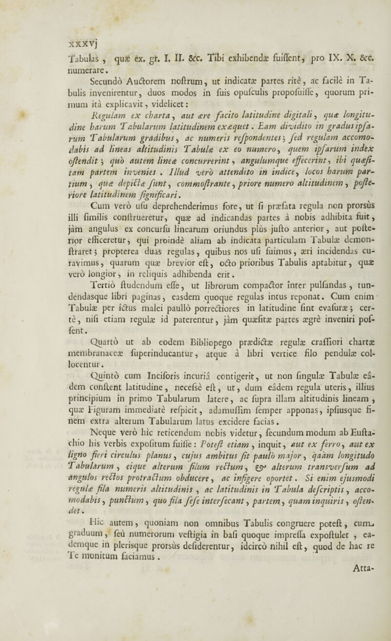 Tabulas , qu£ ex. gr. I. II. &c. Tibi exhibenda: fuiffent, pro IX. X. Scc. numerare. Secundo Audorem noftrum, ut indicata: partes rite, ac facile in Ta¬ bulis invenirentur, duos modos in fuis opulculis propofuilfe, quorum pri¬ mum ita explicavit, videlicet: Regulam ex charta, aut aere facito latitudine digitali, quae longitu¬ dine harum Tabularum latitudinem exaequet. Eam dividito in gradus ipfa- rum Tabularum gradibus, ac numeris refpondentes $ jed regulam accomo- dabis ad lineas altitudinis Tabulae ex eo numero, quem ipfarum index oflendit \ quo autem lineae concurrerint, angulumque effecerint, ibi qu<efi- tam partem invenies . Illud vero attendito tn indice, locos harum par¬ tium , quae depitlae funt, commoflrante, priore numero altitudinem , pofie- rzore latitudinem ftgnificari. Cum vero ufu deprehenderimus fore, ut (i profata regula non prorsus illi fimilis conftrueretur, qux ad indicandas partes a nobis adhibita fuit, jam angulus ex concurfu linearum oriundus plus jufto anterior, aut pofte- ripr efficeretur, qui proinde aliam ab indicata particulam Tabula: demon- ftraret; propterea duas regulas, quibus nos ufi fuimus, a:ri incidendas cu¬ ravimus, quarum qua: brevior eft, odo prioribus Tabulis aptabitur, qua: vero longior, in reliquis adhibenda erit. Tertio ftudendum efte, ut librorum compador inter pulfandas , tun- dendasque libri paginas, easdem quoque regulas intus reponat. Cum enim Tabuia: per idus malei paullo porrediores in latitudine fint evafura:} cer¬ te, nili etiam regula: id paterentur, jam quaffita: partes a:gre inveniri pof- fent. Quarto ut ab eodem Bibliopego praffiida: regula: crafliori charta: membranacea: fuperinducantur, atque a libri vertice filo pendula: col¬ locentur. Qffinto cum Inciforis incuria contigerit, ut non fingula: Tabula: ea¬ dem condent latitudine, necefse eft, ut, dum eadem regula uteris, illius principium in primo Tabularum latere, ac fupra illam altitudinis lineam , qua: Figuram immediate refpicit, adamuflim femper apponas, ipfiusque fi¬ nem extra alterum Tabularum latus excidere facias. Neque vero hic reticendum nobis videtur, fecundum modum abEufta- chio his verbis expolitum fuifie: Poteft etiam , inquit, aut ex ferro, aut ex ligno fieri circulus planus, cujus ambitus fit paulo major, qaam longitudo T abularum , ei que alterum filum retium, £51° alterum transverfum ad angulos retlos protratlum obducere, ac infigere oportet. Si enim ejusmodi regula, fila numeris altitudinis , ac latitudinis in Tabula deficriptis, acco- modabis, puntlum, quo fila fefe interfecant, partem , quam inquiris , ofien* det. Hic autem, quoniam non omnibus Tabulis congruere poteft, cum_. graduum, leu numerorum veftigia in bali quoque imprefta expoftulet , ea- demque in plerisque prorsus defiderentur, idcirco nihil eft, quod de hac re I e monitum faciamus. Atta-