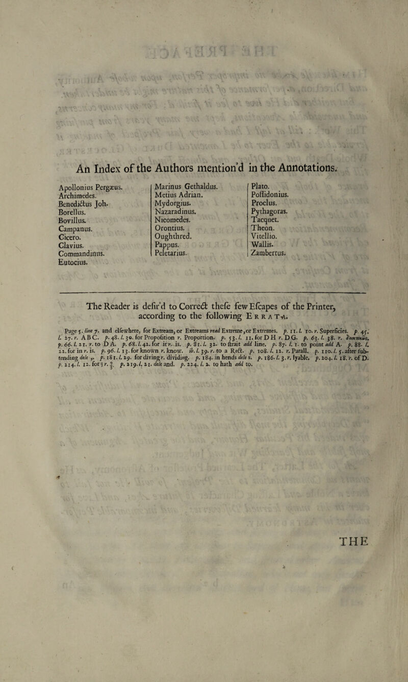 I J t m \ n AWv'u: VJ'n\ V T * ' ■ \ A ' Ay . . • . \ . r Jtt*t.J4r AV An Index of the Authors mention’d in the Annotations. Apollonius Pergaeus. Archimedes. Benedi&us Joh. Borellus. Bovillus. Campanus. Cicero. Clavius. Commandinus. Eutocius. Marinus Gethaldus. Metius Adrian. Mydorgius. Nazaradinus. Nicomedes. Orontius. Oughthred. Pappus. Peletarius. Plato. Poffidonius. Proclus. Pythagoras. Tacquet. Theon. Vitellio. Wallis. Zambertus. The Reader is delir’d to Corred: thefe few Efcapes of the Printer, according to the following Errata. Page 5. line 7. and clfewhere, for Extream, or Extreams read Extreme,or Extremes, p.n.l. 10. r. Superficies, p. 4J. /. zj.r. ABC. p. 48. /. 30. for Propofition, r. Proportion, p. 53./. n.forDH r. D G- p. 63./. 38. r. S'etx.itKaf. p. 66-/. 2 r. r. to D A. p. 6 8./.42. for it'»*—is. p. Si./. 3 2. to ftrait add line. p. 87. /. 1. to point add A- p. 88- /. zz.for in r. is. p. 96. /. 13.for known r. know. ib. /. 39. r. to a Reft. p. 108. /. 12. r. Parall. p. no./. 5.after lub- tending dele p. 181. /. 29. for divingr. dividing, p. 184. in hends dele s. p. 186. /. 3. r. lyablc. p. 104. /. 18. r. of D. p. 214. /. 12. for 3 r. 2. p. 119.1,11. dele and. p. 224. /. 2- to hath add to. THE *