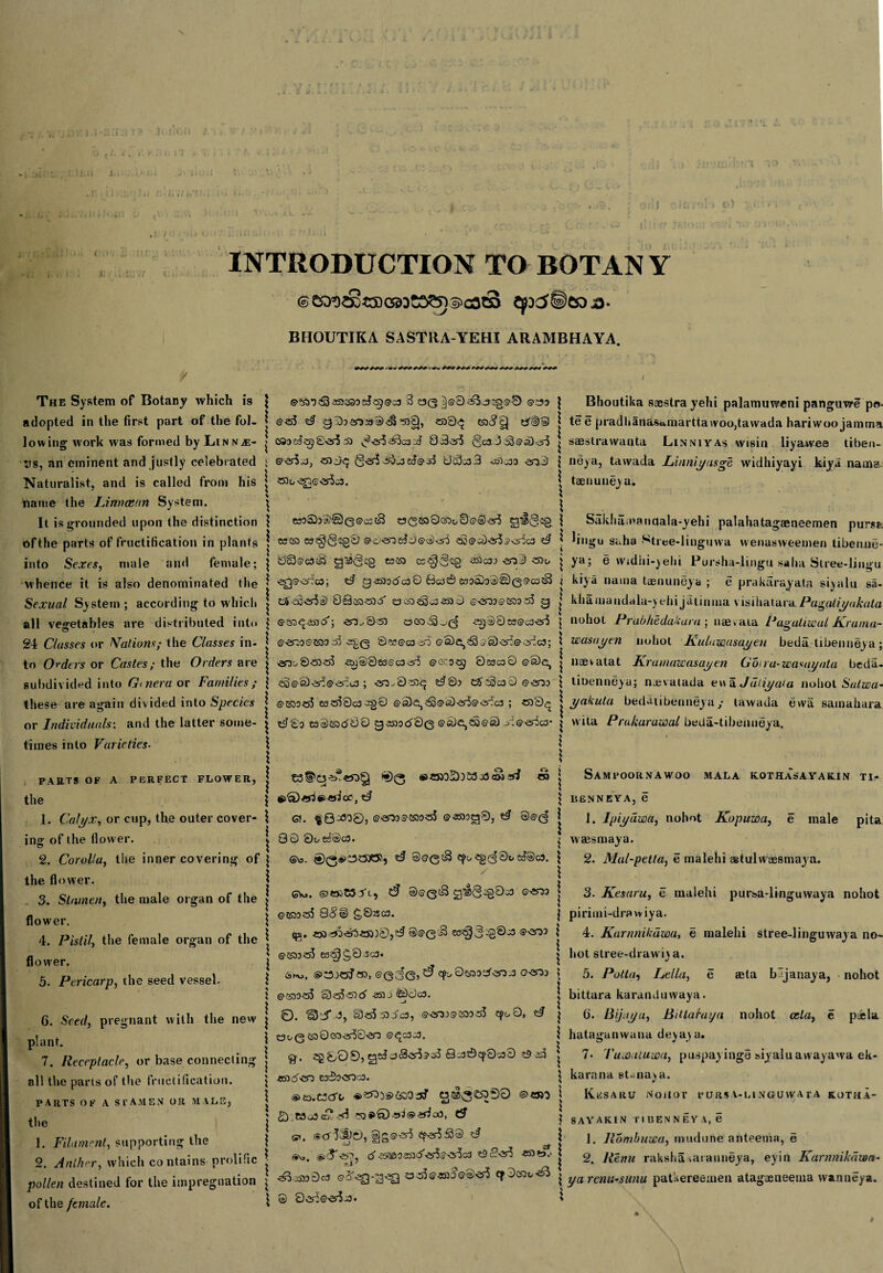 INTRODUCTION TO BOTAN Y (©C5D=DaDt3)C®Dt£^5)^GS^S Cp5©CQJ0. BHOUTIKA SASTRA-YEHI ARAMBHAYA / The System of Botany which is adopted in the first part of the fol¬ lowing' work was formed by Linna> vs, an eminent and justly celebrated Naturalist, and is called from his name the IJnnaznn System. It is grounded upon the distinction ofthe parts of fructification in plants into Sexes, male and female; whence it is also denominated the Sexual Sy stem ; according to which all vegetables are distributed into 24 Classes or Nations; the Classes in¬ to Orders or Castes; the Orders are subdivided into G< nera or Families ; these are again divided into Species or Individuals; and the latter some¬ times into Varieties- \ \ ©E5333393df«}©G3 3 £30 j]©0S&3£Q©0 @£30 ©«5 d g 03CO33©5} 53§), £530<^ K3<?gj C»D5^?g£''Cr5 53 S8er5 0c3::353©sDcr5 ©-arS-C, £5)E><^ @^^5v3 6^©53 UcDg33 ^c30 e>3© £53 o 'y3)©'Cr5o3. \ \ \ \ \ Bhoutika saestra yehi palamuweni panguwe po- ^ te e pradhanas&martta woo,tavvada hariwoo jamma saeslravvanta Linniyas wisin liyawee tiben- neya, tavvada Linniyasge widhiyayi kiya naraa taenuneya. \ \ \ esoSb®’©0©c5c3 £3033 0COu8©©er5 esea e3?0§cg0 ©c'>a0 5$5)©©<5-3 -6a©a)^5©<55c3 d 8c3®c3i£) 6333 Cs<^0sg <53C33 era!) C53o \ \ \ ■^2©<yfc3; d gaiod'caQ Bc30 S3oa)30@0©c3£3 E^ES'CfS© 8Sca£53o' OCO£S^-a530 ©'CTO®£533 55 0 ©eaq-aad*; en.,853 ^00sa©c3>a3 ©er33&£533 53 35,0 0B?©C33i>3 ©Se,^©Q<5^©<5^C3; ^qo©<5D£55 -eb}®8s3©c3£y5 ©cao?^ 0e3c30 ©Oe, ^©S)^©^o3 ; <5^053q ©103 5#33c3 0 ©eT33 ©tao«5 e3£5?0c3O^O ©Os)^3©ta)er5©er!;c3 ; «30q t08o e50£ad00 93530<5^00 ©Og,£5©S) _.i©erlc3' Sakhamanaala-yehi palahatagaeneemen purs; lingu saha Stree-linguwa vvenasweetnen tibenne ya; e Widhi-yehi Pursha-lingu saha Stree-lingi kiya nama taenuneya ; e prakarayata siyalu sa kha maudala-vehi jatinma visihatara Pagatiyakati nohot Prabhedakara ; naevaia Pagutiwul Kruma wasayen nohot Kuimasayen bedatibenneya liaevatat Krumuu'asayen Gona-wasuynta beda tioenneyu; naevatada evva Jdiiya'a nohot Sutwa yakuta bedatibenneya/ tavvada ewa samahar* wita Prakarawal beda-tibenneya. \ \ \ \ PARTS OF A PERFECT FLOWER, the 1. Calyx, or cup, the outer cover¬ ing of the flower. 2. Corolla, the inner covering of the flower. 3. Stamen, the male organ of the flower. 4. Pistil, the female organ of the flower. 5. Pericarp, the seed vessel. I t3s|'q^«50Q s>«no2)3S3j3<Sdj^ en Gt. ©<203® £533 £55 ©3530 ^0, el @®d 80 0o td'0c3. G\3. ©QaOCSJSy d @©0e3 -^(^0i» S^@C3. ( SAMl'OORNAWOO mala kothasayakin ti* 1 P.ENNEYA, e \ \ 5 6. Seed, pregnant with the new j plant. 1 7. Receptacle, or base connecting all the parts of the fructification. PARTS OF A stamen or MALE, the 1. Filament, supporting the 2. Anther, which contains prolific pollen destined for the impregnation of the female. \ GV>. ©Ootsyi, d @©005 g4@£g033 ©•«Q3 ©£530«5 85*8 g,02SG3. <g. «3 @©003 <?<5'33 ©£533 655 e35^g,0-Sc3. 6»v>, ©0dG>^ epo0ts-3O0er3 J oco3 ©?530£55 n3«5<53d' ^53J©0C3. 0. fDt/d, i3«5 5DJc3, ©<203®33355 CpoO, t# E3^0 330<33^50^3 ®^C3o3. g-. £56-00, 8c30ep0o30 t53s5 ■es)6<si zxBoexico. »es.C3(fi> *«^5®COOejJ U^*3£5D0O @«30 £).tao5c? £!d 53*>0«3(S><»doO, (3 cji, @|g©<^ $f^553@ d \ 1. Ipiydwa, nohot Kopuwa, e male pita waesmaya. 2. Mal-petta, e malehi aetulwaesmay a. \ \ \ \ i 1 i 1 1 1 1 1 \ \ \ 3- Kesaru, e malehi pursa-linguwaya nohot pirimi-drawiya. 4. Karnnikdwa, e malehi stree-linguwaya no¬ hot stree-drawiv a. 5. Potta, Fella, e aeta bajanaya, nohot bittara karanduwaya. 6. Bijuyu, Bitlatuya nohot cela, e paela hataganwana deyaya. 7* 1'uxatuwa, puspayinge siyaluavvayawa ek- karana st^naya. Kesaru nohot cursa-mnguvvara kotha- \ \ \ CJ ^ 4 ^ <5'<5^03535'^5®<rfc3 0<x<J?5 «3>D.' | \ \ ^■5330c3 5355©«3f©@^ ^0C53t^3 © 0<^©er$£3. \ SAY AKIN riUENNEY A, e 1. Rombuwa, mud one anteema, e 2. Renu raksha vaiauneya, eyin Karnnikdwa- ya renu-sunu patkereemen atagasneema wanneya. 9