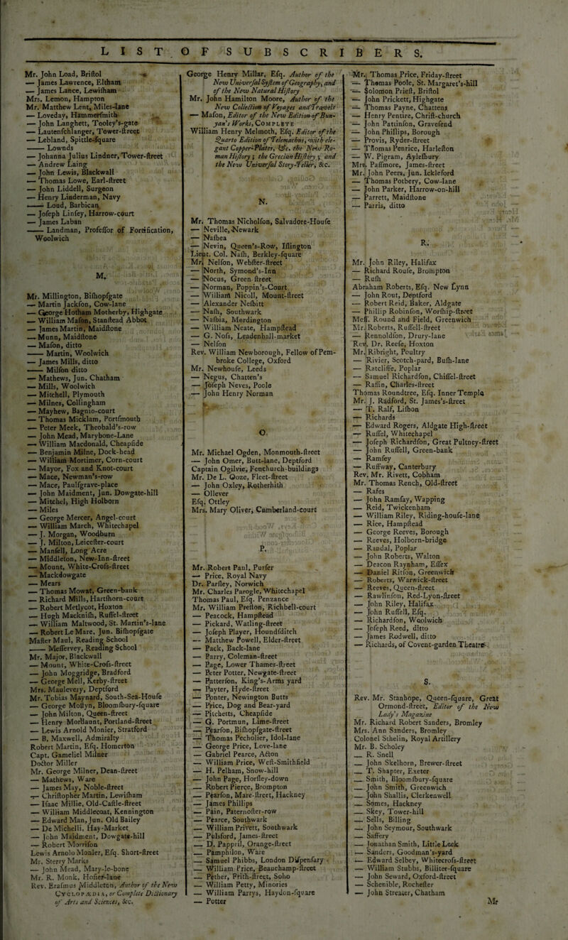 Mr. John Load, Briftol -* — James Lawrence, Eltham — James Lance, Lewiiham Mrs. Lemon, Hampton Mr. Matthew Lent, Miles-lane — Loveday, Hammerfmith — John Langhett, Tooley’s-gate — Lautenfchlanger, Tower-ftreet — Lebland, Spittle-fquare -Lownds .— Johanna Julius Lindner, Tower-ftreet — Andrew Laing — John Lewis, Blackwall — Thomas Lowe, Earl-ftreet —- John Liddell, Surgeon .— Henry Linderman, Navy --Loud, Barbican — Jofeph Linfey, Harrow-court — James Laban -Landman, Profeffor of Fortification, Woolwich M. v- n-olibeta'l ,eo-\ s -bhvlooW -<>o Mr. Millington, Bilhopfgate — Martin Jackfon, Cow-lane — Qeorge Hotham Motherby, Highgate — William Mafon, Stanftead Abbot — ]ames Martin, Maidftone —. Munn, Maidftone — Mafon, ditto -Martin, Woolwich — James Mills, ditto --Milfon ditto — Mathews, Jun. Chatham —- Mills, Woolwich — Mitchell, Plymouth — Milnes, Collingham — Mayhew, Bagnio-court —- Thomas Micklam, Portsmouth — Peter Meek, Theobald’s-row — John Mead, Marybone-Lane — William Macdonald, Cheapfide i — Benjamin Milne, Dock-head — William Mortimer, Corn-court ■— Mayor, Fox and Knot-court —- Mace, Newman’s-row —- Mace, Paulfgrave-place — John Maidment, Jun. Dowgate-hill — Mitchelj High Holborn — Miles — George Mercer, Angel-court •— William March, Whitechapel — J. Morgan, Wooffburn — J. Milton, Leicefter-court — Manfell, Long Acre ■— Middleton, New-Inn-ftreet — Mount, White-Crofs-ftreet — Mackdowgate — Mears — Thomas Mowat, Green-bank _Richard Mills, Hartlhorn-court — Robert Metlycot, Hoxton — Hugh Macknilh, Ruffel-ftreet — William Maltwood, St. Martin’s-lane — RobertLeMare, Jun. Bilhopfgate Mafter Maul, Reading School .-Meffervey, Reading School Mr. Major, Blackwall — Mount, White-Crofs-ftreet — John Moggridge, Bradford — George Mell, Kerby-ftreet Mrs. Maulevery, Deptford Mr. Tobias Maynard, South-Sea-Houfe — George Moftyn, Bloomlbury-fquare — John Milton, Queen-ftreet — Henry MorBaunt, Portland-ftreet — Lewis Arnold Monier, Stratford — B. Maxwell, Admiralty Robert Martin, Efq. Homerton Capt. Gameliel Milner Doftor Miller Mr. George Milner, Dean-ftreet — Mathews, Ware — James May, Noble-ftreet —- Chriftopher Martin, Lewiiham -— Ifaac Millie, Old-Caftle-ftreet — William Middlecoat, Kennington — Edward Man, Jun. Old Bailey — De Michelli, Hay-Market — John Maidment, Dowgate-hill — Robert Morrifon Lewis Arnolo Monier, Efq. Short-ftreet Mr. Sterry Marks — John Mead, Mary-lc-bone Mr. R. Monk, Hofier-lane Rev. Erafmus Middleton, Author of the New Cyclop^bi a, or Complete Dillionary of Arts and Sciences, &c. George Henry Millar, Efq. Author of the New XJni-verfal Syjiem of Geography, and of the New Natural Hifory Mr. John Hamilton Moore, Author of the New Colledionof Voyages and Travels — Mafon, Editor of the New Edition f Ban¬ yan's Works, Complete William Henry Melmoth, Efq. Editor of the Quarto Edition ofTelemachns, with ele¬ gant Copper-Plates, ifc. the Nenv Ho¬ man Hifory, the Grecian Hifory ; and the New Univerfal Story-Teller, &c. ■ :• •*.. -iitiD 'gniliot) cm . .1 N. Mr. Thomas Nicholfon, Salvadore-Houfe — Neville,-Newark — Nafbea — Nevin, Queen’s-Row, Iflington Lieut. Col. Nalh, Berkley-fquare Mri Nelfon, Webfter-ftreet — North, Symond’s-Inn — Nocus, Green-ftreet — Norman, Poppin’s-Court — William Nicoll, Mount-ftreet — Alexander Nelbitt -—• Nalh, Southwark — Nalbia, Mordington — William Neate, Hampftead — G. Nofs, Leadenhall-market — Nelfon Rev. William Newborough, Fellow ofPem- broke College, Oxford Mr. Newhoufe, Leeds •— Negus, Chatten’s — jofeph Neves, Poole — John Henry Norman —• ik jfe.-:,. . ,. o. Mr. Michael Ogden, Monmouth-ftreet — John Omer, Butt-lane, Deptford Captain Ogilvie, Fenchurch-buildings Mr. De L. Ooze, Fleet-ftreet — John Oxley, Rotherhith — Ollever Efq. Ottley Mrs. Mary Oliver, Camberland-court P. Mr. Robert Paul, Purfer —• Price, Royal Navy Dr. Parlley, Norwich Mr. Charles Parogle, Whitechapel Thomas Paul, Efq. Penzance Mr. William Prelton, Richbell-court — Peacock, Hampftead — Pickard, Watling-ftreet — Jofeph Player, Houndfditch — Matthew Powell, Elder-ftreet — Pack, Back-lane — Parry, Coleman-ftreet — Page, Lower Thames-ftreet — Peter Potter, Newgate-ftreet — Patterfon, King’s-Arms yard — Payter, Hyde-ftreet — Ponter, Newington Butts — Price, Dog and Bear-yard — Pitchetts, Cheapfide — G. Portmun, Lime-ftreet — Pearfon, Bilhopfgate-ftreet — Thomas Pecholier, Idol-lane — George Price, Love-lane — Gabriel Pearce, Afton — William Price, Weft-Smithfield — H. Pelham, Snow-hill — John Page, Horfley-down — Robert Pierce, Brompton — Pearfon, Maie-llreet, Hackney — James Phillips — Pain, Paternofter-row — Pearce, Southwark — William Privett, Southwark — Pulsford, James-ftreet _ D. Pappril, Orange-ftreet _ Pamphilon, Ware _ Samuel Phibbs, London Difpenfary . — William Price, Beauchamp-ftreet — Pether, Frith-ftreet, Soho — William Petty, Minories — William Parrys, Haydon-fqvare — Potter Mr. Thomas Price, Friday-ftreet — Thamas Poole, St. Margaret’s-hill — Solomon Prieft, Briftol — John Prickett, Highgate — Thomas Payne, Chattens — Henry Pentire, Chrift-church — John Pattinfon, Gravefend — John Phillips, Borough — Provis, Ryder-ftreet — TRomas Penrice, Harlefton — W. Pigram, Aylefbury Mrs. Paffmore, James-ftreet Mr., John Peers, Jun. Ickleford — Thomas Potbery, Cow-lane — John Parker, Harrow-on-hill — Parrett, Maidftone — Parris, ditto R. Mr. john Riley, Halifax — Richard Roufe, Brompton — Rulh Abraham Roberts, Efq. New Cynn — John Rout, Deptford -— Robert Reid, Baker, Aldgate — Phillip Robinfon, Worlhip-ftreet MelT. Round and Field, Greenwich Mr. Roberts, Ruffell-ftreet — Rennoldfon, Drury-lane Rev. Dr. Reefe, Hoxton Mr. Ribright, Poultry — Rivier, Scotch-pard, Bulh-lane — Ratcliffe, Poplar — Samuel Richardfon, Chiffel-ftreet — Raffin, Charles-ftreet Thomas Roundtree, Efq. Inner Tempi® Mr. J. Radford, St. James’s-ftreet — T. Ralf, Lilbon — Richards — Edward Rogers, Aldgate High-ftreet —■ Rulfel, Whitechapel — Jofeph Richardfon, Great Pultney-ftreel — John RufTell, Green-bank — Ram fey — Ruffway, Canterbury Rev. Mr. Rivett, Cobham Mr. Thomas Rench, Old-ftreet — Rafes — John Ramfay, Wapping — Reid, Twickenham — William Riley, Riding-houfe-lane — Rice, Hampftead — George Reeves, Borough — Reeves, Holborn-bridge — Randal, Poplar — John Roberts, Walton • — Deacon Raynham, Effex — Daniel Ritfo’n, Greenwich —- Roberts, Warwick-ftreet — Reeves, Queen-ftreet — Rawlinfon, Red-Ly on-ftreet — John Riley, Halifax -— John Ruffell, Efq. — Richardfon, Woolwich — Jofeph Reed, ditto — James Rodwell, ditto — Richards, of Covent-garden Theatre^ - ijo>ainfirfjUQ2 , y S. Rev. Mr. Stanhope, Queen-fquare, Great Ormond-ftreet, Editor of the New Lady's Magazine Mr. Richard Robert Sanders, Bromley Mrs. Ann Sanders, Bromley Colonel Sthelin, Royal Artillery Mr. B. Scholey _ R. Snell _ John Skelhorn, Brewer-ftreet _ T. Shapter, Exeter _ Smith, Bloomlbury-fquare _John Smith, Greenwich — John Shallis, Clerkenwell Somes, Hackney — Skcy, Tower-hill — Sells, Billing — John Seymour, Southwark — SafFery — Jonathan Smith, Little Leek — Sanders, Goodman’s-yard — Edward Selbey, Whitecrofs-ftreet — William Stubbs, Billiter-fquare — John Seward, Oxford-ftreet — Schenible, Rochefter —- John Streater, Chatham Mr