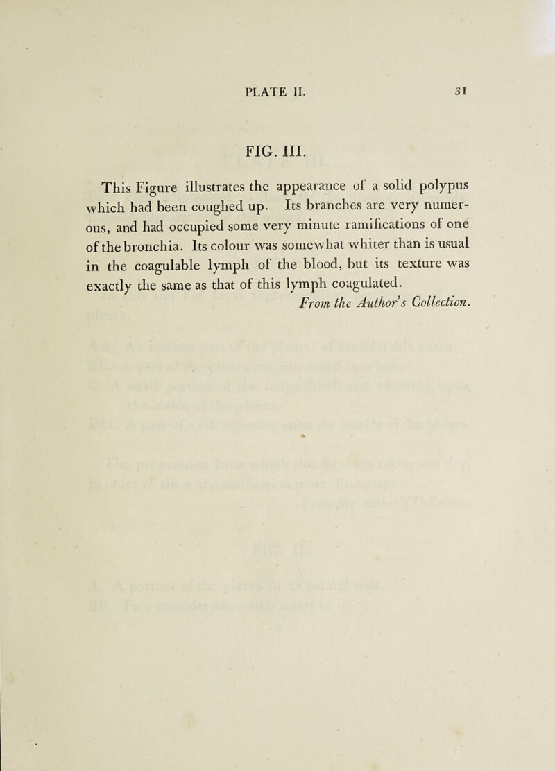 FIG. III. This Figure illustrates the appearance of a solid polypus which had been coughed up. Its branches are very numer¬ ous, and had occupied some very minute ramifications of one of the bronchia. Its colour was somewhat whiter than is usual in the coagulable lymph of the blood, but its texture was exactly the same as that of this lymph coagulated. From the Author s Collection.