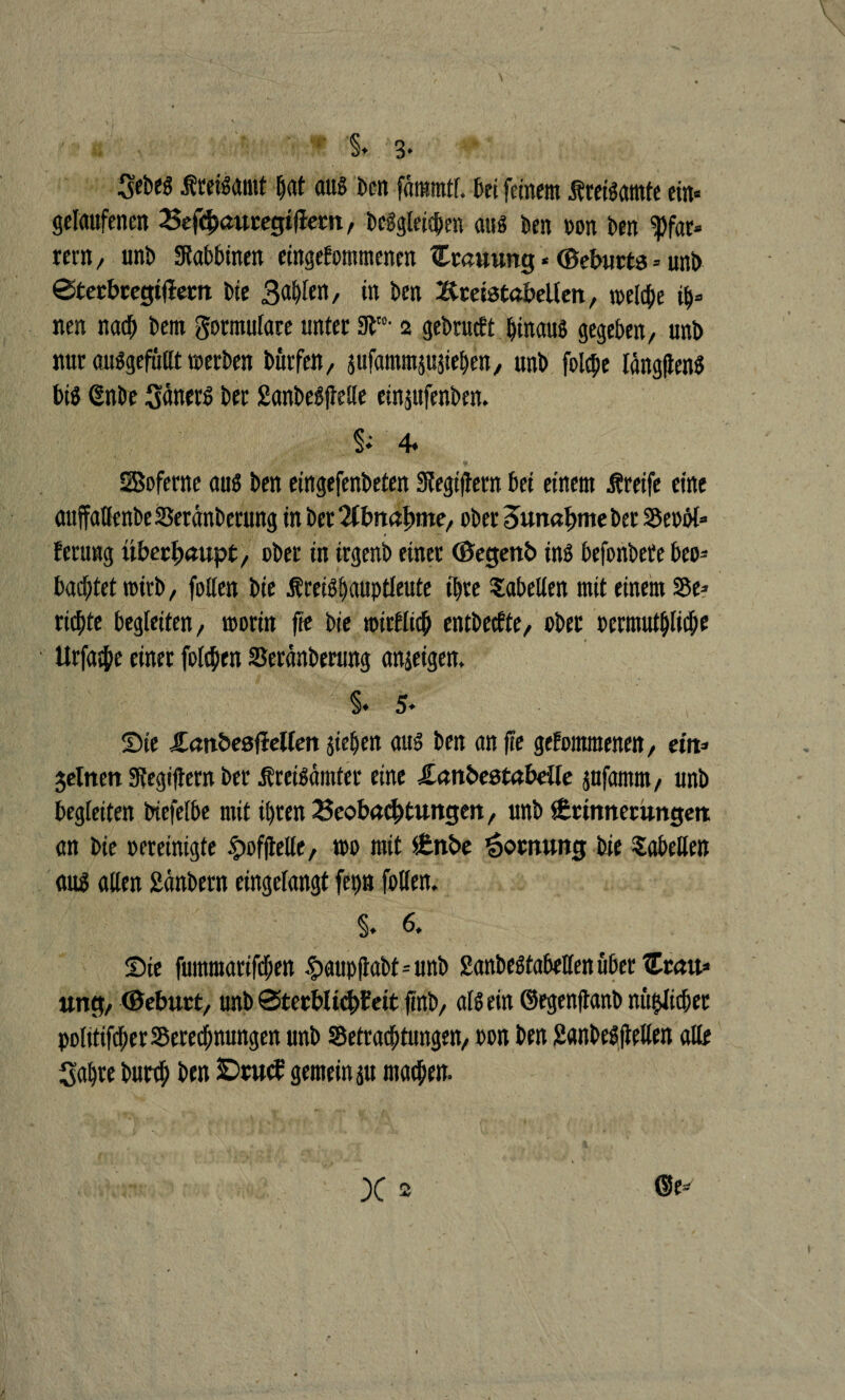 §♦ 3- Sebes feisamt bat aus kn fämrntf. kt feinem iüreisamte ein« gelaufenen £ef<hauregi(iem, beggleicben aus kn non kn $far« rern, unb Stabbinen eingenommenen Stauung * ©ebnrts«uni) ©tecbregiftem i)ie 3<ß)Ien, in kn Breistabellen, welche fy* neu nach km Formulare unter 31“- 2 gebraßt hinaus gegeben, unb nur auSgefüßt werben bürfen, jufammsusieben, unb fol$e längjtenS bis 6nbe SänerS ber SanbeSßeße einsttfenbrn. & 4* SBoferne aus ben eingefenbeten Sfitegiflern bet einem Greife eine auffaflenbeSeränberung in bct2tbrtaf>me, ober Sunabmeber Senk« * * * ferung überhaupt, ober in irgenb einer ©egenb ins befonbebe beo¬ bachtet wirb, foßen bie JtreiSbauptleute ihre Sabeßen mit einem 3$e« richte begleiten, worin fie bie wirtlich enthielte, ober permutblitb* . . * • ‘ y * ■ ’b' * 't 0 Urfa^e einer folgen SSeränberung anjeigen. §♦ 5* Sie Jtanöeßflellen sieben aus ben anfte genommenen, ein» Seinen Stegißern ber ÄreiSämter eine £anbeetabdle jufamm, unb begleiten btefelbe mit ihren Beobachtungen, unb Erinnerungen an bie »ereintgte §ofßeßc, wo mit Enbe Hornung bie Sabeßen aus aßen Säubern eingelangt fep» foßen. §. 6. Sie fummarifeben §aupßabt=unb SanbeStakßen über tTratt* ung, ©eburt, unb ©terblicbfeit jtnb, als ein ©egenftanb nu&Jicber politifchcr SBerechnungen unb Söetracbtungen, oon ben SanbeSßeßen alle Sabre bureb ben £>ru<f gemein su machen.