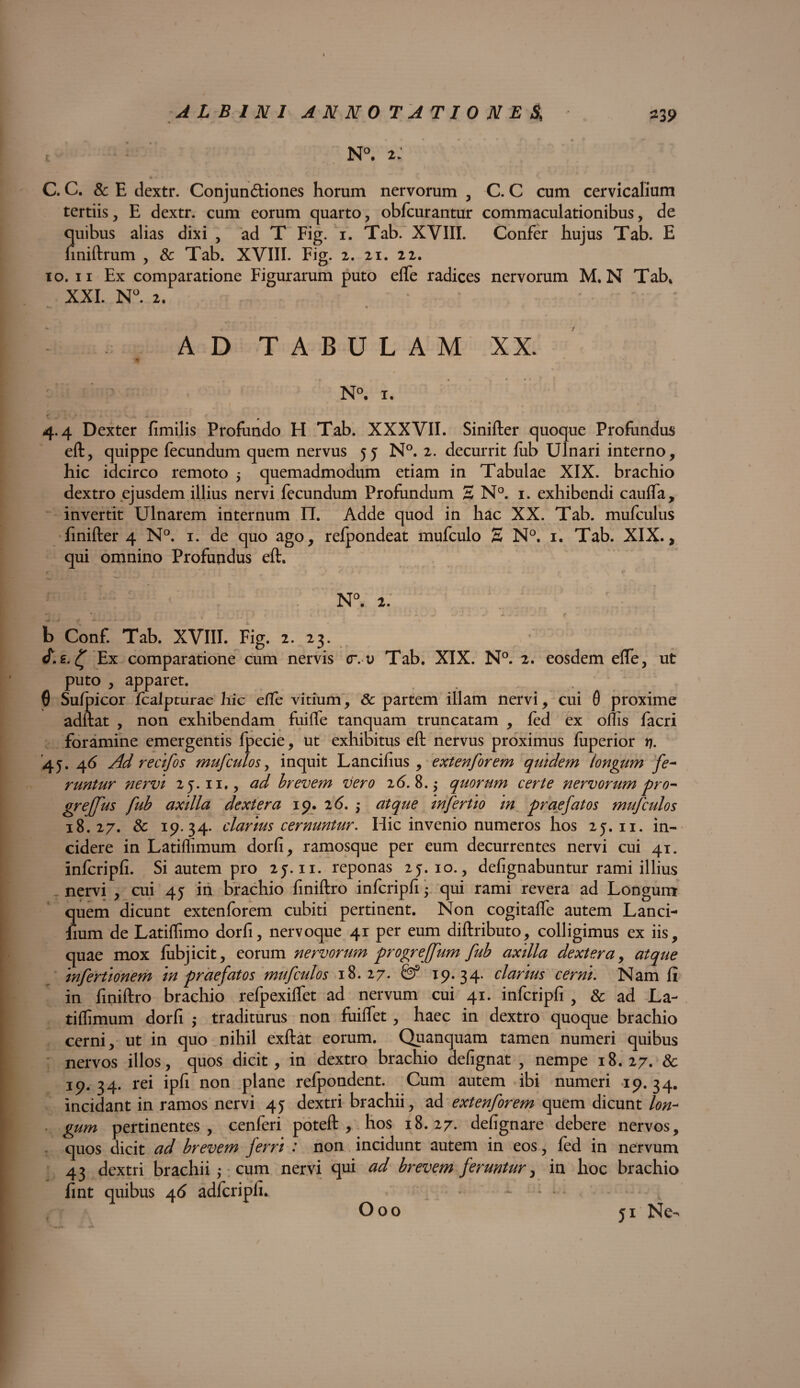 N°. 2: C. C. & E dextr. Conjunctiones horum nervorum , C. C cum cervicalium tertiis, E dextr. cum eorum quarto, obfcurantur commaculationibus, de quibus alias dixi , ad T Fig. 1. Tab. XVIII. Confer hujus Tab. E finiftrum , Sc Tab. XVIII. Fig. 2. 21. 22. 10. 11 Ex comparatione Figurarum puto effe radices nervorum M. N Tab* XXI. N°. 2. AD TABULAM XX. N°. 1. 4.4 Dexter fimilis Profundo H Tab. XXXVII. Sinifter quoque Profundus eft, quippe fecundum quem nervus 55 N°. 2. decurrit fiib Ulnari interno, hic idcirco remoto 5 quemadmodum etiam in Tabulae XIX. brachio dextro ejusdem illius nervi fecundum Profundum 2 N°. 1. exhibendi cauffa, invertit Ulnarem internum n. Adde quod in hac XX. Tab. mufculus finifter 4 N°. 1. de quo ago, refpondeat mufculo 2 N°. 1. Tab. XIX., qui omnino Profundus eft. 1' • # - •. c n°. 2. ; ■ . r b Conf. Tab. XVIII. Fig. 2. 23. «£.s.C, Ex comparatione cum nervis c. v Tab. XIX. N°. 2. eosdem efle, ut puto , apparet. 0 Sufpicor fcalpturae hic efle vitium, Sc partem illam nervi, cui 0 proxime adftat , non exhibendam fuifte tanquam truncatam , fed ex offis facri foramine emergentis fpecie, ut exhibitus eft nervus proximus ffiperior rj. 45. 4 6 Ad re afos mufculo s > inquit Lancifius , extenforem quidem longum fe~ runtur nervi 25.11., ad brevem vero 26.8.$ quorum certe nervorum pro- grefpus fub axilla dextera 19. 2 6. 5 atque Infertlo In praefatos mufculos 18.27. Sc 19.34. clarius cernuntur. Hic invenio numeros hos 25.11. in¬ cidere in Latiffimum dorfi, ramosque per eum decurrentes nervi cui 41. infcripfi. Si autem pro 25.11. reponas 25.10., defignabuntur rami illius nervi , cui 45 in brachio finiftro infcripfi; qui rami revera ad Longum quem dicunt extenforem cubiti pertinent. Non cogitafte autem Lanci- lium de Latiffimo dorfi, nervoque 41 per eum diftributo, colligimus ex iis, quae mox fubjicit, eorum nervorum progreffum fub axilla dextera, atque mfertlonem In praefatos mufculos 18.27. fef 19*34. clarius cerni. Nam fi in finiftro brachio refpexiffet ad nervum cui 41. infcripfi , Sc ad La- tiflimum dorfi ,• traditurus non fuiffet, haec in dextro quoque brachio cerni, ut in quo nihil exftat eorum. Quanquam tamen numeri quibus nervos illos, quos dicit, in dextro brachio defignat , nempe 18.27. Sc 19.34. rei ipfi non plane refpondent. Cum autem ibi numeri 19.34. incidant in ramos nervi 45 dextri brachii, ad extenforem quem dicunt lon- ■ gum pertinentes, cenferi poteft , hos 18.27. defignare debere nervos, quos dicit ad brevem ferri : non incidunt autem in eos, fed in nervum 43 dextri brachii ; cum nervi qui ad brevem feruntur, in hoc brachio fint quibus 46 adfcripfi.. : - Ooo 51 Ne-