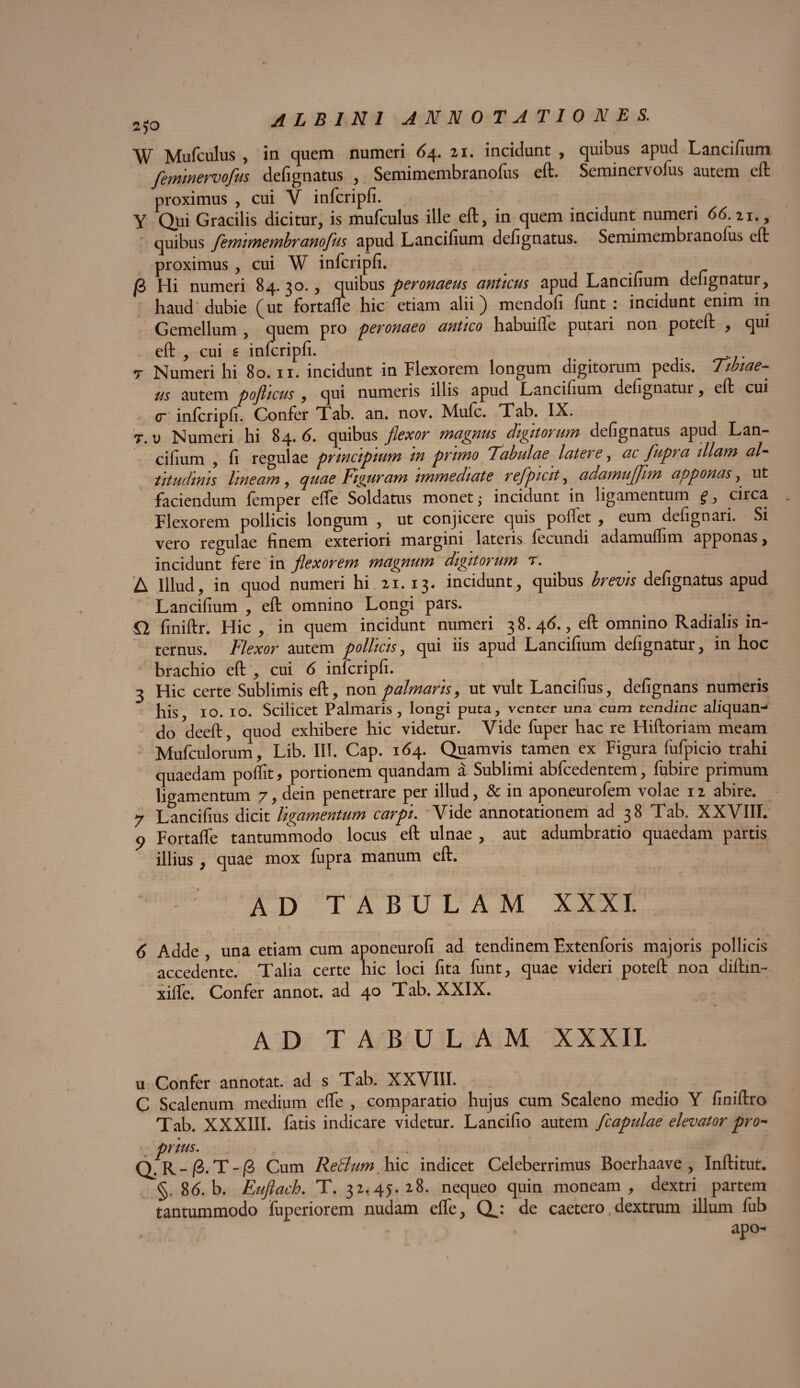 W Mufculus , in quem numeri 64. 21. incidunt , quibus apud Lancifium femmervofus defignatus , Semimembranofus eft- Seminervofus autem eft proximus , cui V infcripfi. Y Qui Gracilis dicitur, is mufculus ille eft, in quem incidunt numeri 66.21., quibus femimembranofm apud Lancifium defignatus. Semimembianofus eft proximus, cui W infcripfi. /3 Hi numeri 84. 30., quibus peronaeus anticus apud Lancifium defignatur, haud dubie (ut fortafle hic etiam alii) mendofi funt: incidunt enim in Gemellum , quem pro peronaeo antico habuiffe putari non poteft , qui eft , cui s infcripfi. r Numeri hi 80.11. incidunt in Flexorem longum digitorum pedis. Tibiae- us autem pofticus , qui numeris illis apud Lancifium defignatui, eft cui cr infcripfi. Confer Tab. an. nov. Mufc. Tab. IX. t. v Numeri hi 84. 6. quibus flexor magnus digitoi um defignatus apud Lan¬ cifium , fi regulae principium m primo Tabulae latere, ac fupra illam aT titudinis lineam, quae Figuram immediate refpicit, adamujjim apponas , ut faciendum femper effe Soldatus monet; incidunt in ligamentum f, circa . Flexorem pollicis longum , ut conjicere quis polfet , eum delignari. Si vero regulae finem exteriori margini lateiis fecundi adamuflim apponas , incidunt fere in flexorem magnum digitorum r. A Illud, in quod numeri hi 21. 13. incidunt, quibus brevis defignatus apud Lancifium , eft omnino Longi pars. £1 finiftr. Hic, in quem incidunt numeri 38. 46., eft omnino Radialis in¬ ternus. Flexor autem pollicis, qui iis apud Lancifium defignatur, in hoc brachio eft , cui 6 infcripfi. 3 Hic certe Sublimis eft, non palmaris, ut vult Lancifius, defignans numeris his, 10. 10. Scilicet Palmaris, longi puta, venter una cum tendine aliquan¬ do deeft, quod exhibere hic videtur. Vide fuper hac re Hiftoriam meam Mufculorum, Lib. III. Cap. 164. Quamvis tamen ex Figura fufpicio trahi quaedam poffit, portionem quandam a Sublimi abfcedentem, fubire primum ligamentum 7, dein penetrare per illud, Sc in aponeurofem volae 12 abire. 7 Lancifius dicit ligamentum carpi. Vide annotationem ad 38 Tab. XXVIII. 9 Fortaffe tantummodo locus eft ulnae , aut adumbratio quaedam partis illius, quae mox fupra manum eft. AD TABULAM XXXI. 6 Adde , una etiam cum aponeurofi ad tendinem Extenforis majoris pollicis accedente. Talia certe hic loci fita funt, quae videri poteft non diftin- xifTe. Confer annot. ad 40 Tab. XXIX. AD TABULAM XXXII. u Confer annotat, ad s Tab. XXVIII. C Scalenum medium effe , comparatio hujus cum Scaleno medio Y finiftro Tab. XXXIII. fatis indicare videtur. Lancifio autem fcapulae elevator pro¬ prius. . Q. R - |8. T - ]0 Cum Redlum hic indicet Celeberrimus Boerhaave , Inftitut. §. 86. b. Eufiach. T. 32.45.28. nequeo quin moneam, dextri partem tantummodo fuperiorem nudam effe, Qj de caetero dextrum illum fub . . apo-