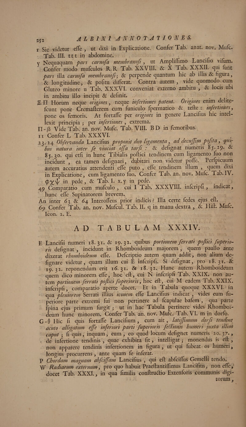 2J2 ALBINI 'ANNO TAI IO NES. x Sic videtur effe , ut dixi ia Explicatione. Confer Tab. anat. nov. Mufc. • Tab. III. ttt in abdomine. y Nequaquam pars carnofa membranofi , ut Amplifhmo Lanci fio vifum. Confer modo mulculos R.R Tab. XXVIII. Sc X Tab. XXXII. qui funt pars illa carnofa membranofi; Sc perpende quantum hic ab illis Sc figura, & longitudine, & pofitu differat. Contra autem , vide quomodo cum Gluteo minore u Tab. XXXVI. conveniat externo ambitu , Sc locis ubi in ambitu illo incipit Sc definit. g. n Horum neque origines, neque infertiones patent. Origines enim delite- fcunt pone Cremafterem cum funiculo fpermatico Sc tefte : infertiones, pone os femoris. At foitaffe per origines in genere Lancifius hic intel¬ lexit principia j per infertiones , extrema. n-|8 Vide Tab. an. nov. Mufc. Tab. VIII. B D in femoribus. n Confer L Tab. XXXVI. 23. 24 Obfervanda Lancifius proponit duo ligamenta, ad decujfim pofita, qui¬ bus natura mter fe vinciat of'a tarf : Sc defignat numeris 8 j. 29. Sc 8 j. 30. qui etfi in hunc Tibialis poftici tendinem cum ligamento fuo non incidunt , ea tamen defignari, dubitari non videtur poffe. Perfpicuum autem accuratius attendenti effe puto , effe tendinem illum , quem dixi in Explicatione, cum ligamento fuo. Confer Tab. an. nov. Mufc. Tab.IV. Pede , & Tab. I. x.y in pede. : 49 Comparatio cum mufculo , cui I Tab. XXXVIII. infcripfi, indicat, hunc elfe Supinatorem brevem. An inter 63 Sc 6\ Interoffeus prior indicis ? Illa certe fedes ejus eft. 69 Confer Tab. an. nov. Mufcul. Tab. II. q in manu dextra , Sc Hift. Mufc. Icon. 2. E. * • AD TABULAM XXXIV. E Lancifii numeri 18.31. & 19.32. quibus portionem ferrati poftici fuperio- ris defignat , incidunt in Rhomboideum majorem , quem paullo ante dixerat rhomboideum efle. Defcriptio autem quam addit, non alium de- fignare videtur, quam illum cui E infcripfi. Si defignat, pro 18. 31. 8c 19.32. reponendum erit 16. 31. & 18.32. Hunc autem Rhomboideum quem dico minorem effe, hoc eft, cui N infcripfi Tab. XXIX. non au¬ tem portionem ferrati poftici fuperioris, hoc eft, cui M eadem Tab. XXIX. infcripfi, comparatio aperte docet. Et in Tabula quoque XXXVI. in qua pleniorem Serrati illius iconem effe Lancifius indicat , vides eum fu- periore parte extremi fui non pertinere ad fcapulae bafem , qua parte fpina ejus primum furgit ; ut in hac Tabula pertinere vides Rhomboi¬ deum hunc minorem. Confer Tab. an. nov. Mufc. Tab. VI. m in dorlo. G - 0 Hic fi quis fortaffe Lancifium , cum ait, latiffimum dorfi tendine acuto alligatum effe inferiori parti fuperioris feclionis humeri juxta illius caput ; fi quis, inquam, eum, eo quod locum defignet numeris 20.37., ■ de infertione tendinis , quae exhibita fit, intelligat; monendus is eft , non apparere tendinis infertionem in figura, ut qui fubeat os humeri, longius procurrens, ante quam fe inferat. P Chordam magnam abfcijfam Lancifius , qui eft ablciflus Gemelli tendo. \V Radiaeum externum, pro quo habuit Praeftantiffimus Lancifius, non efte, docet Tab. XXXI., in qua fimilis conftru&io Extenforis communis digi- » torum,