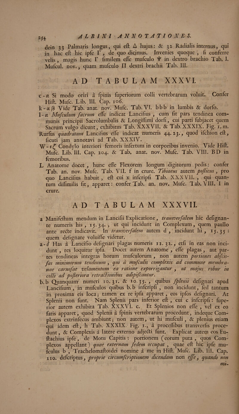 dein 33 Palmaris longus, qui eft A hujus: & 32 Radialis internus, qui in hac eft hic ipfe T , de quo dicjmus. Invenies quoque , fi conferre velis, magis hunc T fimilem efte mufculo ¥ in dextro brachio Tab. I. Mufcul. nov., quam mufculo II dextri brachii Tab. III. AD TABULAM XXXVI. . ' - c c-a Si modo oriri a fpinis fuperiorum colli vertebrarum voluit. Confer Hift. Mufc. Lib. III. Cap. 106. k-aj3 Vide Tab. anat. nov. Mufc. Tab.VI. bbb in lumbis & dorlb. 1 -a Mufculum facrum e (Te indicat Lancifius , cum fit pars tendinea com¬ munis principii Sacrolumbalis & LongilTimi dorfi, cui parti fubjacet quem Sacrum vulgo dicunt, exhibitus Tab. XXXVII. & Tab.XXXIX. Fig. i.m. Rurfus quadratum Lancifius ede indicat numeris 44.23., quod ifchion eft, ficuti jam annotavi ad Tab. XXXIV. Condylo interiori femoris infertum in corporibus invenio. Vide Hift. Mufc. Lib. III. Cap. 204. & Tab. anat. nov. Mufc. Tab. VIII. BD in femoribus. L Anatome docet , hunc efte Flexorem longum digitorum pedis: confer Tab. an. nov. Mufc. Tab. VII. f in crure. Tibiaeus autem pofticus , pro quo Lancifius habuit , eft cui x infcripfi Tab. XXXVII. , qui quan¬ tum diflimilis fit, apparet: confer Tab. an. nov. Mufc. Tab. VIII. I in crure. AD TABULAM XXXVII. jf • ■»“ * - * ** * i' ~ 1 1 z T* L a Manifeftum mendum in Lancifii Explicatione, transverfalem hic defignan- te numeris his, 15.34., ut qui incidunt in Complexum, quem paullo ante redte indicavit. In transverfalem autem d, incidunt hi, 15.35 : quem delignare voluifle videtur. a-cf Has a Lancifio defignari plagas numeris 12. 32., etfi in eas non inci¬ dunt , res loquitur ipfa. Docet autem Anatome , efte plagas, aut par¬ tes tendineas integras horum mulculorum , non autem portiones abfcis- fas minimorum tendinum , qui d mufculis complexis ad commune membra¬ nae carnofae velamentum ea ratione exporrigantur , ut majus robur in colli ad pofieriora retracliombus adipifcantur. b.b Quanquam numeri 10.31. & 10.35., quibus fplenii defignati apud Lancifium , in mufculos quibus b.b infcripfi , non incidunt, fed tantum in proxima eis loca; tamen ex re ipfa apparet, eos ipfos defignari. At Splenii non funt. Nam Splenii pars inferior eft , cui c infcripfi : fiipe- rior autem exhibita Tab. XXXVI. c. Et Splenios non efte , vel ex eo fatis apparet, quod Splenii a fpinis vertebrarum procedunt, indeque Com¬ plexos extrinfecus ambiunt; non autem, ut hi mufculi, & plenius etiam qui idem eft, h Tab. XXXIX. Fig. 1., a proceflibus transverfis proce¬ dunt , & Complexis a latere externo adjedi funt. Explicat autem eos Eu- ftachius ipfe, de Motu Capitis: portionem (eorum puta, quos Com¬ plexos appellant) quae externam Jedem occupat , quae eft hic ipfe mu- lculus b , Trachelomaftoidei nomine a me in Hift. Mufc. Lib. 111. Cap. 110. defcriptus, proprie circumfcriptionem dicendam non effe, quando non