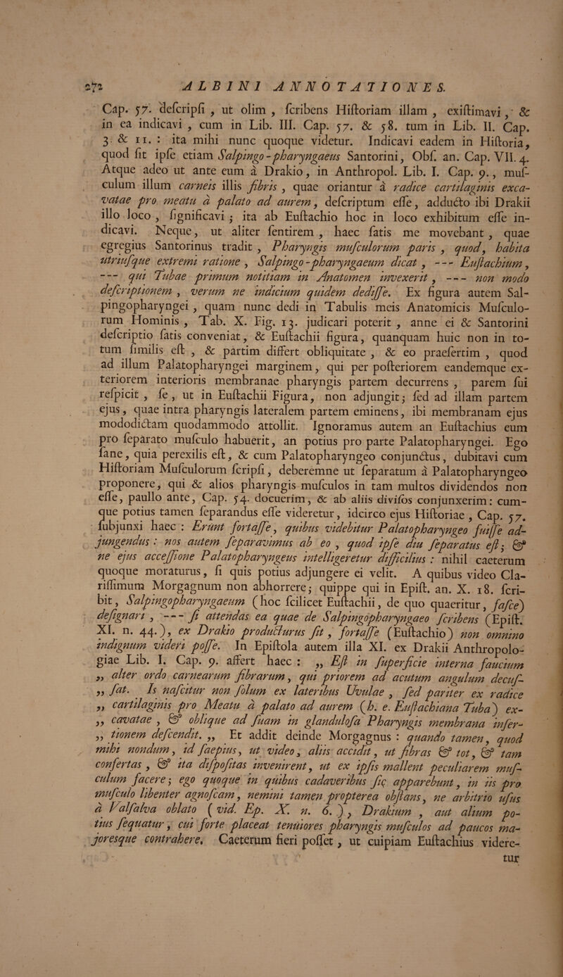 Cap. J7. defcripfi , ut olim , fcribens Hiftoriam illam , exiftimavi, * 8c in ea indicavi , cum in Lib. III. Cap. 57. & j8. tum in Lib. II. Cap. 3. & 11. : ita mihi nunc quoque videtur. Indicavi eadem in Hiftoria, quod fit ipfe etiam Salpwgo -pharyngaeus Santorini, Obfi an. Cap. VII. Atque adeo ut ante eum a Drakio, in Anthropol. Lib. I. Cap. 9., muf- culum illum carneis illis fibris , quae oriantur a radice cartilaginis exca¬ vatae pro meatu a palato ad aurem, defcriptum effe, addudo ibi Drakii illo loco , fignificavi • ita ab Euftachio hoc in loco exhibitum effe in¬ dicavi. Neque, ut aliter fentirem , haec fatis me movebant, quae egregius Santorinus tradit , Pharyngis mufculorum paris , quod, habita utnufque extremi ratione , Salpmgo-pharyngaeum dicat , — Euflachium, — qui Tubae primum notitiam in An at omen invexerit,-non modo defcriptionem , verum ne indicium quidem dediffe. Ex figura autem Sal¬ pingopharyngei , quam nunc dedi in Tabulis meis Anatomicis Mufculo¬ rum Hominis , Tab. X. Fig. 13. judicari poterit , anne ei & Santorini defcriptio fatis conveniat, & Euftachii figura, quanquam huic non in to¬ tum fimilis eft , & partim differt obliquitate , & eo praefertim , quod ad illum Palatopharyngei marginem, qui per pofteriorem eandemque ex¬ teriorem interioris membranae pharyngis partem decurrens , parem fui refpicit , fe , ut in Euftachii Figura, non adjungit; fed ad illam partem ejus, quae intra pharyngis lateralem partem eminens, ibi membranam ejus mododidam quodammodo attollit. Ignoramus autem an Euftachius eum pro feparato mufculo habuerit, an potius pro parte Palatopharyngei. Ego fane, quia perexilis eft, & cum Palatopharyngeo conjundus, dubitavi cum Hiftoriam Mufculorum fcripfi, deberemne ut feparatum a Palatopharyngeo proponere, qui & alios pharyngis mufculos in tam multos dividendos non effe, paullo ante, Cap. 54. docuerim, & ab aliis divilos conjunxerim: cum¬ que potius tamen feparandus effe videretur, idcirco ejus Hiftoriae , Cap. 57. iubjunxi haec : Erunt fortajfe, quibus videbitur Palatopharyngeo fui[fe ad¬ jungendus : nos autem feparavimus ab eo , quod ipfe diu feparatus ejl; & ne ejus acceJJione Palatopharyngeus intelligeretur difficilius : nihil caeterum quoque moraturus, fi quis potius adjungere ei velit. A quibus video Cia- riflimum Morgagnum non abhorrere,- quippe qui in Epift. an. X. 18. fcri- bit, Salpingopharyngaeum (hoc fcilicet Euftachii, de quo quaeritur, fafcej defignari ,-fi attendas ea quae de Salpingopharyngaeo fcribens (Epift. XI. n. 44O j Erakio produdturus fit y fortajfe ^Euftachio^) non omnino indignum videri pojfe. In Epiftola autem illa XI. ex Drakii Anthropolo- giae Lib. I. Cap. 9. affert haec : ,, Efl m fuperfcie interna faucium ,, alter ordo carnearum fbrarum, qui priorem ad acutum angulum decufi ,, J'at. Is nafcitur non folum ex lateribus Uvulae , fed pariter ex radice „ cartilaginis pro Meatu d palato ad aurem (A e. Eujlachiana Tuba') ex- ,, cavatae , &* oblique ad fuam in glandulofa Pharyngis membrana infer- „ tionem defcendit. „ Et addit deinde Morgagnus : quando tamen, quod mihi nondum, id faepiusy ut video, aliis accidit, ut fibras & tot, fgf tam confertas , & ita difpofitas invenirent, ut ex ipfis mallent peculiarem mu fi culum facere y ego quoque in quibus cadaveribus fiq apparebunt, in iis pro mufculo libenter agnofcam, nemini tamen propter e a objlans, ne arbitrio ufus a Valfalva oblato ( vid. Ep. X. n. 6.) ^ Drakium , aut alium po¬ tius fequatur, cui forte placeat tenuiores pharyngis mufculos ad paucos ma¬ joresque contrahere. Caeterum fieri poffet, ut cuipiam Euftachius videre- , ' tur