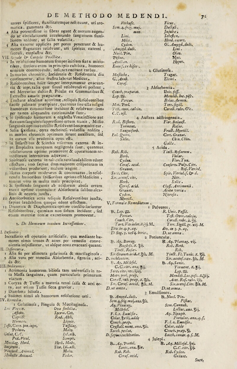 mnres fpitfiores, fluxilitatemque reftituunt, uti aro¬ matica, gummata &c. 4 Alia potentiflime iu fibras agunt & motum augen¬ do ac circulationem accelerando fanguinem fluxi¬ liorem reddunt, ut falia volatilia. ,5 Alia externe applicita per poros penetrant & hu¬ mores ftagnantes refolvunt, uti fpiritus externi , facculi, emplaftra &c, VII. Regula iV' Cautela TraElicx. 1 In resolutione humorum femper initium fiat a mitio¬ ribus, fortiora enim in principio exhibita , humores nimium commovendo , infi^nes excitant turbas. 2 In morbis chronicis, Incidentia & Refolventia^diu continuentur, alias fruftra laborat Medicus 3 Refolventibus., hifce iemper interponantur evacuan¬ tia <Sc inpr. talia quas fimul refolvendivi pollent , uti Mercurius dulcis & Pilulse ex Gummatibus &C. Extraftis amaris praeparatas. 4 Tincturae alcalinae acerrimae ,reliquis Refolventibus facile palmam praeripiunt, quatenus fine ulla infigni humorum commotione incidunt & refolvunt: lem- per tamen aliquandiu continuandas funt. ' <y Si lpiflitudo humorum a negledta Venaeleflione aut fluxuum fanguinisfuppreflione ortum, traxit , Miflio fanguinis.optimocohfilio Refolventibus.prasmittitur . 6 Salia fixilfima, certa encheirefi volatilia reddita , m morbis chronicis optimum ferunt auxilium, fed in eorum ufu prudentia opus, eft. 7 Sn Infarftibus & Scirrhis vifcerum externa & in¬ pr. Emplaltra nunquam negligenda funt, quatenus, refolutionem optime promovent & operationem re-, mediorum internorum adjuvant. 8 Spirituofa externa in tali cafu raro laudabilem edunt cffe&urn, imo fas pius dum majorem crifpaturam in vifceribus. producunt, malum augent . o, Motus corporis moderatus & continuatus , in relol- vendis humoribus fpiffioribus optima eft Medicina , nimius vero in multa mala prascipitat. 10 Si fpilfitudo fanguinis ab acidorum abufu ortum traxit optime conveniunt Abforbentia falibusalca- linis <ic neutris juncta. 11 Ancifcorbutica acria reliquis Refolventibus junffa, faspius laudabilem quoque edunt effectum. 12 Diuretica & Diaphoretica optime confilio fociantur Refolventibus, quoniam non folum incidunt , fed etiam materias noxiae excretionem promovent. 2. De. Humorum tenuium Incraffatione. I. Definitio . Incraflatio eft operatio artificialis, qua mediante hu¬ mores nimis tenues & acres per remedia conve¬ nientia infpiflantur, ut abfque noxa evacuari queant. II. Differentia. 1 Alia fit per alimenta gelatinofa & mucilaginofa . 2 Alia vero per remedia Abforbentia, figentia, aci-, da &c. III. Indicantia . 1 Acrimonia humorum biliofa tam univerfalis in to¬ ta Mafla. fanguinea, quam particularis primarum, viarum . 2 Coryza & Tuflis a materia tenui faifa & acri or- ta, aut etiam Tuflis ficca gravior. 3 Diarrhoea biliofa. 4 Sudores nimii ab humorum refolutione orti. IV. Remedia. 1 Gelatinofa, Pinguia & Mucilaginofa. Lac Vacem. Ova f'orbilia. AfirJn. Sperm. Cet. Caprili'. Rad. Alth. lluman, Liquir. Jiifc. Carn.jun.mpr. Tujfilag. Ve dum. Malv. Celat. C. C. Lil.alb. Ped. Vi tui. Svmpb. Mucilag. Hord. Herb. Malv. Butyrum. F/or. Lil. alb. Vingtied. Animal. Malv. Medulli Animal. Vtolar. Verhafc. Sem. a,, frff maj. mtn. Lini. Milii. Cydon. Amygd.dulc. Nuci. Vin. Vijiac. Avellan. Emulf.ex hifce . Mafliche. G. Arab. Ceraf. Ficus. Dati sii. Jujuba. Sebeften. Hord. exjcort. 01. Amygd.dulc^ Lini. Ol iv. ( flue. Hypeu. % Glutinofa. T ragae. Elemi. 3 Abforbentia. XJnic.foff. Mandib. luc. pifc. Bolus Armen. Terr.figill. CoralL rubr. &c. Conch. prxp arat. Lap. 25. Percar. Mat. Veri. Tefi. ovor, calcin. C. C. ujl. 4 Auftera adRringentia. Rad, Biflort. Flor. Balaujt. Torment. Rofar. Sanguiforb. Er ubi. Myrtili. Fol. Ouerc. Cort. Granat. Salic* Ch n. Chin. Calix. 5 Acida. Rob. Rib. TinEl. Rofarum . Berb. Violar. Cydon. Flor.Tun. Ceraf. acid. Conferv.Vulp. Citr. Granat. Rof. VitrioL. Suce. Citr. Spir. VitrioL f. & d. Str. acetof. citr. Nitr. Berb. Salis. Ceraf. acid. Clyjf. Antimonii «_ Granat. Aceta varia . Cydon. NJtrofa. Myrtili*, V. F'ormithe Remediorum 1 Pulveres. mX>* Yt.Lap, Percar. Conch. Citr. Tart. Viti iolat.d.fy M. Div. in 4. p.xq. D■ ftng. 3. velr\. horis. R. Unie. Foffil. T eft. Ovor. calcin. Coralkrubr. a. f)j. Terr.Sigill.gr. xij. M. div. in 3. p. xq. D. ut antea . 2 Potiunculas. R. Aq. Borrag. R. Aq. Tlantag. vij. Buglofs. a. |ij. Rob. Berb. TinEi. Rofar. Rib. Sir.Granat.ctcidA.^fs. M* TinEi. Fl. Tunic. a. 3ij. D. cochleatim. Sir. acetof citr. ^fs. M. R. Aq. Mille fol. R. Aq. Sanie, CVC. citr. ana. ?'J T orment. Lap. 25. Suce. citr. rec.Zpi), Mat'a peri, prxp. Mandib.Luc.pifc. a% ^ij« Cor ali. rub. prxp. a. 5fs. Acet. Rof. rub r. 2jij. Sir. Ceraf. accid. Jfs. M. Sir.acetoj.Citr. ^(s. M. D. ut antea, D. ut antea. 3 Emulfiones. R. Amygd.dulc. R, Nuci. Vin. Sem.^.frig.maj.ana.^Cs* Piftac. . Aq.Plantag. Sem.Cannab. Mi Ile fol. Lscluc.ana. ^ij. F. l.a. Emulfto. Aq* Nymph. Colat. §viij. adde Portulae, ana. q.f. Conch. prxp. F. l. a. Emulfto. Cryftall. mont. ana. ^fs. Colat, adde Sacch. perlat. Conch. preep. ?j. D.faptks cochleatim. Sacch. canar, q.f. M. 4 Julcpi R» Aq.Vorthl. _ R. Aq. Mille fol. ^vj. Sanie, ana. |iv. C. C. citr.ip). Rob. Rib. Rob. Cydon. Ceraf. acid, Granat. Suce.