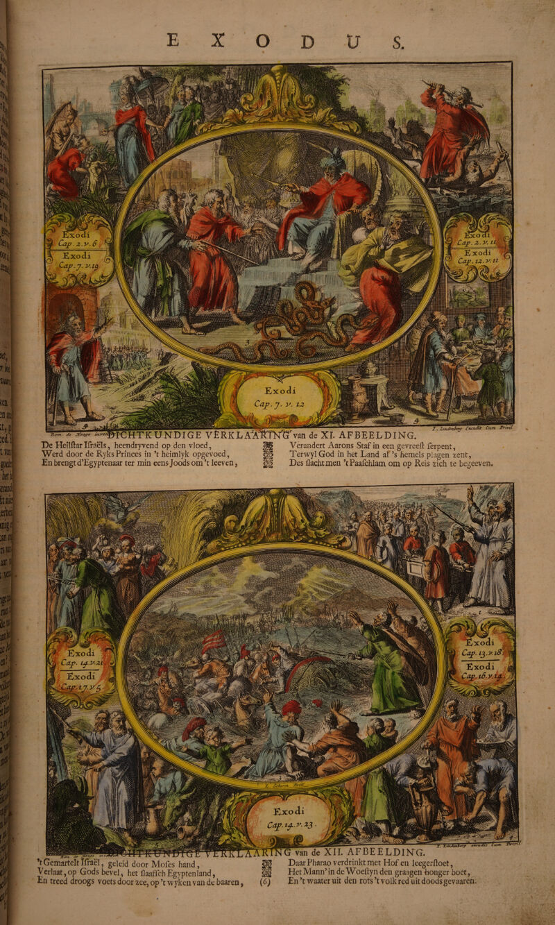 exodus. De Heilftar Ifraëls, heendryvend op den vloed, <$§» Verandert Aarons Staf in een gevreefl: ferpent, Werd door de RyksPrinces in ’t heimlyk opgevoed, ^ TerwylGod in het Land al ’s hemels plagen ient, En brengt d’Egyptenaar ter min eens Joods om’t leeven, ^ Des flachtmen ’tPaafchlam om op Reis zich te begecvem ’t Gemartelt Ifraë'l, geleid door Mofes hand, ^ E)aar Pharao verdrinkt met Hof en leegerftoet, Verlaat, op Gods bevel ^ het llaaffch Egyptenland, <§!§> Het Mann’ in de Wodlyn den graagen -honger boet,