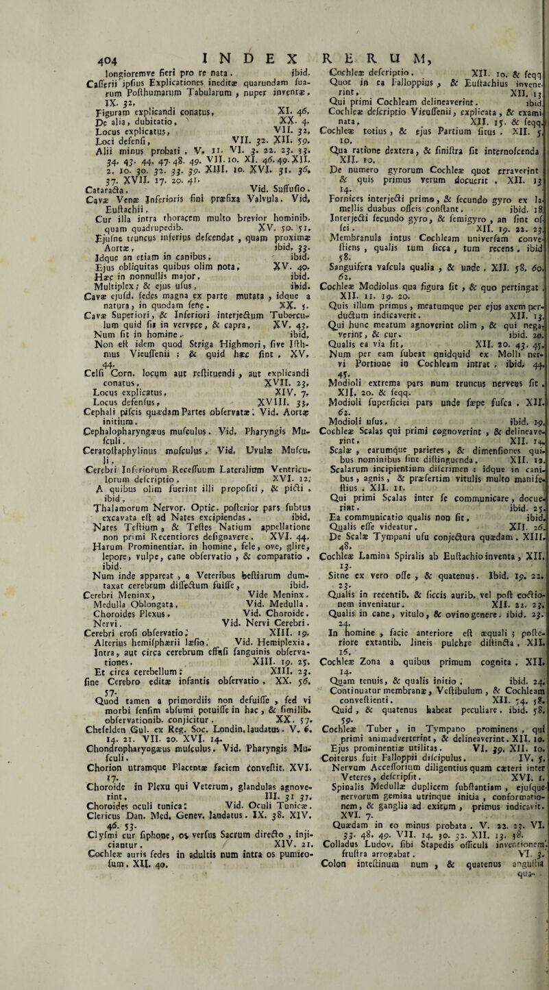 longiorcmve fieri pro re nata. ibid. CafTerjj ipfius Explicationes ineditae quarundam fua- rum pofthumaruin Tabularum , nuper inventae, IX- sit figuram explicandi conatus, XI. 46, De alia, dubitatio, N XX- 4. Locus explicatus, VII. 32, Loci defenfi, VII. 52. XII. 59, Alii minus probati , V. u* VJ. 3. 22. 25. 33. 54, 45. 44. 47.48. 49. VII-10. XI 46.49. XII, 2. 10. 30. 52. 33. 39. XUI. 10. AVI. 31. 30, 37. XVII. 17. 20. 41. Catarafla. Vid. Suffufio. Cavae Ven* Inferioris fini praefixa Valvula. Vid, Euftachii, Cur illa intra thoracem multo brevior hominib, quam quadrupedib. XV, 50. ?I, fjufne truncus inferius defcendat , quam proximae Aortae, jbid» 33. Idque an etiam in canibus, ibid. Ejus obliquitas quibus olim pota, XV. 40, Haec in nonnullis major, ibid. Multiplex; & ejus ufus, ibid. Cav® ejufd. fedes magna ex parte mutata , idque 3 natura? in quodam fene • XX. j. Cavae Superiori, Inferiori interje&pm Tube-rcu*- lum quid fit in yervpce, & capra, XV, 43, Num fit in homine,- ibid. Non ett idem quod Striga Highmori, fivc Jflli¬ mus VieufTenii ; & quid h*c fint , XV, 44' Celfi Corn. locum aut reftituendi ^ aut explicandi conatus, XVII. 23, Locus explicatus, XIV, 7, Locus defenfps, XVIII, 33, Cephali pifcis quaedam Partes obfervatae'. Vid. Aortap initium. Cephaiopharyngaeus mufculus. Vid, Pharyngis Mu*, fcpli • Ceratolfaphylinus mufpuJus , Vid, Uvulae Mufcu, Ji, Cerebri Inferiorum Receffuum Lateralium Ventricu- lorum defcriptio . XVI. 12; A quibus pjim fuerint illi prppofiti, $c pifti , ibid, Thalamorum Nervor. Optic. pofterior pars fubtus excavata elt ad Nates excipiendas . ibid. Nates Tefiium ? & Teftes Natium appellatione non primi Recentiores defignavere. XVI. 44, Harum Prominentiar. in homine, fele, ove, glire, lepore, vulpe, cane obfervatjo , & comparatio , ibid- Num inde appareat , a Veteribus befthrum dum* taxat cerebrum dilTe&um fuifle, ibid. Cerebri Meninx, Vide Meninx, Medulla Oblongata, Vid. Medulla, Choroidcs Plexus, Vid. Choroide, Nervi. Vid. Nervi Cerebri. Cerebri erofi obfervatio? XIII. 19. Alterius hemifphasrii laefio; Vid. Hemiplexia, Intra, aut circa cerebrum effnfi fanguinis obferva- tiones, XIII- 19. 23, Et circa cerebellum t XIII, 23. fine Cerebro edit» infantis obfervatio , XX. y<5, 57- Quod tamen a primordiis non defuifie , fed vi morbi fenfim abfumi potuilTe in hac, & fimilib. obfervationib. conjicitur , XX. >7* Chefelden (Sui. ex Reg. Soc. Londin, laudatos. V. 6. 14. 21. VII- 20. XVI. 14. Chondropharyogaeus muRulus. Vid. Pharyngis Mu-' fculi. Chorion utramque Placent* faciem ionveftit. XVI. 17• Choroide in Plexu qui Veterum, glandulas agnove¬ rint, III. 31 31. Choroidcs oculi tunica: Vid. Oculi Tunic*. Clericus Dan. Med. Genev, laudatus. IX. 38. XIV, 46- 53- . . .. Clyfmi cur fiphooe, 0% verfus Sacrum direfro , inji¬ ciantur . XlV. 21, Cochleae auris fedes in adultis num intra os pumico- fum, XII, 40. Cochleae defcriptio. XII. 10. & feqq Quot in ea palloppius , & Euftachius invene. rinr, xil. 13 Qui primi Cochleam delineaverint. ibid Cochleae defcriptio VieulTenii, explicata, & exami nata, XII. 15. & feqq. Cochleae totius , & ejus Partium ficus , XII. 5 10, Qua ratione dextera, & finiflra fit internofcenda XII. io. De numero gyrorum Cochleae quot erraverint & quis primus verum docuerit . XII. 13 z4* . fornices interjecti primo, & fecundo gyro ex Ia mellis duabus offeis conflant. ibid. ]8. Jnterje&i fecundo gyro, & femigyro , an fint of. fei. XII. 19. 22. 23, Membranula intus Cochleam univerfam conve. fliens , qualis tum ficta , tum recens . ibid 58. Sanguifera vafcula qualia , & unde . XIL 58, 60. 6 2, Cochleae Modiolus qua figura fit , & quo pertingat XII. 11, 19. 20. Quis illum primus, meatumque per ejus axem per. dudlum indicaverit. XII. 13 Qui hunc meatum agnoverint olim , & qui negar verint, & cur» ibid. 20. Qualis ea via fit, XII. 20. 43. 45. Num per eam fubeat quidquid ex Molli ner¬ vi Portione in Cochleam intrat , ibid, 44, 45» Modioli extrema pars num truncus nerveus fit . XII, 20. & feqq. Modioli fuperficiei pars unde faepe fufea . XII. 02. Modioli ufus, _ _ ibid. 1-9, Coctile* Scalas qui primi cognoverint , & delineave¬ rint, XII. r 4- Seal» , earumque parietes , & dimenfiones qui. bus nominibus fint diltinguenda. XII. 12 Scalarum incipientium dilcrimen : idque in cani¬ bus , agnis, & praefertim vitulis multo manife- ftius . XII. 11. Qui primi Scalas inter fe communicare, docue¬ rint. ibid. 2j Ea communicatio qualis non fit, ibid Qiialis efie videatur. XII. 26, De Scalae Tympani ufu conjeftura quaedam. XIII 48, Cochleae Lamina Spiralis ab Eultachio inventa, XII. Sitne ex vero olle , & quatenus. Ibid. 19. 22, *3: Qualis in recentib. & ficcis aurib, vel poft coftio- nem inveniatur. XII. 22. 23. Qualis in cane, vitulo, & ovino genere, ibid, 23. 24, In h omine , facie anteriore eft aequali j pofte- riore extantib. lineis pulchre dillincta , XII. 10. Cochleae Zona a quibus primum cognita , XII» T4* Quam tenuis, & qualis initio . ibid. 24, Continuatur membrana?, Veftibulum , & Cochleam eonveftienti. XII. 74. 58. Quid , & quatenus habeat peculiare, ibid. j8 59. Cochleae Tuber , in Tympano prominens , qui primi animadverterint, & delineaverint. XIL 10. Ejus prominenti* utilitas. VI. 39, XII. io. Coiterus fuit Falloppii dilcipulus. IV, y. Nervum Accefforium diligentius quam caeteri inter Veteres, defcripfit. XVI. 1. Spinalis Meduli* duplicem fubffantiam , ejufque- nervorum gemina utrinque initia , conformatio¬ nem, & ganglia ad exitum, primus indicavit. XVI. 7. Quaedam in eo minus probata . V. 22. 23. VI. 33. 48. 49. VII. 14. 30. 32. XII. 13. 38. Colladus Ludov. fibi Stapedis officuli inventionem’. frultra arrogabat. VI. 3. Colon inteftinura num , & quatenus angufha qua-