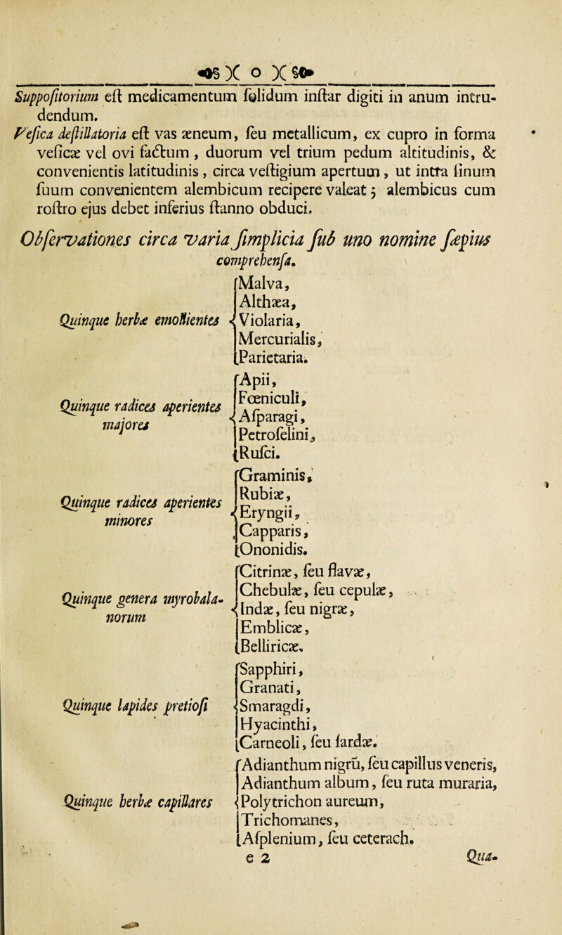 __ 05 x O X$€»____ Suppofitorium eft medicamentum (olidum inftar digiti in anum intru¬ dendum. Fefica dejliUatoria eft vas aeneum, feu metallicum, ex cupro in forma veficae vel ovi fadtum , duorum vel trium pedum altitudinis, & convenientis latitudinis, circa veftigium apertum, ut intra linum fuum convenientem alembicum recipere valeat 5 alembicus cum roftro ejus debet inferius ftanno obduci. Obfervationes circa varia Jimplicia fub uno nomine [repm cQmprehenfa. \ Malva, Althaea, Quinque herbae emollientes < Violaria, Mercurialis, Parietaria. 'Apii, Quinque radices aperientes Y?nicu !9 majores 1 Pctrolehni, {Rufci. [Graminis» 1 u u* Quinque radices aperientes 1X9 ^ 1 r -[Eryngu minores j Capparis, tOnonidis. Citrinae, feu flavae, Quinque genera myrobala. Chebube, feu cepute, norum «Ind*. feu nigre. Quinque lapides pretiofi Quinque herb<e capillares Emblicae Belliricae. 'Sapphiri, Granati, < Smaragdi, Hyacinthi, Carneoli, feu fardae. Adianthum nigra, feu capillus veneris, Adianthum album, feu ruta muraria, < Polytrichon aureum, Trichomanes, Afplenium, feu ceterach,